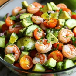 - Shrimp: 1 lb, peeled and deveined - Avocados: 2 ripe, diced into bite-sized pieces - Cherry Tomatoes: 1 cup, halved - Red Onion: 1 small, finely chopped - Cucumber: 1, peeled and diced - Dressing Components: olive oil, lime juice, honey, garlic powder - Salt and freshly ground black pepper to taste - Fresh cilantro or parsley for garnish This shrimp avocado salad is full of fresh flavors. Each bite brings joy. The main ingredients shine through, making it a vibrant dish. You need shrimp, ripe avocados, and cherry tomatoes. They blend well and create a delightful texture. Add red onion for a sharp taste and cucumber for crunch. The dressing is simple, yet it ties everything together. Olive oil and lime juice add a zesty kick. Honey gives it a hint of sweetness. Garlic powder adds depth to the flavor. Don’t forget the salt and pepper! They enhance all the tastes. For a pop of color, use fresh cilantro or parsley on top. This salad is perfect for a light meal or side dish. You can find the full recipe in the article to make it yourself! To cook the shrimp, fill a large pot with 4 cups of water. Bring it to a rapid boil. Add the shrimp and cook them for 2-3 minutes. Watch closely as they turn pink and opaque. This means they are done! Avoid cooking them too long. Overcooked shrimp become rubbery. Once cooked, drain the shrimp and rinse them under cold running water. This stops the cooking process. Let them cool before using. Grab a spacious mixing bowl. Add the cooled shrimp, diced avocados, halved cherry tomatoes, diced cucumber, and finely chopped red onion. Gently fold the ingredients together. Be careful to mix without mashing the avocados. This keeps the texture nice and creamy. Ensure all ingredients are evenly distributed. This helps every bite taste great. In a small bowl or a mason jar, measure out the dressing ingredients. Combine extra virgin olive oil, fresh lime juice, honey, garlic powder, salt, and black pepper. Whisk or shake until the dressing is smooth and well mixed. This emulsifying technique creates a nice blend. Drizzle the dressing over your salad mix. Toss it carefully to coat everything evenly. Enjoy the fresh flavors that come together in this delightful dish. Check out the Full Recipe for more detailed steps and tips! To cook shrimp just right, look for these signs: they should be pink and opaque. If they curl tightly, they may be overcooked. I recommend cooking shrimp for just 2-3 minutes. Once they are done, quickly rinse them under cold water. This stops the cooking process and helps keep them tender. You can serve shrimp avocado salad chilled or at room temperature. Chilling it enhances the fresh flavors. Try pairing the salad with tortilla chips for a crunchy side. A light soup or a simple green salad also complements this dish nicely. Want to add some heat? Toss in jalapeños or a spice blend. I also love adding fresh herbs like cilantro or dill for extra flavor. These herbs brighten the dish and make it pop. Experimenting with different herbs can elevate the taste to another level. {{image_4}} If you want a change from shrimp, you can use chicken or tofu. Both options work well and add great taste. For a vegetarian choice, try chickpeas. They bring a nice texture and protein to your salad. You can mix in fruits like mango or pomegranate. They add a sweet touch that pairs well with the shrimp. For crunch, consider adding bell peppers or radishes. These veggies bring freshness and color to your dish. Try a citrus-infused dressing for a zesty kick. Mix lime juice with orange juice for a bright flavor. If you want it dairy-free, use avocado oil instead of olive oil. For a low-calorie option, skip the honey or use a sugar substitute. This salad is all about creativity. Feel free to explore these variations and find what you love most in your shrimp avocado salad. For the complete recipe, check out the [Full Recipe]. To keep your shrimp avocado salad fresh, use an airtight container. Glass or plastic containers work well. The salad stays fresh for about 1-2 days in the fridge. After that, the avocado may brown and lose its taste. Reheating shrimp dishes can be tricky. I recommend not reheating this salad. Shrimp can become tough if overheated. If you must reheat, do it gently on low heat. Always check for warmth without cooking it further. Freezing avocado is not ideal. It becomes mushy when thawed. Instead, freeze the shrimp and other salad ingredients separately. This way, you can enjoy fresh flavors when ready to serve. You can prepare the shrimp and chop the veggies ahead of time. Just keep the shrimp cool in the fridge. Dice the avocados just before serving. This keeps them fresh and green. Mixing the salad too early can make the avocados mushy. Aim to combine everything right before you serve the salad. This keeps the salad looking great and tasting fresh. If you can’t use avocado, try Greek yogurt or hummus for creaminess. These options add a nice texture. You can also use mashed banana or silken tofu for a different twist. Fruits like mango or pear can give a sweet touch and similar feel. Dressings like a creamy ranch or tahini can also work well. Yes, this salad is quite healthy! Shrimp is high in protein and low in calories. Avocados provide healthy fats, which are great for your heart. The fresh veggies add vitamins and minerals. While the salad is nutritious, watch out for unhealthy fats if you add too much dressing. Keep your portions balanced for a wholesome meal. This blog post covered how to make a fresh shrimp avocado salad. You learned about the key ingredients, the cooking process, and tips for perfect textures. I also shared ways to store your salad and variations to keep it exciting. Remember, cooking can be fun and creative. Use the tips and tricks to craft your own delicious version. Enjoy making this healthy dish that everyone will love!