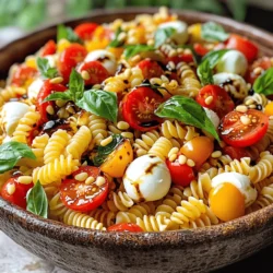 To make a Caprese Pasta Salad, you'll need: - 8 oz rotini or fusilli pasta - 1 pint cherry tomatoes, halved - 1 cup fresh mozzarella balls (bocconcini), halved - 1 cup fresh basil leaves, roughly chopped - 3 tablespoons extra virgin olive oil - 2 tablespoons balsamic glaze - 1 clove garlic, minced - Salt and freshly ground black pepper to taste - Optional: 1/4 cup pine nuts, toasted for garnish Each ingredient plays a key role in bringing this dish to life. When you pick your ingredients, focus on freshness. Here’s what I suggest: - Pasta: Choose high-quality pasta. Look for brands that use durum wheat. - Tomatoes: Opt for ripe, sweet cherry tomatoes. They add great flavor. - Mozzarella: Use fresh mozzarella balls. They provide creaminess and texture. - Basil: Choose vibrant, fragrant basil leaves. Fresh herbs make a big difference. - Olive Oil: Go for a good extra virgin olive oil for rich taste. - Balsamic Glaze: Use a high-quality glaze for depth and sweetness. Quality ingredients elevate your dish to new heights. Don’t have an ingredient? Here are some swaps: - Pasta: Use gluten-free pasta if needed. It works well too. - Tomatoes: Substitute with diced heirloom tomatoes for a twist. - Mozzarella: Try crumbled feta for a tangy flavor. - Basil: Use parsley or arugula if basil isn't available. - Pine Nuts: Substitute with sunflower seeds for a nut-free option. Feel free to get creative while keeping the essence of the Caprese dish. First, I bring a large pot of salted water to a boil. I use about 4 quarts of water for 8 ounces of pasta. I like rotini or fusilli for this salad because they hold sauce well. I add the pasta and follow the package directions to cook it until it is al dente. This usually takes about 8 to 10 minutes. Once the pasta is ready, I drain it in a colander. I rinse it under cold water to stop the cooking process. This cools the pasta so it works well in the salad. In a big mixing bowl, I add the cooled pasta. Then, I toss in 1 pint of halved cherry tomatoes. I also add 1 cup of fresh mozzarella balls, halved. Next, I sprinkle in 1 cup of roughly chopped fresh basil leaves. I stir gently to combine everything. I make sure to be careful not to mash the mozzarella. This mix of ingredients brings together great flavors and textures. To make the dressing, I take a small bowl. I whisk together 3 tablespoons of extra virgin olive oil and 2 tablespoons of balsamic glaze. Then, I add 1 clove of minced garlic, a pinch of salt, and some freshly ground black pepper. I mix it well until all the ingredients are blended. This dressing adds a rich, tangy flavor that ties the salad together. After the dressing is ready, I drizzle it over the pasta mixture. Then, I use a large spoon to gently toss everything until it's all coated. This process creates a fresh and flavorful Caprese Pasta Salad that is perfect for any occasion. For the full recipe, check out the details shared earlier. To make a great Caprese Pasta Salad, you need perfect pasta. Start with a large pot. Fill it with water and add salt. Use about 1 tablespoon of salt for every 4 quarts of water. Bring this water to a rolling boil. Add your rotini or fusilli pasta. Cook it according to the package instructions. Aim for an al dente texture. This means the pasta should be firm but not hard. Once cooked, drain the pasta in a colander. Rinse it under cold water to stop cooking. This cooling step is key for your salad. The dressing makes your salad shine. Use high-quality extra virgin olive oil for the best flavor. Whisk it with balsamic glaze, minced garlic, salt, and pepper. Combine well until smooth. Taste the dressing before adding it to the salad. Adjust seasoning if needed. A balanced dressing enhances the fresh ingredients. Drizzle the dressing over the salad just before serving. This keeps the pasta from getting soggy. Presentation is important for any dish. Serve your Caprese Pasta Salad in a large bowl. This allows guests to see the colorful ingredients. Garnish with fresh basil leaves for a bright touch. A light drizzle of balsamic glaze adds elegance. If you choose to add pine nuts, sprinkle them on top. This gives a nice crunch. Let the salad sit for 15 minutes before serving. This resting time helps the flavors blend well. Enjoy a beautiful and tasty dish! {{image_4}} You can easily add protein to your Caprese pasta salad. Cooked chicken is great for a hearty meal. Grilled chicken adds a nice smoky flavor. If you prefer a plant-based option, try grilled tofu. Just cut the tofu into cubes, marinate it, and grill until golden. It gives a nice texture and absorbs flavors well. Add about a cup of your chosen protein to the salad for balance. If you need a gluten-free option, many pastas work well. Look for rice or quinoa pasta. They cook similarly to regular pasta. Ensure you check the package for cooking times. I recommend using rotini or fusilli shapes for the best results. They hold the dressing and flavors nicely. This way, everyone can enjoy the dish without worry. Seasonal ingredients can elevate your Caprese pasta salad. In summer, add fresh corn or zucchini for sweetness. In fall, consider roasted butternut squash for a warm touch. You can also swap basil for arugula in the spring for a peppery twist. Always choose fresh, local produce when possible. It makes a big difference in taste and quality. Explore and make this salad your own! For the complete recipe, check out the [Full Recipe]. To keep your Caprese pasta salad fresh, store it in an airtight container. Make sure to cover it well. This will help keep the flavors intact. You can store it in the fridge for later use. Avoid placing it in direct sunlight or a warm area. This salad shines when served cold. If you prefer warm pasta, gently reheat it on low heat. Add a bit of olive oil to keep it moist. Stir it often to heat evenly. However, I recommend enjoying it cold for the best taste. The shelf life of this salad is about three days in the fridge. After three days, the ingredients may lose their freshness. The tomatoes and mozzarella can become mushy. Always check for any off smells or changes in texture. Make sure to consume it within this time frame for the best experience. For the full recipe and detailed steps, check out the Full Recipe. For Caprese Pasta Salad, rotini or fusilli work best. These shapes hold sauce well. They also add texture and bite. Other pasta shapes, like penne or farfalle, are good too. Choose any shape you enjoy. Yes, you can make Caprese Pasta Salad ahead of time. Just keep it in the fridge. It tastes even better when the flavors mix. However, try not to add the dressing until you’re ready to serve. This keeps the pasta from getting soggy. Caprese Pasta Salad is great for meal prep! It stores well in the fridge. You can have it for lunch or dinner throughout the week. Just remember to store the dressing separately. Mix it in when you’re ready to eat. For a detailed recipe, check out the Full Recipe. It guides you step by step. You will enjoy making this fresh and tasty dish! This blog post covered all you need for a tasty Caprese Pasta Salad. We discussed ingredients, how to cook pasta, and blend the salad. I shared tips for perfect flavor and smart storage. You learned about mixing in protein and making it gluten-free. Remember, you can customize this salad to your taste. Enjoy creating your own delicious Caprese Pasta Salad!