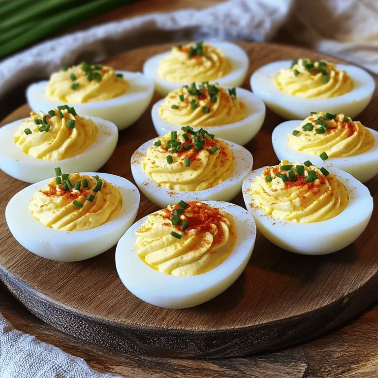 To make classic deviled eggs, gather your ingredients. Each one plays a key role in creating that rich, creamy flavor. Here’s what you need: - 6 large eggs - 1/4 cup mayonnaise - 1 teaspoon Dijon mustard - 1 teaspoon apple cider vinegar - 1/4 teaspoon garlic powder - Salt and pepper to taste - Smoked paprika for garnish - Fresh chives, finely chopped for garnish These simple ingredients come together to make an irresistible treat. The eggs provide a nice base, while the mayonnaise and mustard add creaminess and tang. The apple cider vinegar gives a subtle zing, and garlic powder rounds out the flavor. Don't forget the salt, pepper, and garnishes for a touch of style. For a full recipe, check out the details in the earlier section. With these ingredients, you’re ready to whip up a batch that will impress everyone at your table. Start by placing the eggs in a medium pot. Fill the pot with cold water until the eggs are covered by one inch. Turn the heat to medium-high. Bring the water to a rolling boil. Once boiling, cover the pot with a lid and remove it from the heat. Let the pot sit for exactly 12 minutes. This resting time cooks the eggs evenly, making them perfect for deviling. After 12 minutes, carefully transfer the eggs to a bowl filled with ice water. This ice water bath stops the cooking process. It also cools the eggs quickly, taking about 5 to 10 minutes. For easy peeling, do this under cool running water. Tap each egg gently on a hard surface. Start peeling the shell from the wider end where there is often an air pocket. In a bowl, add the yolks from the peeled eggs. Mix in the mayonnaise, Dijon mustard, apple cider vinegar, garlic powder, and a pinch of salt and pepper. Use a fork to mash the yolks and combine all the ingredients. Aim for a smooth and creamy texture. You want it to be thick enough to hold its shape but spreadable. You can fill the egg whites using a spoon or a piping bag. A piping bag fitted with a star tip makes it look fancy. Carefully fill each egg white half with the yolk mixture. For a beautiful presentation, pipe the mixture in a swirling pattern. Place the filled eggs on a serving platter. For the full recipe, check out the details above! To avoid a grainy texture in your deviled eggs, start by mashing the yolks well. Use a fork to break them up before adding any ingredients. This helps create a smooth base. If you find it still grainy, try a food processor. It makes the filling even smoother. For a creamier filling, add more mayonnaise. You can also use Greek yogurt for a tangy twist. Mix in a little apple cider vinegar to brighten flavors. Always taste as you go. Adjust the seasoning to suit your palate. Plating your deviled eggs can elevate them. Use a colorful platter to make them pop. Arrange them in a circle or a fun pattern. This adds visual interest. When garnishing, consider using smoked paprika. It adds color and flavor. Fresh chives also work well for a touch of green. Cut them finely for a delicate look. You could even use tiny dollops of extra filling on top for added flair. Deviled eggs pair well with many side dishes. Try them with a light salad or fresh veggies. They also complement grilled meats nicely. These eggs are perfect for gatherings. Serve them at picnics, parties, or holiday meals. They are a crowd favorite and always disappear quickly! {{image_4}} To make your deviled eggs pop, try adding relish or pickles. A spoonful of sweet relish adds a nice crunch and tang. It lifts the flavor and adds a fun twist. If you like heat, spice it up with hot sauce. A few drops can make your eggs sing. You can adjust the amount based on your taste. If you want a lighter option, use Greek yogurt instead of mayo. It gives a creamy texture with fewer calories. Plus, Greek yogurt adds a nice tang. For a vegan version, try mashed avocado or silken tofu in your filling. Both options are rich and tasty. You can also create holiday-themed deviled eggs. For Easter, use pastel colors by dying the egg whites. For Halloween, add black olives for a spooky look. Regional twists are fun too! In the South, consider adding pimento cheese to the filling. Each variation tells a story and makes your dish special. For more ideas and details, check the Full Recipe. To keep your deviled eggs fresh, store them in an airtight container. This helps prevent them from drying out or soaking up any odors from your fridge. Place a piece of wax paper between the eggs and the lid for extra protection. It’s best to eat them within 2 days for optimal taste. Safety tips for refrigerated storage: - Always refrigerate the deviled eggs within two hours after making them. - Keep them at a temperature below 40°F (4°C). - If you see any signs of spoilage, like an off smell or discoloration, discard them immediately. You might wonder, can you freeze deviled eggs? The answer is no; freezing alters their texture. When thawed, the eggs become watery and grainy. The creamy filling does not hold up well either. Best practices for freezing: - If you have extra yolk filling, you can freeze that, but not the whole egg. - Use a freezer-safe container and label it with the date. - When ready to use, thaw the filling in the fridge overnight. Then, mix in fresh ingredients for the best flavor. For the full recipe, check out the Devilish Delight Deviled Eggs. Deviled eggs last about 3 to 4 days in the fridge. Make sure to store them in an airtight container. This keeps them fresh and prevents odors from other foods. If they start to smell off or look different, it's best to toss them. Yes, you can make deviled eggs a day in advance. Prepare the filling and store it separately from the egg whites. This keeps the egg whites from getting soggy. Just fill the egg whites right before serving for the best taste and texture. You can use Greek yogurt instead of mayonnaise. It adds creaminess and a slight tang. Other options include avocado or hummus for a healthier twist. Each substitute gives a unique flavor to the deviled eggs. To check if boiled eggs are done, you can use the time method. Boil them for 12 minutes for hard-boiled eggs. You can also spin the egg on a flat surface. If it spins easily, it's cooked. If it wobbles, it might still be raw inside. Deviled eggs date back to ancient Rome. They served eggs with spices and sauces. The term "deviled" came later, around the 18th century. It described spicy foods. Today, deviled eggs are a popular dish for parties and holidays. They remain a favorite for their simple yet tasty flavor. You can find my full recipe for these classic snacks in this article. In this post, I covered how to make delicious deviled eggs. We explored the key ingredients and step-by-step instructions. I shared tips for achieving the perfect filling and explained how to present them well. You can also try different flavors and variations to suit your taste. Remember to store leftovers properly for safe enjoyment. Enjoy your deviled eggs at your next gathering or as a snack. With these tips, you can impress everyone with your cooking skills. Happy cooking!