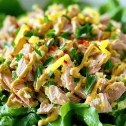 - Canned tuna (water-packed) - Olive oil - Fresh garlic - Lemon zest and juice - Dijon mustard - Honey - Sea salt and black pepper - Fresh parsley - Red pepper flakes for spice When making Zesty Lemon Garlic Tuna, gather simple yet fresh ingredients. I love using canned tuna packed in water for a clean taste. This tuna is easy to find and makes meal prep quick. Next, I always opt for extra virgin olive oil. It adds richness and depth to the dish. Fresh garlic brings a bold flavor that combines well with the lemon. Using both lemon zest and juice brightens the dish and enhances its zing. For added flavor, I whisk in Dijon mustard and a touch of honey. This combination balances the acidity of the lemon. I season with sea salt and black pepper to taste. Fresh parsley is a must for that burst of color and freshness. If you like a kick, consider adding red pepper flakes. They bring just the right amount of heat without overpowering the dish. This recipe is simple, flavorful, and perfect for any meal. You can find the full recipe [here]. 1. Draining and combining tuna with garlic and zest: Start by opening the two cans of tuna. Drain them well to remove all excess water. In a medium-sized bowl, add the drained tuna. Next, add the minced garlic and lemon zest. Stir gently, but be careful not to break the tuna too much. You want to keep some nice, chunky pieces. 2. Whisking together the dressing: In a separate small bowl, combine the olive oil, fresh lemon juice, Dijon mustard, honey, and a pinch of sea salt and black pepper. Use a whisk to blend these ingredients. Keep whisking until the dressing looks smooth and well mixed. This step is vital for a balanced flavor in your dish. 1. Incorporating the dressing into the tuna mixture: Carefully pour the dressing over the tuna mixture. Using a spatula, gently fold the dressing into the tuna. Make sure everything is coated evenly. Avoid stirring too hard so that the tuna remains chunky and flavorful. 2. Adding parsley and adjusting seasoning: Now, sprinkle the chopped parsley on top of the tuna mixture. Fold it in gently for a fresh taste. After that, taste your mixture. If needed, add more salt, pepper, or lemon juice to enhance the flavors. This step allows you to make it just right for your palate. - Best practices for chilling and presenting the dish: To get the best flavor, cover the bowl with plastic wrap. Place it in the fridge for at least 20 minutes. This chilling time helps all the zesty flavors blend. When ready to serve, present the tuna on a bed of fresh greens, in a crusty sandwich, or inside avocado halves. For a colorful touch, add lemon wedges and extra parsley on the plate. Enjoy your zesty lemon garlic tuna! To keep your tuna chunky, use a fork to flake it gently. Avoid stirring too hard. This way, you maintain nice, big pieces. If you want to adjust flavors, taste your mix first. You can add more lemon juice or salt to suit your taste. A splash of extra virgin olive oil can also enhance the dish. Store leftover tuna in an airtight container. It can last up to three days in the fridge. For a fun twist, try serving it in avocado halves or on cucumber slices. You can also layer it in a sandwich or wrap. Both options give a fresh, crunchy bite. For the best flavor, chill the tuna for at least 20 minutes. This chilling time allows the flavors to blend together. If you have more time, letting it sit longer can enhance the taste even more. So don’t rush; the extra time is worth it! {{image_4}} You can change the canned tuna for other canned fish. Try using canned salmon, sardines, or mackerel. Each will bring its unique taste to the dish. You can also swap out the parsley for other herbs. Dill or cilantro can add fresh notes to your tuna. This gives your meal a new twist without much effort. To make this dish gluten-free, use gluten-free mustard. Most canned tuna is gluten-free, so it fits well. If you want to keep it low-carb, skip the honey. You can also add chopped veggies like bell peppers or cucumbers for crunch. They add texture without extra carbs. You can serve Zesty Lemon Garlic Tuna in many ways. For light bites, scoop it onto cucumber rounds or endive leaves. This makes for a great appetizer. If you want something more filling, serve it in a whole-grain wrap or on crusty bread. You can even stuff it into avocado halves. Each style offers a fun way to enjoy this tasty dish. For the full recipe, check out the Zesty Lemon Garlic Tuna Delight. You can store your Zesty Lemon Garlic Tuna in the fridge for up to three days. Keep it in a sealed container to prevent odors from spreading. The flavors will deepen as it chills, making it even tastier the next day. You can freeze this tuna salad, but it may change texture. Place it in an airtight container or a freezer-safe bag. Squeeze out any extra air to prevent freezer burn. Use it within three months for the best taste. Thaw it in the fridge overnight before serving. To reheat, do it gently. Place the tuna in a microwave-safe dish. Heat it in short bursts of 20 seconds. Stir in between to ensure even warming. Avoid overheating, as this can dry out the tuna and ruin the flavor. Enjoy it warm, or serve it cold for a refreshing meal. Yes, you can use fresh tuna. Fresh tuna adds a nice texture. If you choose fresh, sear it lightly for a few minutes on each side. This method gives a nice crust while keeping the center rare. You can also use cooked tuna if you prefer. Just make sure to season it well to match the recipe. You have many tasty options! Here are some ideas: - Mixed greens with a light vinaigrette - Crispy crackers or fresh bread - Avocado slices for creaminess - Roasted vegetables for a warm touch - Quinoa or rice for a hearty side These sides enhance the dish's bright flavors and create a balanced meal. Zesty Lemon Garlic Tuna stays fresh for up to three days in the fridge. Store it in an airtight container. This keeps it safe and tasty. If you notice any changes in smell or color, it’s best to toss it. For the best taste, eat it within the first day or two. You can also check the [Full Recipe] for more details on preparation and storage! This blog post covered how to make Zesty Lemon Garlic Tuna using easy ingredients. You learned about the main and optional ingredients, followed step-by-step instructions, and found tips for storing and serving. Remember, you can tweak flavors and experiment with different fish types. Enjoy this dish as a light meal or appetizer. It's simple, tasty, and sure to impress anyone. Make it your own, and have fun while cooking!