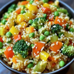To make a tasty vegetable fried rice, you need the right ingredients. Here is what you will need: - 2 cups cooked jasmine rice (preferably chilled) - 1 cup mixed bell peppers, diced (red, yellow, and green for variety) - 1 cup fresh broccoli florets - 1 cup peas (can be fresh or frozen) - 2 medium carrots, diced - 2 green onions, sliced (reserve some for garnish) - 3 cloves garlic, minced - 2 tablespoons low-sodium soy sauce - 1 tablespoon sesame oil - 1 tablespoon vegetable oil - 1 teaspoon fresh ginger, grated - Salt and pepper to taste - Optional: 2 large eggs, beaten (adjust portion for vegetarian preference) Using chilled rice is key for best results. Chilled rice helps keep the grains separate. Freshly made rice can become sticky when fried. Plan ahead and refrigerate your rice for at least a few hours or overnight. You can also customize your dish with optional ingredients. Try adding mushrooms, corn, or spinach. You can add tofu or chicken for extra protein. Feel free to mix and match based on what you have. Enjoy making it your own! To make vegetable fried rice, start with a hot skillet. Use a large skillet or wok to give your veggies room to cook. Heat vegetable oil on medium-high until it shimmers. Add minced garlic and fresh ginger. Sauté them for about 30 seconds. Watch closely to avoid burning. Add diced bell peppers, carrots, and broccoli. Stir-fry these for 3-4 minutes. You want them to soften and brighten. Then, stir in peas and cook for another minute. This warms them up nicely. Now, if you’re using eggs, create a space in the skillet. Pour in the beaten eggs and scramble until fully cooked. Then fold them into the mix. Next, add chilled jasmine rice to the skillet. Use a spatula to break up any clumps. Then drizzle soy sauce and sesame oil over everything. Stir well for 2-3 minutes to heat through. This step is key for flavor. Finally, season with salt and pepper. Stir in sliced green onions but save some for garnish. Remove the skillet from heat. Timing is crucial here to keep the veggies crunchy. To get the best texture, serve the rice right away. It should be fluffy and warm. For a nice look, serve in bowls. Top each with extra green onion slices and sesame seeds. A drizzle of sesame oil adds a final touch. Enjoy every bite! Stir-frying vegetables is simple. Use high heat and a large skillet or wok. This helps to cook quickly and evenly. - Cut vegetables small: This allows them to cook fast. Aim for uniform sizes for even cooking. - Keep stirring: This prevents burning and ensures all sides cook well. - Add vegetables in stages: Start with harder ones like carrots and broccoli. Add softer ones like bell peppers later. To prevent rice from becoming mushy, use chilled, cooked rice. Fresh rice holds moisture, which can lead to a soggy meal. Here are some tips: - Spread cooked rice: Spread it on a plate after cooking. This cools it down quickly and dries it out. - Use day-old rice: If you have leftovers, they will work best. The grains will separate well. To add more flavor, consider these suggestions: - Soy sauce: This adds a rich umami taste. Use low-sodium for a healthier option. - Sesame oil: A little goes a long way. It adds a nutty flavor that makes the dish special. - Garlic and ginger: Fresh minced garlic and ginger brighten the dish. Add them early while cooking. For heat, try these tips: - Chili flakes or sauce: If you like spice, add a pinch of chili flakes or a drizzle of hot sauce. - Adjust to taste: Start with a little and add more if needed. Taste as you go. These small changes can make your vegetable fried rice more exciting and personal. {{image_4}} You can change up your vegetable fried rice in many ways. First, try different vegetables to mix in. Here are some great options: - Zucchini, diced - Mushrooms, sliced - Corn, fresh or frozen - Snap peas, chopped Adding these veggies can boost flavor and color, making your dish pop. You can also play with proteins. If you want some extra protein, consider these choices: - Tofu, cubed and sautéed - Shrimp, peeled and deveined - Chicken, diced and cooked These proteins work well with the rice and add heartiness to your meal. If you have dietary needs, you can still enjoy this dish. For those who need gluten-free options, use tamari instead of soy sauce. This simple swap keeps the flavor while meeting your needs. For vegetarian or vegan adaptations, skip the eggs or use tofu instead. Tofu can add protein and texture without any animal products. You can also add nuts like cashews or peanuts for crunch. This way, everyone can enjoy a tasty and filling meal! For the full recipe, check out the detailed instructions above. To keep your leftover vegetable fried rice fresh, place it in an airtight container. This helps lock in moisture and flavor. Let the rice cool to room temperature before storing. You can keep it in the fridge for up to four days. When you want to eat it again, reheat it in a skillet or microwave. Add a splash of water to prevent it from drying out. Heat until it is hot all the way through. If you want to save your vegetable fried rice for later, freezing is a great option. First, let the rice cool completely. Then, portion it into freezer-safe bags or containers. Remove as much air as possible to avoid freezer burn. You can store it in the freezer for up to three months. When you’re ready to eat, thaw it in the fridge overnight. Reheat it on the stove or in the microwave, adding a little water if needed. This keeps the rice moist and tasty. You can find the full recipe for making this dish in the earlier sections. What type of rice is best for fried rice? I recommend using jasmine rice. Its fluffy texture works well in fried rice. Day-old or chilled rice is best. Freshly cooked rice can be too moist and sticky. Can I make fried rice ahead of time? Yes, you can make fried rice ahead of time. Just store it in an airtight container. Refrigerate it for up to three days. To reheat, warm it in a skillet. Is vegetable fried rice healthy? Vegetable fried rice can be healthy. It includes a variety of vegetables. You can adjust the oil and soy sauce to make it lighter. What to do if the rice is too sticky? If your rice is sticky, try adding a bit of oil while cooking. This will help separate the grains. Also, use chilled rice next time for better results. How can I make fried rice with fresh rice instead of chilled? If using fresh rice, spread it out on a baking sheet. Let it cool for about 30 minutes. This will help remove excess moisture before frying. Vegetable fried rice is easy to make with the right ingredients and steps. Using chilled rice helps achieve the perfect texture. Remember to stir-fry your vegetables quickly for the best flavor. You can customize your dish with different proteins or adjust spices for your taste. Store leftovers in the fridge or freeze them for later. With these tips, you can create a delicious meal that fits your diet. Enjoy experimenting with variations and making it your own. Happy cooking!