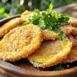 - 2 medium eggplants, sliced into 1/4-inch thick rounds - 1 cup all-purpose flour - 1 teaspoon garlic powder - 1 teaspoon onion powder - 1 teaspoon paprika - Salt and freshly ground black pepper to taste - 2 large eggs, beaten until smooth - 1 cup panko breadcrumbs - Vegetable oil, for frying - Fresh parsley or basil, chopped, for garnish (optional) Crispy fried eggplant is a fun dish to make. The right ingredients make all the difference. Start with fresh, medium-sized eggplants. Slice them into 1/4-inch rounds. This size helps them cook evenly. Next, you need some flour. It helps create a nice crust. Garlic powder, onion powder, and paprika add great flavor. Don’t forget the salt and pepper! They enhance the taste of the eggplant. You also need two large eggs. Beating them until smooth helps them coat the eggplant well. For that extra crunch, use panko breadcrumbs. They are lighter than regular breadcrumbs and make the fried eggplant crispy. Finally, you will need vegetable oil for frying. The oil should be hot enough to fry but not too hot. You can garnish the finished dish with fresh parsley or basil. This adds color and freshness. For the full recipe, check the detailed steps to create this delicious delight! Start with two medium eggplants. Slice them into 1/4-inch thick rounds. Lay the slices on a baking sheet. Sprinkle them generously with salt. This helps draw out moisture and any bitterness. Let them rest for about 30 minutes. After resting, rinse the eggplant under cold water. Pat the slices dry using paper towels. This step is crucial for crispy fried eggplant. In a shallow bowl, combine these ingredients: - 1 cup all-purpose flour - 1 teaspoon garlic powder - 1 teaspoon onion powder - 1 teaspoon paprika - Salt and freshly ground black pepper to taste Stir the mixture well. Make sure everything is combined evenly. This will be the first layer of flavor. Next, prepare for the breading. Set up your egg dip and panko breadcrumbs. In a second bowl, beat two large eggs until smooth. In a third bowl, pour 1 cup of panko breadcrumbs. This gives the eggplant its crispy texture. Take each eggplant slice. First, dip it into the flour mixture. Ensure it is fully coated. Then, shake off any excess flour. Next, dip it into the beaten eggs. Make sure the slice is covered well. Let the excess egg drip off. Finally, roll it in the panko breadcrumbs. Press gently to help the crumbs stick. Repeat this until all slices are breaded. Heat vegetable oil in a deep frying pan. You want about 1/2 inch of oil in the pan. Warm the oil over medium heat until it reaches 350°F (175°C). This is the perfect temperature for frying. Carefully add breaded eggplant slices into the hot oil. Don’t overcrowd the pan. Fry each side for about 3-4 minutes. Look for a golden brown color and crispy texture. Use a slotted spoon to gently flip them. When they are finished, transfer them to a plate lined with paper towels. This will help soak up extra oil. Enjoy your crispy fried eggplant while it's warm! For the full recipe, check out the complete guide. Panko breadcrumbs are key for that crunch. They create a light, airy texture. Regular breadcrumbs just don't compare. Use panko for best results. Oil temperature matters too. Heat your oil to about 350°F (175°C). This helps the eggplant fry evenly. If the oil is too cool, the eggplant can soak up oil. This makes it soggy. The salt resting method is a game changer. Sprinkle salt on the eggplant slices and let them rest for 30 minutes. This draws out moisture and any bitter flavor. After resting, rinse and dry them well. After frying, drain the eggplant on paper towels. This step helps soak up excess oil. It keeps the eggplant crispy and tasty. Pair fried eggplant with tasty dips. A tangy marinara or creamy ranch works well. You can also try tzatziki for a fresh twist. For garnishing, fresh herbs like parsley or basil add color. They also enhance the flavor. A sprinkle of grated parmesan can elevate the dish too. Try the full recipe to create your crispy fried eggplant delight! {{image_4}} You can change the flavor of your crispy fried eggplant easily. For a spicy kick, add cayenne or chili powder to the flour mix. This adds heat and bold taste. If you prefer a Mediterranean vibe, use Italian herbs like oregano or basil. These herbs bring fresh, aromatic notes to the dish. If you need gluten-free options, try using almond or chickpea flour instead of all-purpose flour. Both options work well and give a unique taste. You can also bake the eggplant instead of frying it. Bake them at a high temperature for a healthier twist. This method cuts down on oil but still gives you a crispy finish. To keep leftover fried eggplant fresh, let it cool first. Place it in an airtight container. This helps to trap moisture and keep the eggplant crisp. If you have room, store the fried eggplant in the fridge. It will last about 3 to 4 days. For reheating, avoid the microwave. Instead, use an oven or air fryer. Preheat your oven to 375°F (190°C). Place the eggplant on a baking sheet. Bake for about 10 minutes or until it turns crispy again. This method helps restore its crunchiness. You can freeze fried eggplant, but it’s best to do it right. First, let the eggplant cool completely. Then, lay the slices on a baking sheet, so they don’t touch. Freeze them for about an hour. After that, transfer them to a freezer bag. This way, they won’t stick together. For best quality, use the frozen eggplant within 2 to 3 months. When ready to eat, thaw the slices in the fridge overnight. Reheat them in the oven for extra crispiness. Enjoy your crispy fried eggplant from the freezer! You can make crispy fried eggplant without frying by using an air fryer or baking. Here’s how: - Air Fryer: Preheat your air fryer to 375°F (190°C). Coat the eggplant slices with oil and seasonings. Place them in the basket in a single layer. Cook for about 10-15 minutes, flipping halfway. They will turn golden and crispy! - Baking: Preheat your oven to 400°F (200°C). Place the breaded eggplant on a baking sheet lined with parchment paper. Spray lightly with cooking oil for a crisp finish. Bake for 20-25 minutes, flipping halfway for even browning. Using these methods gives you a healthier version while still keeping that crunch. Soggy fried eggplant often comes from a few common mistakes. Here’s what to avoid: - Not Salting Enough: Salt draws out moisture. If you skip this step, eggplant retains too much water. Always salt and let them rest before rinsing. - Overcrowding the Pan: Frying too many pieces at once cools the oil too fast. Fry in small batches to keep the oil hot. - Wrong Oil Temperature: If the oil isn't hot enough, eggplant absorbs more oil. Aim for around 350°F (175°C) when frying. Fix these issues, and you'll have crispier eggplant every time! Yes, you can use different types of eggplant for frying! Here are some popular options: - Japanese Eggplant: This variety is long and thin. It’s sweeter and less bitter. It fries up crispy and tender. - Italian Eggplant: This is the classic choice. It has a smooth skin and is great for frying. - Graffiti Eggplant: Known for its unique stripes, this type has a mild flavor and works well in this recipe too. Feel free to experiment with any eggplant you find! Crispy fried eggplant pairs perfectly with many dishes. Here are some ideas: - Dipping Sauces: Try marinara, tzatziki, or a spicy aioli for a tasty dip. - Salads: Serve alongside a fresh salad with tomatoes and cucumbers for a refreshing crunch. - Pasta Dishes: Add crispy eggplant to pasta for a rich flavor. - Sandwiches: Use in a sandwich with fresh veggies and hummus for a delicious, filling meal. These pairings enhance the eggplant's flavor and make for a well-rounded meal. For the full recipe, check out the provided instructions! Fried eggplant is a delicious treat you can make at home. We covered all the steps—from choosing fresh eggplants to preparing the perfect coating. I shared tips for achieving crunchiness and preventing sogginess. You can now experiment with different flavors and even explore healthier cooking methods. Remember, fried eggplant pairs well with many dips and sauces. With these tricks, you can enjoy great meals and snacks. Try these methods to impress your friends and family!