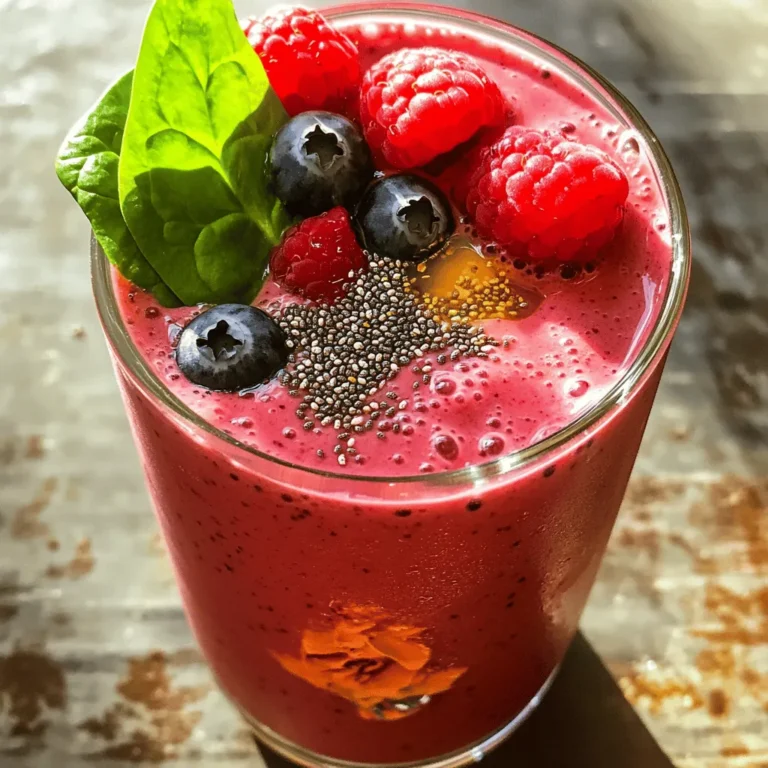 To create a healthy breakfast smoothie, we need a few key ingredients. These items add flavor, nutrition, and energy. For the Energizing Berry Banana Smoothie, you'll want to gather: - 1 ripe banana, sliced into rounds - 1 cup mixed berries (such as strawberries, blueberries, and raspberries) - 1/2 cup fresh spinach leaves, washed and stems removed - 1 cup unsweetened almond milk - 1 tablespoon chia seeds - 1 tablespoon natural peanut butter or almond butter (your choice) - 1 tablespoon honey or maple syrup (optional, for added sweetness) - Ice cubes (optional, for a chilled and thicker smoothie) Each of these ingredients plays a role in making your smoothie both tasty and healthy. Now, let’s talk about the health benefits of these ingredients. Bananas are a great source of potassium. They help keep your heart healthy. Mixed berries are packed with vitamins and antioxidants. They can boost your immune system and improve skin health. Spinach provides iron and vitamins. It helps keep your energy levels high and supports your overall health. Using unsweetened almond milk is important too. It keeps the smoothie creamy without adding extra sugar. This helps you stay on track with your health goals. Plus, it’s dairy-free, making it great for those who are lactose intolerant. With these ingredients, your smoothie will be energizing and nutritious. You’ll feel ready to take on the day! For a complete guide, check out the Full Recipe. To make this smoothie, you will blend several tasty ingredients. Start with the sliced banana and mixed berries. I find that putting these at the bottom helps them blend better. Next, add the fresh spinach leaves. This makes your smoothie green and adds great nutrition. Pour in the unsweetened almond milk. This will make your smoothie creamy and smooth. Then, sprinkle in the chia seeds. They add fiber and healthy fats. Don't forget to scoop in the peanut or almond butter for a nutty taste. If you like your smoothie sweet, add honey or maple syrup now. Blend everything on high until it’s smooth. If you want a colder drink, toss in some ice cubes and blend again. To get the right thickness, you can adjust the almond milk. If your smoothie is too thick, add a little more milk. If it's too thin, blend in more frozen fruit. For extra sweetness, taste your smoothie after blending. You can add more honey or syrup if needed. Blend briefly again to mix any new ingredients. The goal is a smoothie that is creamy, smooth, and just right for you. Enjoy it right away for the best taste! For the full recipe, check out the details above. To get the best results from your smoothie, blending technique matters. Start by layering your ingredients in the blender. Place the softer items, like banana and berries, at the bottom. This way, they blend better. Add leafy greens and chia seeds next. Finally, pour in the almond milk. Use a high-speed setting for a smooth blend. If your blender has a pulse option, use it to break up any clumps. Blend until your mix is creamy and smooth. If the smoothie is too thick, add more almond milk or water. Blend again until you reach the desired consistency. You can easily boost your smoothie’s health benefits with some add-ins. Here are a few ideas: - A scoop of yogurt for extra creaminess and protein. - A tablespoon of flaxseeds for more Omega-3s. - A quarter of an avocado for healthy fats and richness. - A dash of cinnamon for flavor and health perks. For garnishing, consider these simple options: - Whole berries on top for a fresh look. - A sprinkle of chia seeds for extra crunch. - A slice of banana on the rim of your glass for fun. These small touches make your smoothie more appealing and nutritious. Enjoy exploring different flavors! For the full recipe, check out the Energizing Berry Banana Smoothie. {{image_4}} You can easily make this smoothie fit your diet. If you need gluten-free options, you’re in luck! All the ingredients in the Energizing Berry Banana Smoothie are naturally gluten-free. For those following a vegan or dairy-free diet, just use almond milk as your base. It’s light and creamy without any dairy. If you have nut allergies, you can swap nut butter for sunflower seed butter. This keeps the flavor and adds healthy fats without the risk. Smoothies can change with the seasons. In spring and summer, use fresh fruits like peaches, mangoes, or cherries. These add a sweet and vibrant twist. In fall and winter, try adding spices like cinnamon or nutmeg. You can also use seasonal fruits like oranges or pears. If you want a tropical vibe, mix in coconut milk and pineapple. For a winter-inspired smoothie, use warming spices and frozen berries. No matter the season, you can find great flavors to keep your smoothies exciting! To keep your smoothie fresh, store it in an airtight container. Glass jars work well. You can refrigerate your smoothie for up to 24 hours. The color may change, but it will still taste good. If you want to save it longer, freezing is a great option. Pour the smoothie into ice cube trays or freezer bags. This way, you can grab a smoothie whenever you want. If your smoothie sits in the fridge, it may separate. Just give it a good shake or stir. If it's too thick, add a splash of almond milk. Blend it again to mix everything well. For frozen smoothies, let them thaw in the fridge overnight. You can also blend them while still frozen. This will give you a thick, cold treat. Enjoy your energizing berry banana smoothie later with the same great taste as when you first made it! Breakfast smoothies offer many health benefits. They are quick to make and easy to enjoy. You get a good mix of fruits and veggies in every sip. This helps you get your daily vitamins and minerals. Smoothies can boost your energy and keep you full longer. They also aid digestion, thanks to fiber-rich ingredients. Plus, you can customize them to fit your taste and needs. Yes! You can prepare breakfast smoothies ahead of time. Just blend your ingredients and store them in a sealed container. Keep them in the fridge for up to 24 hours. If you want to save them longer, freeze your smoothies in ice cube trays. When you're ready to enjoy, blend the cubes with a bit of liquid. This way, you have a fresh smoothie anytime. To make your smoothie protein-packed, add a few key ingredients. You can include yogurt for creamy texture and protein. Protein powders are also great for a quick boost. Chia seeds or hemp seeds are excellent options too. They add healthy fats and extra protein without changing the taste much. These additions will help you feel full and satisfied longer. For the full recipe, check out the Energizing Berry Banana Smoothie. To sum up, a nutritious breakfast smoothie can boost your energy and health. We discussed key ingredients like bananas, berries, and spinach, showing their benefits. I shared tips for making your smoothie perfect, from blending techniques to enhancing flavors. You can customize smoothies for your dietary needs or seasonal fruits. Store them properly for freshness and enjoy a quick breakfast all week. With a little planning, you can create healthy, delicious smoothies that fit your lifestyle. Start blending today for a better you!