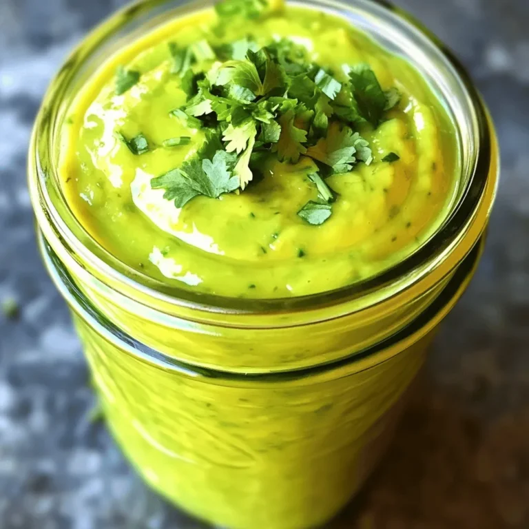 This avocado lime dressing shines with its simple yet fresh ingredients. Each one plays a key role in flavor and texture. - Avocado: This creamy fruit adds richness and healthy fats. - Fresh lime juice: This brings a bright, zesty note that wakes up the dish. - Greek yogurt: This adds a tangy flavor and smooth texture. - Honey or agave syrup: A touch of sweetness balances the tartness. - Garlic: This gives a savory kick to the dressing. - Ground cumin: This adds warmth and depth to the flavor. - Salt and pepper: These enhance all the flavors. - Fresh cilantro: Optional, but it adds a nice herbal note. Here are the exact measurements for each ingredient: - 1 perfectly ripe avocado - 1/4 cup freshly squeezed lime juice - 1/2 cup plain Greek yogurt - 1 tablespoon honey or agave syrup - 1 garlic clove, finely minced - 1/4 teaspoon ground cumin - Salt and freshly ground black pepper, to taste - 2 tablespoons fresh cilantro, finely chopped (optional) If you don’t have Greek yogurt, you can use sour cream. For a vegan option, swap yogurt for silken tofu. You can also replace lime juice with lemon juice for a different twist. Each ingredient in this dressing offers health benefits: - Avocado: Rich in vitamins, healthy fats, and fiber. It helps keep your heart healthy. - Lime juice: High in vitamin C, which boosts your immune system. - Greek yogurt: A great source of protein and probiotics for gut health. - Honey: Provides natural energy and has antioxidant properties. - Garlic: Known for its immune-boosting and anti-inflammatory effects. - Ground cumin: Contains antioxidants and may aid digestion. - Cilantro: Packed with vitamins and may help detoxify your body. This dressing is not just tasty; it’s also a nutritious addition to your meals. To make this dressing, first gather your ingredients. You want a nice, ripe avocado. Cut the avocado in half and remove the pit. Scoop the creamy flesh into your blender. Next, add 1/4 cup of fresh lime juice. This adds a nice zing! Then include 1/2 cup of Greek yogurt for creaminess. Add 1 tablespoon of honey or agave for sweetness. Toss in 1 minced garlic clove and 1/4 teaspoon of ground cumin for depth. Season with salt and freshly ground black pepper to taste. When using a blender, ensure the lid is secure. This keeps the dressing from splattering. Start blending on low, then move to high speed. This helps mix all the ingredients well. If you're using a food processor, pulse the ingredients first. This makes it easier to blend smoothly. Always scrape down the sides to ensure everything mixes well. The right texture is key! You want your dressing to be smooth and creamy. If it’s too thick, add a tablespoon of water. Blend again until you reach your desired consistency. Taste it after blending. If it's too strong, adjust with more yogurt or lime juice. Letting it chill in the fridge for at least 30 minutes helps the flavors blend well. Enjoy drizzling this dressing over your favorite salads or using it as a dip! To boost the flavor of your avocado lime dressing, use fresh lime juice. The zest of the lime can also add a burst of flavor. If you want more sweetness, add a bit more honey or agave syrup. For a bolder taste, try adding a pinch of chili powder. This little spice can give your dressing a fun twist. If you have fresh herbs like parsley or basil, toss them in. They can add depth and freshness to your dressing. One big mistake is using bottled lime juice. It lacks the bright taste of fresh juice. Another error is not tasting the dressing before serving. Always adjust the salt and pepper to your liking. Also, be careful not to over-blend. You want a smooth texture, but still a bit of body. Lastly, don't skip chilling the dressing. It helps all the flavors blend nicely. This avocado lime dressing is super versatile. You can drizzle it over a fresh salad for a zesty kick. It also works great as a dip for veggies or chips. Try it on grilled chicken or fish for a tangy twist. You can even use it in tacos for a creamy finish. The dressing pairs well with many dishes, so be creative! {{image_4}} You can change the flavor of your avocado lime dressing by swapping ingredients. For a creamier base, use sour cream instead of Greek yogurt. If you want a sweeter touch, add mango or pineapple juice. You can also use lemon juice if you don’t have lime. This small change can brighten the taste and make it refreshing. If you prefer a vegan version, you can skip the yogurt. Use silken tofu or a nut-based yogurt instead. Both options provide a nice creaminess. You can also replace honey with maple syrup for sweetness. These changes keep the dressing tasty and plant-based. Want some heat? Add a chopped jalapeño or a pinch of cayenne pepper. This will give your dressing a spicy twist. You can also mix in some red pepper flakes for a milder heat. Just be careful with the amount. You can always add more, but you can’t take it out! For the full recipe, check out the Zesty Avocado Lime Dressing! Store your avocado lime dressing in a clean jar or bowl. Seal it tightly to keep air out. This helps preserve the fresh taste. If you don’t have a jar, use plastic wrap. Press it directly onto the surface of the dressing to reduce browning. The dressing stays fresh in the fridge for about 3 to 5 days. If you want to keep it longer, consider freezing it. Pour the dressing into an ice cube tray. Once frozen, transfer the cubes to a freezer bag. You can store them for up to 3 months. Just thaw what you need for a quick meal. Check for changes in color or smell. If the dressing turns brown or smells off, it's best to throw it away. Also, look for mold or separation. If you see any, discard it. Always trust your senses when it comes to food safety. Avocado lime dressing is great for salads, tacos, and grilled meats. Its creamy texture adds richness. The zesty lime brightens up any dish. You can use it as a dip for veggies or chips too. This dressing makes meals feel fresh and exciting. Yes, you can make this dressing in advance. It stays fresh in the fridge for three days. Just store it in an airtight jar. The flavors deepen over time, making it even better. Just remember to stir it before using. You can easily adjust the flavor to suit your taste. If you want it sweeter, add more honey or agave syrup. For a sharper taste, squeeze in more lime juice. Add extra garlic for more kick. Just taste as you go, and have fun with it! To make this dressing, gather these ingredients: - 1 perfectly ripe avocado - 1/4 cup freshly squeezed lime juice - 1/2 cup plain Greek yogurt - 1 tablespoon honey or agave syrup for sweetness - 1 garlic clove, finely minced - 1/4 teaspoon ground cumin for depth of flavor - Salt and freshly ground black pepper, to taste - 2 tablespoons fresh cilantro, finely chopped (optional for garnish) Follow the full recipe to create a creamy and zesty dressing that brightens any dish. In this article, we explored how to make a tasty avocado lime dressing. We discussed key ingredients, their benefits, and how to prepare them correctly. You learned important tips for using blenders and avoiding common mistakes. We also shared fun variations to suit your tastes. Finally, we covered storage tips to keep your dressing fresh. I hope this makes your next meal extra delicious! Enjoy experimenting with this easy recipe to impress your friends and family.
