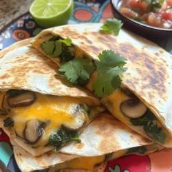 - 2 cups fresh spinach, chopped - 1 cup mushrooms, sliced - 1 small onion, finely chopped - 2 cloves garlic, minced - 1 teaspoon olive oil - 1 teaspoon ground cumin - 1/2 teaspoon smoked paprika - Salt and pepper to taste - 4 flour tortillas (8-inch diameter) - 1 cup shredded mozzarella cheese - 1 cup shredded cheddar cheese - Fresh cilantro leaves Mushroom and spinach quesadillas burst with flavor. The veggies bring life to each bite. Fresh spinach and mushrooms add nutrients and taste. I always choose cremini mushrooms for depth. They have a rich, earthy flavor. The chopped onion and minced garlic enhance the dish. They create a savory base when cooked. The olive oil ensures everything cooks evenly. Ground cumin gives warmth, while smoked paprika adds a hint of smokiness. These seasonings create a balanced taste. For the tortillas, I prefer soft flour ones. They hold the fillings perfectly. Mozzarella and cheddar create a creamy, gooey texture. The combination of cheeses adds richness. Finally, fresh cilantro leaves brighten the dish. You can find the full recipe above for all the details. Enjoy making this tasty dish! - Heat the olive oil in a skillet. - Sauté onion until translucent. - Add garlic and mushrooms, cooking until browned. To make the filling, I start by heating olive oil in a skillet. I use medium heat for this. Once the oil shimmers, I add the finely chopped onion. I sauté it for about 3-4 minutes until it turns clear and smells sweet. Next, I stir in minced garlic and sliced mushrooms. I cook this mix for 5-7 minutes. I stir it often until the mushrooms get a nice brown color. - Stir in chopped spinach. - Season with cumin, paprika, salt, and pepper. When the mushrooms are done, I toss in the chopped spinach. I keep cooking for another 2 minutes. This wilts the spinach and makes it tender. Then, I season the mix with ground cumin, smoked paprika, salt, and pepper. I give it a good toss to blend all the flavors. - Prepare tortillas with cheese and filling. - Cook until golden brown on both sides. - Allow resting before slicing. Now it's time to put it all together. I lay a tortilla flat in the skillet over low heat. I sprinkle half of the mozzarella and cheddar cheese on one half of the tortilla. Then, I spoon a generous amount of the mushroom and spinach mix over the cheese. I top it with the rest of the cheese before folding the tortilla in half. I cook the quesadilla for about 3-4 minutes on each side. I wait until the tortilla is golden brown and the cheese melts nicely. After cooking, I take the quesadilla out and let it rest for a minute or two. This makes it easier to slice into wedges. For the full recipe, you can find all the details in the main article. - To achieve perfectly melted cheese, use a mix of mozzarella and cheddar. - Cook on low heat so the cheese melts slowly. - Avoid soggy quesadillas by pre-cooking the filling. - Make sure to drain any excess moisture from the spinach and mushrooms. - Serve your quesadillas on a colorful plate for visual appeal. - Pair with a wedge of lime on the side for bright flavor. - Add a small bowl of salsa or guacamole for extra taste. - Try adding spices like chili powder or oregano for a kick. - For toppings, consider fresh avocado slices or chopped tomatoes. - Serve with sour cream or a zesty yogurt dip for dipping. For the full recipe, check out the detailed instructions provided earlier. {{image_4}} You can switch the greens in your quesadilla. Try kale or arugula for a new taste. Different mushrooms also work well. Shiitake or portobello can add depth to flavors. If you want a dairy-free option, use plant-based cheese. It melts nicely and tastes great. Adding protein can make your quesadillas heartier. Cooked chicken or black beans are both tasty choices. You can mix in different spices too. Try taco seasoning or even curry powder for a fun twist. Experimenting with flavors can elevate your dish. You can make quesadillas in an air fryer. This method gives a crispy texture without much oil. Just set the air fryer to 375°F and cook for about 8 minutes. Another option is using a griddle or panini press. These tools can help you get even cooking and great grill marks. For the full recipe, check out the recipe section above! To store leftover quesadillas, wrap them tightly in foil or plastic wrap. You can also place them in an airtight container. This keeps them fresh for up to three days in the fridge. When you're ready to eat, reheat them in a skillet over low heat. This warms them evenly and keeps them crispy. You can also use the microwave, but the quesadillas may become soft. If you want longer storage, freezing is a great option. Allow the quesadillas to cool completely before freezing. Wrap each one in plastic wrap and then in foil. This prevents freezer burn. You can store them for up to three months. To thaw, place them in the fridge overnight. Reheat them in a skillet for the best texture. Leftover filling can add flavor to many dishes. You can mix it into scrambled eggs for a tasty breakfast. Another idea is to use it as a topping for baked potatoes. You can also stir it into pasta or rice for a quick meal. Get creative with your seasoned spinach and mushrooms to enjoy new flavors! You can serve quesadillas with many sides to make a full meal. Here are some ideas: - Side Dish Recommendations: - Fresh salad with tomatoes and avocado - Mexican rice for a hearty option - Black beans for extra protein - Guacamole for a creamy dip - Salsa for a zesty kick - Drink Pairings for a Complete Meal: - Cold lemonade for a refreshing taste - Iced tea, sweetened or unsweetened - A light beer for a nice match - Sparkling water with lime for a fun twist Yes, you can easily make these quesadillas gluten-free. Here are some tips: - Use gluten-free tortillas made from rice or corn. - Check labels on all packaged ingredients for hidden gluten. - Consider using a gluten-free cheese blend for dairy-free options. Crispy quesadillas are a delight. Here are some techniques to achieve that perfect crunch: - Use a non-stick skillet to prevent sticking. - Cook on medium heat to allow the cheese to melt without burning the tortilla. - Brush tortillas lightly with olive oil before cooking for added crispiness. - Flip quesadillas carefully to keep the filling inside. - Let them rest for a minute after cooking before cutting. For a delicious experience, try the full recipe. Enjoy cooking! In this post, we explored making tasty mushroom and spinach quesadillas. We covered fresh produce you'll need, seasonings that add flavor, and how to make them perfectly. We shared tips for cooking and presentation, plus how to store leftovers. You can even customize the recipe for unique tastes. With these steps, you can enjoy delicious quesadillas that impress. You’ll satisfy your hunger and delight your guests with your cooking skills. Enjoy your cooking adventure!