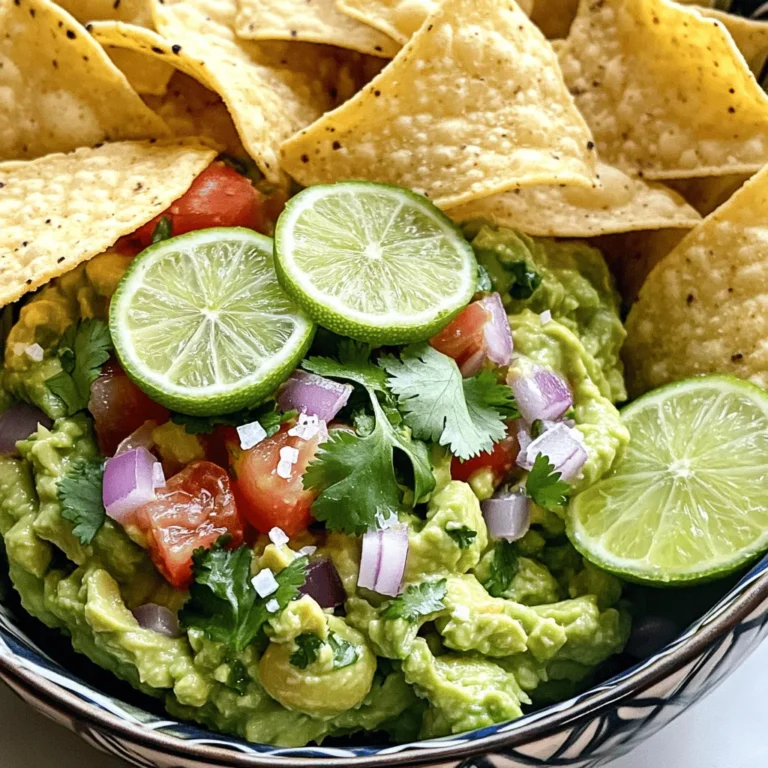 - 3 perfectly ripe avocados - 1 medium ripe tomato, finely diced - 1 small red onion, meticulously chopped - 1-2 cloves of garlic, minced to perfection - Juice of 1 fresh lime - 1 jalapeño, deseeded and finely minced (optional for a kick) - 1/4 cup fresh cilantro, roughly chopped - Salt and freshly ground pepper, to taste Using fresh ingredients is key for the best ever guacamole. Start with three perfectly ripe avocados. Look for avocados that yield slightly when you press them. They should feel soft but not mushy. Next, grab one medium ripe tomato. Dice it finely so it mixes well with the avocado. A small red onion adds great flavor. Chop it finely to avoid big bites. For extra zing, use one to two cloves of garlic. Mince them finely to blend into the mix. The juice of one fresh lime is essential. It adds brightness and helps keep the avocado from browning. If you like spice, add a jalapeño. Be sure to deseed it and mince it finely. This step makes sure it blends in without overwhelming the dish. Lastly, fresh cilantro brings a pop of flavor. Use about a quarter cup roughly chopped. Don’t forget salt and pepper to taste. These simple ingredients come together to create a fresh and vibrant guacamole. For the full recipe, check the instructions above. - First, slice the avocados in half. - Carefully remove the pits. - Scoop out the creamy flesh into a mixing bowl. Avocados are the heart of guacamole. Choose ripe ones for the best taste. They should feel slightly soft but not mushy. If they are too hard, wait a day or two before using them. - Use a fork or potato masher to mash the avocado. - Decide if you want a smooth or chunky texture. - Add diced tomato, chopped onion, minced garlic, and optional jalapeño. Mashing the avocados lets you control the texture. A smooth guacamole is great for dipping. A chunky version adds more bite and flavor. Make sure to mix in the veggies well for a balanced taste. - Squeeze fresh lime juice into the bowl. - Add chopped cilantro for a fresh kick. - Season with salt and pepper as needed. - Let the guacamole sit for about 10 minutes. The lime juice adds brightness and helps keep the guacamole from browning. The cilantro brings a fresh taste that brightens up the dish. Allowing the guacamole to rest lets the flavors blend nicely. For the full recipe, check the earlier section. Using ripe avocados is key to great guacamole. Ripe avocados are soft yet firm. They should yield slightly when you press them. This ensures a creamy texture. If the avocados are too hard, your guacamole will lack flavor. The balance of lime juice and seasoning is also important. Lime juice adds brightness and tang. It helps prevent the avocados from turning brown. Start with the juice of one fresh lime. You can always add more to taste. Remember, salt and pepper enhance all the flavors. To keep guacamole fresh, use these tips. First, press plastic wrap against the surface. This reduces air exposure. You may also add more lime juice. The acidity slows browning. Store leftover guacamole in an airtight container. Use a layer of plastic wrap on top. This helps keep it fresh. You can enjoy your creamy dream guacamole later. For more details, check out the Full Recipe. {{image_4}} To give your guacamole a spicy twist, add more jalapeños or serrano peppers. Start by finely chopping them before mixing them in. If you like heat, go wild! You can also pour in a few drops of hot sauce. This will kick up the flavor and make your guacamole pop. For a creamier texture, consider adding sour cream or Greek yogurt. This changes the taste and makes it rich. You can also mix in diced mango or pineapple for sweetness. The fruit adds a fun twist and balances the spice from the peppers. Try using different herbs in your guacamole. Instead of cilantro, you can use parsley or basil. These herbs will give a fresh taste. Adding lime zest also enhances the citrus flavor. This little extra step will make your guacamole even more vibrant. For the full recipe, check out the [Full Recipe]. To keep your guacamole fresh, use an airtight container. Press plastic wrap directly onto the surface of the guacamole before sealing the lid. This method helps prevent air from getting in. Air causes oxidation, which makes guacamole turn brown. Try to consume your guacamole within one to two days for the best taste. If you want to minimize oxidation, add a layer of lime juice on top. The citric acid slows down browning. You can also use chopped tomatoes or onion as a barrier. Just remember to mix them back in before serving. You can freeze guacamole if you have extra. Use a freezer-safe container or a resealable bag. Remove as much air as possible before sealing. This helps keep the flavor intact. You can freeze it for up to three months. When you’re ready to use it, thaw the guacamole in the fridge overnight. This slow thaw helps maintain the texture and flavor. After thawing, stir it gently to mix any separated liquid back in. If you find it a bit watery, adding a bit more lime juice can help. For the full recipe, check out the Creamy Dreamy Guacamole 🥑 recipe above! Yes, you can make guacamole ahead of time. To keep it fresh, follow these tips: - Use ripe avocados to start. - Add lime juice right after mashing. This helps slow browning. - Store in an airtight container. Press plastic wrap against the surface. This limits air exposure. - Keep it in the fridge until serving. It stays good for up to two days. Guacamole pairs well with many foods. Here are some tasty options: - Crispy tortilla chips - Fresh veggie sticks like carrots and celery - Warm pita bread or crackers - Soft tacos or burritos for extra flavor - Grilled meats like chicken or steak If your guacamole tastes too salty, don't worry. Here are some quick fixes: - Add more mashed avocado to balance the salt. - Mix in diced tomatoes or chopped onion. They help dilute the saltiness. - If you have it, add a bit of sour cream or Greek yogurt. This can smooth out the flavor. For a full recipe, check out the Creamy Dreamy Guacamole 🥑. You learned how to make the best guacamole. Fresh ingredients, simple steps, and fun tips make it easy. Remember to use ripe avocados for great flavor. You can also try tasty variations like spicy or creamy versions. Storing it well keeps it fresh longer. Don’t forget the perfect pairings! With this knowledge, you can impress friends at your next gathering. Enjoy creating your own versions and make guacamole a favorite dish!