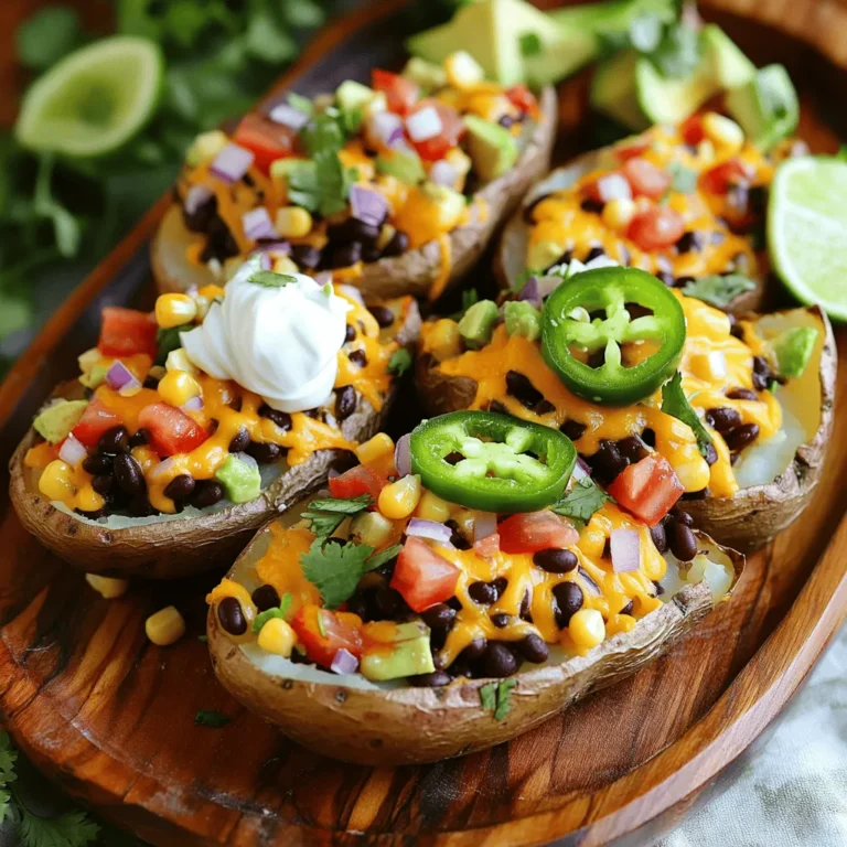 - 4 large russet potatoes - 1 tablespoon olive oil - Salt and pepper to taste - 1 cup shredded cheddar cheese - 1/2 cup cooked chicken, shredded (optional) - 1/2 cup black beans, rinsed and drained - 1/2 cup diced tomatoes - 1/2 cup corn kernels (canned or frozen) - 1/4 cup diced red onion - 1 jalapeño, sliced (optional, for heat) - 1/2 cup sour cream - 1/4 cup fresh cilantro, chopped - 1 avocado, diced - 1 teaspoon taco seasoning - Baking sheet - Mixing bowl - Fork - Spoon Gathering the right ingredients is key to making loaded potato skins. I always start with russet potatoes because they bake well and have a thick skin. You need olive oil to help crisp them up. Don’t forget the salt and pepper; they add great flavor. For toppings, I love using shredded cheddar cheese. It melts beautifully and adds rich flavor. If you want, you can add cooked chicken for protein. I also mix in black beans for texture and nutrition. Diced tomatoes and corn add sweetness, while red onion gives a nice crunch. If you like heat, toss in some jalapeño slices. They create a spicy kick. Top it all off with sour cream, fresh cilantro, and diced avocado. Finally, a sprinkle of taco seasoning ties all the flavors together. For cooking, you'll need a baking sheet to hold your potatoes, a mixing bowl for your toppings, a fork to poke holes in the potatoes, and a spoon for scooping out the flesh. These tools make the process smooth and easy. This combination of ingredients and tools leads to the perfect crispy and flavorful loaded potato skins. Check out the Full Recipe for all the steps to bring this delightful dish to life. - Preheat the oven to 400°F (200°C). - Scrub and dry the potatoes. - Poke holes in the potatoes. Start your loaded potato skins by preheating the oven. This helps cook the potatoes evenly. Next, scrub the russet potatoes under cold water to remove dirt. Dry them well with a towel. Poking holes in the potatoes lets steam escape while baking. This keeps the potatoes from bursting. - Coat with olive oil and season with salt and pepper. - Bake for 45 to 60 minutes until tender. After prepping the potatoes, rub them with olive oil. This adds flavor and helps crisp the skin. Next, sprinkle salt and pepper on them. Place the potatoes on a baking sheet or directly on the oven rack. Bake until they're soft when pierced with a fork. This takes about 45 to 60 minutes. - Cut baked potatoes in half and scoop out flesh. - Brush with olive oil and sprinkle with taco seasoning. Once the potatoes cool, cut them in half lengthwise. Carefully scoop out the insides, leaving a bit of potato for strength. This creates a shell for your toppings. Brush the insides with olive oil for added flavor. Sprinkle taco seasoning on the insides for a delicious kick. - Mix toppings in a bowl: chicken, beans, tomatoes, corn, onion. - Fill each potato skin with the mixture. In a bowl, mix your preferred toppings. Combine cooked chicken, black beans, diced tomatoes, corn, and red onion. Season with salt and pepper. Once mixed, fill each potato skin with the tasty mixture. - Top with cheddar cheese and jalapeño slices. - Bake until cheese is melted and bubbly. Now, add shredded cheddar cheese on top of each filled skin. If you like heat, add jalapeño slices. Return the potato skins to the oven. Bake until the cheese melts and becomes bubbly. This usually takes about 5 to 10 minutes. - Add sour cream, avocado, and cilantro just before serving. When ready to serve, add a dollop of sour cream to each skin. Diced avocado and fresh cilantro add color and flavor. Enjoy your loaded potato skins, a crispy and flavorful delight! For the full recipe, check the details above. To get crispy potato skins, oil and seasoning are key. Olive oil helps the skins crisp up nicely. Coat the inside of each skin well. Sprinkle salt and pepper for flavor. If you want them extra crispy, bake them a bit longer. Start with 10 more minutes. Check them often to avoid burning. Want to boost the flavor? Add toppings like crispy bacon or fresh green onions. These add great taste and crunch. You can also make your own taco seasoning. Just mix chili powder, cumin, and garlic powder. Adjust the spice to your liking for a fun kick. The way you serve the potato skins matters. Use a big platter for a nice look. Arrange the skins in a circle. Finish with a sprinkle of cilantro for color. You can also add lime wedges. They add a zesty touch and make the dish pop. For the full recipe, check out the Cheesy Fiesta Loaded Potato Skins section. {{image_4}} For a vegetarian twist, skip the chicken. Use more beans or colorful veggies. You can add black beans, corn, or bell peppers. They bring great taste and texture. Use spices like cumin or smoked paprika for flavor. Fresh herbs like cilantro or parsley also work wonders. These ingredients brighten up your dish and add depth. If you love heat, try spicy loaded potato skins. Add sriracha sauce or spicy cheese. Pepper jack cheese gives a nice kick. Adjust the heat level based on your taste. You can mix in sliced jalapeños for more spice. This version is perfect for those who enjoy bold flavors. For a gourmet touch, think outside the box. Use unique ingredients like truffle oil or fancy cheese. Aged cheddar or blue cheese adds richness. Pair these skins with different dips. Consider sour cream, guacamole, or a zesty ranch. These choices enhance the flavors and make your dish stand out. Try these variations to keep your loaded potato skins exciting and new! For the full recipe, check out Cheesy Fiesta Loaded Potato Skins. To store your loaded potato skins, let them cool first. Place them in an airtight container. You can refrigerate them for up to four days. For longer storage, freeze them in a single layer. Once frozen, place them in a freezer-safe bag. This helps keep the flavors and textures intact. When reheating, the oven is best. Preheat it to 350°F (175°C). Place the potato skins on a baking sheet. Heat for about 10 to 15 minutes, until warm. If you use a microwave, heat them for 1 to 2 minutes. The oven gives better texture, while the microwave is faster. In the refrigerator, loaded potato skins last about four days. You can tell they spoil if they smell bad or look slimy. If you see mold, throw them away. Always check before eating leftovers to stay safe. Yes, you can prep loaded potato skins in advance. First, bake the potatoes and scoop out the flesh. Store the skins in the fridge for up to two days. When you’re ready to serve, fill them with your toppings and bake. This saves time and lets you enjoy your gathering more. I recommend using russet potatoes. They have a thick skin and a fluffy interior. This makes them perfect for holding toppings. Other types, like red or Yukon gold, may not get as crispy. Stick with russets for the best results. You can swap ingredients for healthier options. Use Greek yogurt instead of sour cream. Choose low-fat cheese to cut calories. Add more veggies like bell peppers or spinach for extra nutrition. These small changes can make a big difference without losing flavor. Yes, you can freeze loaded potato skins. Freeze them after baking and filling, but before adding cheese. Wrap them tightly in foil or plastic wrap. When ready to eat, thaw in the fridge overnight, then bake until hot and cheesy. Serve loaded potato skins on a large platter for a fun look. Add colorful garnishes like cilantro and lime wedges. Pair them with a fresh salad or spicy salsa for a complete meal. This makes your dish not only tasty but visually appealing as well. Loaded potato skins are a fun and tasty dish. We covered the key ingredients, from russet potatoes to toppings like cheese and cilantro. You learned step-by-step instructions for baking and filling the skins, plus tips for crispiness and flavor. Don't forget about storage and reheating practices to keep your leftovers fresh. Try different variations for a new twist. Whether you prefer vegetarian, spicy, or gourmet skins, there's something for everyone. Enjoy making this dish and sharing it with friends!