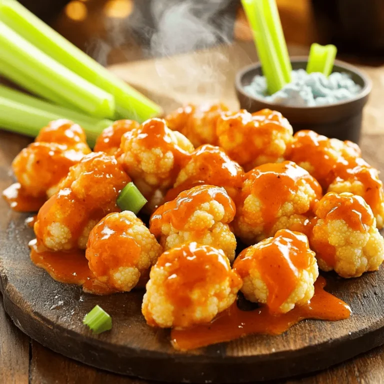 - Cauliflower florets - All-purpose flour and milk - Garlic powder and spices Buffalo cauliflower bites start with fresh cauliflower florets. I find that using a whole head gives the best texture. You want bite-sized pieces that crisp up well. The batter is key, made from all-purpose flour and milk. This mix gives the bites their crunchy coating. Garlic powder adds flavor, while spices bring in warmth. I like using onion powder and smoked paprika for an extra kick. - Hot sauce variations - Alternative flours for gluten-free If you want a twist, try different hot sauces. Some people love a sweet heat, while others prefer a fiery blast. You can also use alternative flours to make this dish gluten-free. Almond flour or chickpea flour works well. These options add unique flavors too. - Blue cheese dressing - Ranch dressing and other options Dipping sauces make these bites even more fun. I always go for blue cheese dressing; it pairs perfectly with the spice. Ranch dressing is another great choice. You could also try hummus or guacamole for a fresh take. These sauces balance the heat and add a creamy touch. Preheat your oven to 450°F (230°C). This high heat helps create crispy bites. Line a baking sheet with parchment paper. This step keeps the bites from sticking. Next, gather all your ingredients. You will need: - 1 head of cauliflower, cut into bite-sized florets - 1 cup all-purpose flour - 1 teaspoon garlic powder - 1 teaspoon onion powder - 1 teaspoon smoked paprika - 1 teaspoon salt - 1 cup milk (or your preferred plant-based milk) - ½ cup hot sauce - 2 tablespoons unsalted butter, melted In a large bowl, mix your dry ingredients first. Combine the flour, garlic powder, onion powder, smoked paprika, and salt. Stir until well mixed. Now, it’s time to add the milk. Pour it in slowly while whisking. You want a smooth batter. The consistency should be like pancake batter. If it feels too thick, add a little more milk. Now, it's time to coat the cauliflower florets. Take each floret and dip it into the batter. Make sure each piece gets a nice coating. Place the battered florets on the baking sheet. Give them some space to cook evenly. Bake in your preheated oven for 20-25 minutes. Halfway through, flip the florets to ensure even cooking. They should turn golden and crispy when done. To make sure your buffalo cauliflower bites are crispy, focus on the batter consistency. You want it to be thick but not too heavy. If it's too runny, the batter won't stick well. If it's too thick, it will clump and lose its crunch. Aim for a smooth texture that coats the florets evenly. Using the right baking technique is key too. Preheat your oven to 450°F (230°C) and use a parchment-lined baking sheet. This helps in even cooking. Remember to space the florets apart so they don’t steam. Flip them halfway through baking to get all sides crispy. Adjusting spice levels is a fun way to make this recipe your own. If you like more heat, add extra hot sauce to your batter or sauce. For a milder taste, reduce the hot sauce and add more butter. You can also add ingredients for depth of flavor. Try adding a splash of lemon juice or some freshly chopped herbs. A sprinkle of nutritional yeast can give a cheesy taste without the dairy. Get creative and find what works for your taste buds. Preparing in advance is smart for parties. You can make the batter and coat the cauliflower a few hours ahead. Store them in the fridge until you're ready to bake. This saves time and helps in serving fresh bites. If you want to freeze them, coat the florets, but do not bake. Place them on a baking sheet to freeze first. Once frozen, store them in a freezer bag. When you’re ready, bake them straight from the freezer. Just add a few extra minutes to the cooking time for crispy goodness. For the full recipe, check out the details provided earlier. {{image_4}} You can change the flavor of Buffalo cauliflower bites by using different hot sauces. Try a garlic hot sauce for a rich taste, or a chipotle sauce for a smoky kick. Each sauce adds a unique twist to the recipe. You can also add cheese for a creamy touch. If you want to keep it vegan, use a plant-based cheese. It melts well and adds great flavor. Making Buffalo cauliflower bites gluten-free is easy. Just swap out the all-purpose flour for a gluten-free blend. Many options exist, like almond flour or chickpea flour. Both work well and keep the bites tasty. For dairy-free options, use plant-based milk instead of regular milk. Almond or oat milk is perfect here. You can also skip the butter and replace it with coconut oil for a vegan-friendly version. Buffalo cauliflower bites make great appetizers. Serve them with crunchy celery sticks and a creamy dip. Blue cheese dressing pairs well, but ranch dressing is another tasty choice. If you have leftovers, try adding them to salads or wraps for a spicy kick. You can also toss them in a stir-fry for a fun twist. These bites are so versatile! For more ideas, check out the Full Recipe for inspiration. After enjoying your buffalo cauliflower bites, store any leftovers in the fridge. Use an airtight container to keep them fresh. They will stay good for about 3 to 5 days. If you want them crispy again, avoid stacking them too tightly. When it comes to reheating, I prefer the oven over the microwave. The oven helps maintain that crispy texture. Preheat your oven to 375°F (190°C). Place the bites on a baking sheet and heat for about 10 to 15 minutes. If you use the microwave, they may become soggy. If you must, heat them for about 30 seconds to 1 minute. To freeze your buffalo cauliflower bites, follow these steps: 1. Allow the bites to cool completely after baking. 2. Arrange them in a single layer on a baking sheet. 3. Freeze them for about 1 to 2 hours until solid. 4. Transfer the frozen bites to a freezer bag or container. For thawing, take them out and let them sit at room temperature for about 30 minutes. You can reheat them in the oven at 375°F (190°C) for 15 to 20 minutes. This keeps them crispy and delicious. Enjoy your tasty snack anytime! To make your Buffalo cauliflower bites extra crispy, focus on two main things: the batter and the baking process. First, use cold milk in your batter. This helps create a light and crispy texture. Second, spread the florets in a single layer on the baking sheet. Crowding them can lead to steaming instead of crisping. Flip the bites halfway through baking. This ensures even browning. Lastly, you can try using panko breadcrumbs. Coat the florets lightly after dipping in the batter. This adds an extra crunch. Yes, you can easily substitute cauliflower with other veggies! Broccoli florets work well and have a similar texture. You can also use Brussels sprouts, cut in half. If you're feeling adventurous, try eggplant or zucchini. These veggies soak up the flavor and give a nice bite. Remember to adjust the cooking time. Thinner veggies may cook faster than cauliflower. There are many healthy dipping sauce options! Try a simple yogurt-based ranch for a creamy touch. Mix plain Greek yogurt with garlic powder, dill, and lemon juice for a tangy flavor. Another option is salsa. It adds a fresh kick without added calories. You can also blend avocado with lime juice for a creamy, vegan sauce. These options keep your snack light while adding great flavor. For more sauces, check out the full recipe! You now have all the details to make tasty Buffalo Cauliflower Bites. We've covered the main ingredients, optional add-ins, and the best sauces to dip them in. I shared step-by-step instructions to help you prepare, cook, and serve them perfectly. Remember, you can adjust flavors and find ways to make them healthier. Whether for a party or a snack, these bites will shine on your table. Enjoy experimenting with different spices and enjoy your delicious creations!