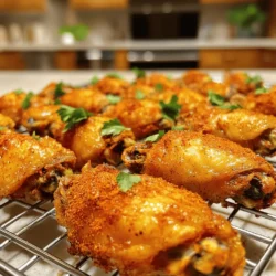 - 2 pounds chicken wings - 1 teaspoon baking powder - 1 teaspoon garlic powder - 1 teaspoon onion powder - 1 teaspoon smoked paprika - 1/2 teaspoon cayenne pepper - 1 teaspoon kosher salt - 1/2 teaspoon freshly ground black pepper - 1 tablespoon olive oil - Optional: Fresh parsley for garnish - Baking sheet - Aluminum foil - Wire rack - Mixing bowl - Tongs Gathering the right ingredients and equipment is key for great crispy baked chicken wings. The chicken wings are the star of the show. You want them fresh and well-trimmed. Baking powder is a secret weapon here. It helps the wings crisp up nicely in the oven. Garlic powder and onion powder add depth and flavor. Smoked paprika gives a nice smoky touch. Cayenne pepper adds heat, but you can adjust it based on your taste. Kosher salt and black pepper round out the seasoning perfectly. For equipment, a baking sheet lined with aluminum foil makes cleanup easy. The wire rack lets hot air circulate around the wings, making them crispy. A mixing bowl is essential for combining all the flavors. Finally, tongs will help you handle the hot wings safely without making a mess. You can find the full recipe in the earlier sections. This dish is not just easy; it’s also fun to make and share! - Preheat the oven to 425°F (220°C). - Line the baking sheet with aluminum foil and set a wire rack on top. I always start by preheating the oven. This step ensures your wings cook evenly. The wire rack is key for crispiness. It allows hot air to flow all around the wings as they bake. - Mix the chicken wings with seasonings in a bowl. - Drizzle olive oil and combine thoroughly. In a big bowl, I mix the chicken wings with the seasonings. I use baking powder, garlic powder, onion powder, smoked paprika, cayenne pepper, kosher salt, and black pepper. This blend adds great flavor and helps with crispiness. After mixing, I drizzle olive oil on the wings. This adds richness and helps them brown nicely. - Arrange wings on the wire rack. - Bake for 40-45 minutes, flipping halfway. Next, I place the wings on the wire rack. It's important to give them space so they cook well. I bake the wings for 40 to 45 minutes. Flipping them halfway is crucial. This makes sure both sides get crispy and golden. When they are done, the wings should look delicious and crunchy. Check out the [Full Recipe] for more details! To get wings that are perfectly crispy, use a wire rack. The rack allows air to flow around the wings. This prevents steam from building up, which can make them soggy. You can find wire racks at most kitchen stores. Baking powder is also key to the texture. It helps to dry out the skin and make it crunchy. Just a teaspoon mixed with your seasonings will do the trick. You can make your wings even tastier by adding extra spices. Try some chili powder or cumin for a kick. You can also mix in dried herbs like thyme or oregano for depth. Marinating your wings overnight is another great way to boost flavor. A simple mix of olive oil, garlic, and lemon juice works wonders. Just let them soak in the fridge for a few hours or overnight. When serving, think about the dips! Blue cheese or ranch dressing are classic options. You can also serve them with hot sauce for more heat. Consider pairing your wings with sides like celery sticks or carrot sticks. A fresh salad also adds a nice touch. These options can balance the richness of the wings and make for a full meal. For the complete recipe, see the [Full Recipe]. {{image_4}} You can really mix up the taste of your wings. One popular option is buffalo-style wings. This classic flavor packs a spicy punch. Just toss the cooked wings in a mix of hot sauce and melted butter. They become a hit at any game day party. Another tasty choice is Asian-inspired wings. For this, combine soy sauce, ginger, and garlic. These flavors create a sweet and savory taste that is hard to resist. You can brush the wings with this mix before baking for extra flavor. You can switch up the spices for new flavors. Try chili powder for a bit of heat or smoked paprika for a deeper taste. You can also add some dried herbs, like oregano or thyme, for a fresh twist. When it comes to wings, you can use frozen or fresh. Fresh wings might cook faster and taste better. However, frozen wings are handy and easy to keep on hand. Just make sure to adjust your cooking time if you use frozen wings. If you want a new way to cook wings, try air frying. This method gives the wings a great crispy texture without much oil. It’s a faster option and still tasty. Just set your air fryer to 400°F and cook for about 25-30 minutes, shaking halfway through. Grilling is another fun option. When you grill wings, they get a nice smoky flavor. Just preheat your grill and cook the wings over medium heat. Turn them every few minutes until they are golden brown and cooked through. Enjoy the new flavors and textures in your crispy baked chicken wings! For the full recipe, check out the [Full Recipe]. To keep your crispy baked chicken wings fresh, follow these tips: - Cool Wings First: Let the wings cool to room temperature. - Use Airtight Containers: Store wings in airtight containers. This keeps them moist. - Refrigerate Promptly: Place the containers in the fridge within two hours. When it's time to enjoy your leftovers, here’s how to reheat them: - Oven Reheating: Preheat your oven to 400°F (200°C). Place wings on a baking sheet. Heat for about 10-15 minutes. This keeps them crispy. - Microwave Reheating: If you're short on time, use the microwave. Place wings on a microwave-safe plate. Cover with a damp paper towel. Heat for 1-2 minutes. This keeps them moist but may not be as crispy. If you want to save wings for later, follow these steps: - Cool Completely: Allow wings to cool before freezing. - Use Freezer Bags: Place wings in freezer bags. Squeeze out excess air before sealing. - Label and Date: Write the date on the bags. This helps you keep track of freshness. To thaw, move wings from the freezer to the fridge overnight. Reheat them using the oven or microwave. Enjoy your flavorful wings any day! For the complete recipe, check out the [Full Recipe]. To make baked chicken wings crispy, use a few key tips. First, use baking powder. It helps dry out the skin for a crunchier bite. Next, avoid overcrowding the wings on the baking sheet. Space them out well. This allows hot air to flow around each wing. Flip them halfway through baking for even crispness. Finally, let them rest for a few minutes after baking. This step keeps the skin crunchy. Yes, you can use frozen chicken wings. However, they need to thaw first. Thaw them in the fridge overnight for best results. If you’re in a hurry, place them in cold water for about an hour. Once thawed, follow the same steps as the full recipe. Cooking times may vary slightly, so check for doneness. Many sauces go well with baked chicken wings. Popular choices include blue cheese and ranch dressing. These creamy dips balance the spicy and savory flavors of the wings. You can also try BBQ sauce for a sweet twist. Hot sauce is a great option for spice lovers. It's fun to set up a sauce bar for guests to choose from. Cooked chicken wings last about 3 to 4 days in the fridge. Store them in an airtight container or wrap them tightly. Make sure to cool them down before putting them away. This helps prevent bacteria growth. Always check for any off smells or changes in texture before eating leftovers. Baked chicken wings are great on their own but can shine with sides. Serve them with celery and carrot sticks for crunch. Pair them with a fresh salad for a lighter option. Adding a platter of chips or fries makes a fun meal. You can also serve them with a selection of dipping sauces for variety. The best way to season chicken wings is to use a mix of spices. A blend of garlic powder, onion powder, and smoked paprika works well. Add cayenne pepper for heat, adjusting to your taste. Don't forget the salt and pepper to enhance the flavors. Feel free to get creative! Try adding herbs or other spices for unique tastes. To make crispy baked chicken wings, you need the right ingredients and a few tips. Here’s what you’ll need: - 2 pounds chicken wings - 1 teaspoon baking powder - 1 teaspoon garlic powder - 1 teaspoon onion powder - 1 teaspoon smoked paprika - 1/2 teaspoon cayenne pepper - 1 teaspoon kosher salt - 1/2 teaspoon freshly ground black pepper - 1 tablespoon olive oil - Optional: Fresh parsley, finely chopped, for garnish Start by preheating your oven to 425°F (220°C). This helps the wings cook evenly and get crispy. Line a baking sheet with aluminum foil. This makes cleanup easy. Place a wire rack on top of the foil. The rack allows air to flow around the wings, which helps them get that perfect crunch. In a large mixing bowl, add the chicken wings. Then, add baking powder, garlic powder, onion powder, smoked paprika, cayenne pepper, kosher salt, and black pepper. Use your hands or a spoon to mix well. Every wing should be coated in the spice mix. This is the secret to great flavor. Next, drizzle olive oil over the seasoned wings. Toss them again to ensure the oil coats all the wings. This step is key for crispiness when baking. Arrange the wings in a single layer on the wire rack. Make sure there’s space between each wing. This helps them cook well and keeps them from steaming. Bake the wings for 40-45 minutes. Flip them halfway through to ensure both sides turn golden brown. When done, they should look crispy and delicious. Let them rest for about 5 minutes after baking. This helps the skin stay crunchy. If you want to add a pop of color, sprinkle chopped parsley on top before serving. The wings pair well with dipping sauces like blue cheese or ranch. Enjoy your flavorful feast! In this post, we explored making crispy baked chicken wings. We covered ingredients, equipment, and a step-by-step guide. I shared tips for achieving the best texture and flavor. We also discussed ways to store and reheat leftovers. Lastly, I answered common questions to enhance your wing experience. These wings are easy to make and a crowd-pleaser. Enjoy your tasty creation!