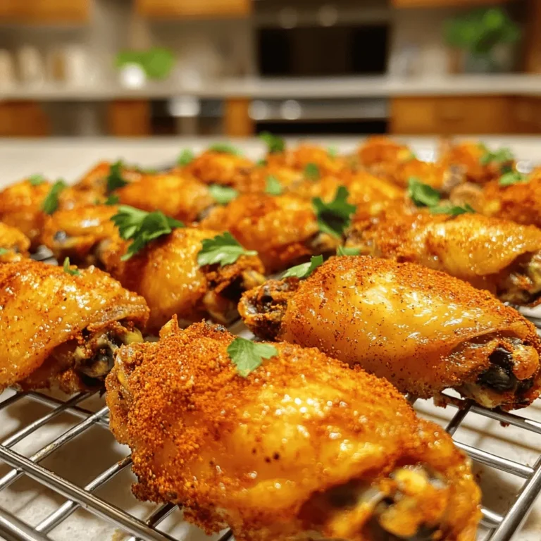 - 2 pounds chicken wings - 1 teaspoon baking powder - 1 teaspoon garlic powder - 1 teaspoon onion powder - 1 teaspoon smoked paprika - 1/2 teaspoon cayenne pepper - 1 teaspoon kosher salt - 1/2 teaspoon freshly ground black pepper - 1 tablespoon olive oil - Optional: Fresh parsley for garnish - Baking sheet - Aluminum foil - Wire rack - Mixing bowl - Tongs Gathering the right ingredients and equipment is key for great crispy baked chicken wings. The chicken wings are the star of the show. You want them fresh and well-trimmed. Baking powder is a secret weapon here. It helps the wings crisp up nicely in the oven. Garlic powder and onion powder add depth and flavor. Smoked paprika gives a nice smoky touch. Cayenne pepper adds heat, but you can adjust it based on your taste. Kosher salt and black pepper round out the seasoning perfectly. For equipment, a baking sheet lined with aluminum foil makes cleanup easy. The wire rack lets hot air circulate around the wings, making them crispy. A mixing bowl is essential for combining all the flavors. Finally, tongs will help you handle the hot wings safely without making a mess. You can find the full recipe in the earlier sections. This dish is not just easy; it’s also fun to make and share! - Preheat the oven to 425°F (220°C). - Line the baking sheet with aluminum foil and set a wire rack on top. I always start by preheating the oven. This step ensures your wings cook evenly. The wire rack is key for crispiness. It allows hot air to flow all around the wings as they bake. - Mix the chicken wings with seasonings in a bowl. - Drizzle olive oil and combine thoroughly. In a big bowl, I mix the chicken wings with the seasonings. I use baking powder, garlic powder, onion powder, smoked paprika, cayenne pepper, kosher salt, and black pepper. This blend adds great flavor and helps with crispiness. After mixing, I drizzle olive oil on the wings. This adds richness and helps them brown nicely. - Arrange wings on the wire rack. - Bake for 40-45 minutes, flipping halfway. Next, I place the wings on the wire rack. It's important to give them space so they cook well. I bake the wings for 40 to 45 minutes. Flipping them halfway is crucial. This makes sure both sides get crispy and golden. When they are done, the wings should look delicious and crunchy. Check out the [Full Recipe] for more details! To get wings that are perfectly crispy, use a wire rack. The rack allows air to flow around the wings. This prevents steam from building up, which can make them soggy. You can find wire racks at most kitchen stores. Baking powder is also key to the texture. It helps to dry out the skin and make it crunchy. Just a teaspoon mixed with your seasonings will do the trick. You can make your wings even tastier by adding extra spices. Try some chili powder or cumin for a kick. You can also mix in dried herbs like thyme or oregano for depth. Marinating your wings overnight is another great way to boost flavor. A simple mix of olive oil, garlic, and lemon juice works wonders. Just let them soak in the fridge for a few hours or overnight. When serving, think about the dips! Blue cheese or ranch dressing are classic options. You can also serve them with hot sauce for more heat. Consider pairing your wings with sides like celery sticks or carrot sticks. A fresh salad also adds a nice touch. These options can balance the richness of the wings and make for a full meal. For the complete recipe, see the [Full Recipe]. {{image_4}} You can really mix up the taste of your wings. One popular option is buffalo-style wings. This classic flavor packs a spicy punch. Just toss the cooked wings in a mix of hot sauce and melted butter. They become a hit at any game day party. Another tasty choice is Asian-inspired wings. For this, combine soy sauce, ginger, and garlic. These flavors create a sweet and savory taste that is hard to resist. You can brush the wings with this mix before baking for extra flavor. You can switch up the spices for new flavors. Try chili powder for a bit of heat or smoked paprika for a deeper taste. You can also add some dried herbs, like oregano or thyme, for a fresh twist. When it comes to wings, you can use frozen or fresh. Fresh wings might cook faster and taste better. However, frozen wings are handy and easy to keep on hand. Just make sure to adjust your cooking time if you use frozen wings. If you want a new way to cook wings, try air frying. This method gives the wings a great crispy texture without much oil. It’s a faster option and still tasty. Just set your air fryer to 400°F and cook for about 25-30 minutes, shaking halfway through. Grilling is another fun option. When you grill wings, they get a nice smoky flavor. Just preheat your grill and cook the wings over medium heat. Turn them every few minutes until they are golden brown and cooked through. Enjoy the new flavors and textures in your crispy baked chicken wings! For the full recipe, check out the [Full Recipe]. To keep your crispy baked chicken wings fresh, follow these tips: - Cool Wings First: Let the wings cool to room temperature. - Use Airtight Containers: Store wings in airtight containers. This keeps them moist. - Refrigerate Promptly: Place the containers in the fridge within two hours. When it's time to enjoy your leftovers, here’s how to reheat them: - Oven Reheating: Preheat your oven to 400°F (200°C). Place wings on a baking sheet. Heat for about 10-15 minutes. This keeps them crispy. - Microwave Reheating: If you're short on time, use the microwave. Place wings on a microwave-safe plate. Cover with a damp paper towel. Heat for 1-2 minutes. This keeps them moist but may not be as crispy. If you want to save wings for later, follow these steps: - Cool Completely: Allow wings to cool before freezing. - Use Freezer Bags: Place wings in freezer bags. Squeeze out excess air before sealing. - Label and Date: Write the date on the bags. This helps you keep track of freshness. To thaw, move wings from the freezer to the fridge overnight. Reheat them using the oven or microwave. Enjoy your flavorful wings any day! For the complete recipe, check out the [Full Recipe]. To make baked chicken wings crispy, use a few key tips. First, use baking powder. It helps dry out the skin for a crunchier bite. Next, avoid overcrowding the wings on the baking sheet. Space them out well. This allows hot air to flow around each wing. Flip them halfway through baking for even crispness. Finally, let them rest for a few minutes after baking. This step keeps the skin crunchy. Yes, you can use frozen chicken wings. However, they need to thaw first. Thaw them in the fridge overnight for best results. If you’re in a hurry, place them in cold water for about an hour. Once thawed, follow the same steps as the full recipe. Cooking times may vary slightly, so check for doneness. Many sauces go well with baked chicken wings. Popular choices include blue cheese and ranch dressing. These creamy dips balance the spicy and savory flavors of the wings. You can also try BBQ sauce for a sweet twist. Hot sauce is a great option for spice lovers. It's fun to set up a sauce bar for guests to choose from. Cooked chicken wings last about 3 to 4 days in the fridge. Store them in an airtight container or wrap them tightly. Make sure to cool them down before putting them away. This helps prevent bacteria growth. Always check for any off smells or changes in texture before eating leftovers. Baked chicken wings are great on their own but can shine with sides. Serve them with celery and carrot sticks for crunch. Pair them with a fresh salad for a lighter option. Adding a platter of chips or fries makes a fun meal. You can also serve them with a selection of dipping sauces for variety. The best way to season chicken wings is to use a mix of spices. A blend of garlic powder, onion powder, and smoked paprika works well. Add cayenne pepper for heat, adjusting to your taste. Don't forget the salt and pepper to enhance the flavors. Feel free to get creative! Try adding herbs or other spices for unique tastes. To make crispy baked chicken wings, you need the right ingredients and a few tips. Here’s what you’ll need: - 2 pounds chicken wings - 1 teaspoon baking powder - 1 teaspoon garlic powder - 1 teaspoon onion powder - 1 teaspoon smoked paprika - 1/2 teaspoon cayenne pepper - 1 teaspoon kosher salt - 1/2 teaspoon freshly ground black pepper - 1 tablespoon olive oil - Optional: Fresh parsley, finely chopped, for garnish Start by preheating your oven to 425°F (220°C). This helps the wings cook evenly and get crispy. Line a baking sheet with aluminum foil. This makes cleanup easy. Place a wire rack on top of the foil. The rack allows air to flow around the wings, which helps them get that perfect crunch. In a large mixing bowl, add the chicken wings. Then, add baking powder, garlic powder, onion powder, smoked paprika, cayenne pepper, kosher salt, and black pepper. Use your hands or a spoon to mix well. Every wing should be coated in the spice mix. This is the secret to great flavor. Next, drizzle olive oil over the seasoned wings. Toss them again to ensure the oil coats all the wings. This step is key for crispiness when baking. Arrange the wings in a single layer on the wire rack. Make sure there’s space between each wing. This helps them cook well and keeps them from steaming. Bake the wings for 40-45 minutes. Flip them halfway through to ensure both sides turn golden brown. When done, they should look crispy and delicious. Let them rest for about 5 minutes after baking. This helps the skin stay crunchy. If you want to add a pop of color, sprinkle chopped parsley on top before serving. The wings pair well with dipping sauces like blue cheese or ranch. Enjoy your flavorful feast! In this post, we explored making crispy baked chicken wings. We covered ingredients, equipment, and a step-by-step guide. I shared tips for achieving the best texture and flavor. We also discussed ways to store and reheat leftovers. Lastly, I answered common questions to enhance your wing experience. These wings are easy to make and a crowd-pleaser. Enjoy your tasty creation!
