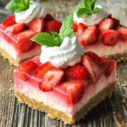 - 1 ½ cups graham cracker crumbs - ½ cup unsalted butter, melted - 2 tablespoons granulated sugar - 2 (8 oz) packages cream cheese, softened to room temperature - 1 cup granulated sugar - 1 teaspoon pure vanilla extract - 2 large eggs, at room temperature - 1 cup fresh strawberries, pureed until smooth - ½ cup fresh strawberries, diced (for topping) - ¼ cup whipped cream (for garnish) - Fresh mint leaves (for garnish) When making strawberry cheesecake bars, fresh ingredients make a big difference. The strawberries bring a vibrant taste and color. The cream cheese gives a rich, creamy texture. Graham cracker crumbs form a tasty base. The melted butter helps bind the crumbs. Sugar adds just the right sweetness. Together, these ingredients create a wonderful balance. For the filling, pure vanilla extract enhances the flavor. Eggs give the cheesecake its structure and creaminess. Pureed strawberries add fruity goodness and color. As a final touch, you can top the bars with diced strawberries, whipped cream, and fresh mint leaves. These garnishes not only look great but also add flavor. You can find the full recipe for this delightful dessert [here](Full Recipe). Enjoy making these delicious bars! - Preheat the oven and prepare the baking dish: Set your oven to 350°F (175°C). Line an 8x8 inch baking dish with parchment paper. Make sure some paper hangs over the sides. This helps lift the bars out later. - Make the crust with graham cracker crumbs: In a large bowl, mix 1 ½ cups of graham cracker crumbs, ½ cup of melted butter, and 2 tablespoons of sugar. Stir until it looks like damp sand. - Bake the crust and cool it: Press the crumb mix firmly into the baking dish. Bake for 10 minutes. When done, let it cool while you make the filling. - Prepare the cheesecake filling and incorporate ingredients: In a clean bowl, beat 2 packages of softened cream cheese for 2-3 minutes. Add 1 cup of sugar and mix until fluffy. Then, add 1 teaspoon of vanilla and 2 eggs, mixing slowly. Lastly, fold in 1 cup of pureed strawberries gently. - Combine layers and bake the cheesecake: Pour the cheesecake mix over the cooled crust. Spread it evenly. Bake for 30-35 minutes. Look for set edges and a slightly jiggly center. - Cool, chill, and slice the cheesecake bars: Let the cheesecake cool to room temperature. Chill it in the fridge for at least 3 hours. Once chilled, lift it out using the parchment paper. Slice into 12 squares. Top with diced strawberries and a dollop of whipped cream. Garnish with mint for a fresh touch. For the full recipe, check the link above. Enjoy your strawberry cheesecake bars! To get the best texture, you need the right balance. Start with room temperature cream cheese. Cold cream cheese can lead to lumps. Mix it slowly, and don’t overbeat after adding eggs. This keeps your cheesecake smooth. Cracking is a common issue. To prevent cracks, avoid overbaking. The center should slightly jiggle when you take it out. Also, let the cheesecake cool gradually in the oven with the door ajar. This helps it set without sudden temperature changes. Strawberry cheesecake bars shine when served cold. Cut them into squares and place on a nice plate. You can add a dollop of whipped cream on top for extra creaminess. Diced strawberries also make a lovely garnish. For drinks, pair these bars with iced tea or lemonade. Both drinks complement the sweet and tangy flavors well. If you want dessert after, serve with a scoop of vanilla ice cream. This adds a nice contrast to the bars. For the full recipe, check out Strawberry Bliss Cheesecake Bars. {{image_4}} You can easily change up the flavor of your strawberry cheesecake bars. For a rich twist, add chocolate. Simply melt some chocolate and mix it into the cheesecake filling. This adds a creamy, decadent layer. You can also add lemon zest for a bright, tangy taste. This gives the bars a refreshing kick that pairs well with strawberries. If you want to experiment with other fruits, consider blueberries or raspberries. These berries blend well into the cheesecake filling. You can even swirl them into the top for a pretty design. This way, each bite has a burst of fresh fruit flavor. If you need gluten-free options, you can use almond flour or gluten-free graham crackers for the crust. This substitution keeps the bars tasty while meeting dietary needs. You can also make vegan cheesecake bars. Use plant-based cream cheese and flaxseed eggs instead of regular eggs. This keeps the creamy texture while making it friendly for all diets. These variations let you tailor the bars to fit your taste and dietary needs. Feel free to get creative and make them your own! For the full recipe, check out the section above. To keep your strawberry cheesecake bars fresh, store them in the fridge. Use an airtight container. This helps prevent them from drying out or absorbing other smells. Make sure to cover the bars tightly with plastic wrap if you do not have a container. The bars taste best if you eat them within five days. For added freshness, place a piece of parchment paper between the bars and the lid. This will help keep the toppings intact and prevent sticking. You can freeze strawberry cheesecake bars for later enjoyment. To do this, first let the bars cool completely. Slice them into squares, and wrap each piece in plastic wrap. Then, place the wrapped bars in a freezer-safe bag or container. You can freeze the bars for up to three months. When you're ready to eat them, remove the bars from the freezer and let them thaw in the fridge overnight. For a quicker option, you can leave them at room temperature for about 30 minutes. Enjoy your delicious treats anytime! Find the Full Recipe here for more details. You can skip the eggs and use a substitute. Try adding 1/4 cup of unsweetened applesauce. This keeps the bars moist and helps them set. You can also use a mix of cornstarch and water. Combine 2 tablespoons of cornstarch with 3 tablespoons of water for each egg. This will help bind the filling. Yes, you can use frozen strawberries. Just thaw them first and drain any extra liquid. Puree the strawberries as you would with fresh ones. Keep in mind that frozen strawberries may have a slightly different taste. They might be a bit less sweet, so consider adding a little extra sugar to balance the flavors. These strawberry cheesecake bars last about 5 days in the fridge. Store them in an airtight container to keep them fresh. If you want them to last longer, consider freezing them. You can top your bars with many delicious things. Here are a few ideas: - Fresh strawberries, diced - Whipped cream - Chocolate drizzle - Crushed graham crackers - Mint leaves for garnish These toppings add flavor and make your bars look even better. You learned how to make delicious strawberry cheesecake bars. We covered the key ingredients, from graham cracker crust to the creamy filling. You also got step-by-step instructions for baking and assembly. Remember the tips for perfect texture and serving ideas. Feel free to experiment with flavors or dietary needs. Store or freeze your bars easily, ensuring they stay fresh. Enjoy making and sharing these tasty treats! Your kitchen skills will impress everyone. Now, it’s time to gather your ingredients and start baking!