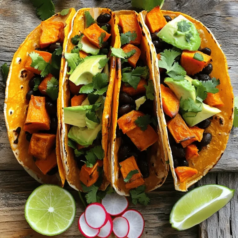 - 2 medium sweet potatoes, peeled and cut into 1/2-inch dice - 1 can (15 oz) black beans, drained and thoroughly rinsed - 8 small corn tortillas (preferably organic) - 1 tablespoon extra virgin olive oil - 1 teaspoon ground cumin - 1 teaspoon smoked paprika - 1/2 teaspoon garlic powder - Sea salt and freshly cracked black pepper, to taste - 1 ripe avocado, thinly sliced - 1/4 cup fresh cilantro, finely chopped - 1 lime, cut into wedges for serving - Optional: sliced radishes for garnish Sweet potato and black bean tacos shine with rich flavors and textures. The sweet potatoes bring a natural sweetness, while black beans add a hearty touch. Together, they create a filling meal. I love using fresh, organic ingredients. The sweet potatoes need to be diced evenly for even roasting. This ensures every bite has that caramelized flavor. Black beans are a great source of protein and fiber. Rinsing them well reduces sodium. It also makes them taste fresher. The spices play a big role too. Cumin and smoked paprika add warmth and depth. Garlic powder gives a nice kick. Don’t forget the toppings! Avocado adds creaminess, while cilantro gives freshness. Lime wedges enhance the flavor and make the tacos bright. If you like crunch, add radish slices. For the full recipe, check out the detailed steps to create this tasty meal. - Preheat the oven to 425°F (220°C). - Prepare the sweet potatoes on a baking sheet. To get started, you want to warm up your oven first. This helps the sweet potatoes roast perfectly. Grab your sweet potatoes, peel them, and cut them into small cubes. Spread them out on a baking sheet in a single layer. This allows them to cook evenly. - Drizzle with olive oil and sprinkle spices. - Roast for 25-30 minutes, tossing halfway. Next, drizzle olive oil over the sweet potatoes. This helps them brown nicely. Sprinkle on ground cumin, smoked paprika, and garlic powder. Season with sea salt and black pepper to taste. Toss everything well, so each piece is coated. Roast them in the oven for about 25 to 30 minutes. Remember to toss them halfway through. This step ensures they get nice and crispy. - Warm black beans in a saucepan for 5-7 minutes. - Season with salt and pepper to taste. While the sweet potatoes roast, it's time for the black beans. Empty a can of black beans into a small saucepan. Heat them over medium heat for about 5 to 7 minutes. Stir occasionally to avoid sticking. Add salt and pepper to taste. This will warm them up and make them flavorful. - Warm the corn tortillas in a dry skillet. Now, let’s get those tortillas ready. Take a dry skillet and heat it over medium. Place each tortilla in the pan for about 30 seconds on each side. This step makes them soft and tasty. Warm tortillas are easier to fold and hold the fillings. - Add roasted sweet potatoes and black beans to tortillas. - Top with avocado and cilantro. Time to put it all together! Grab a warm tortilla and add a scoop of roasted sweet potatoes. Next, spoon in some warm black beans. Top your tacos with slices of ripe avocado and a sprinkle of fresh cilantro. For a zesty touch, add a squeeze of lime juice. If you like, add sliced radishes for some extra crunch. Your tacos are now ready to enjoy! For full details, check out the Full Recipe. To roast sweet potatoes well, cut them into even pieces. This helps them cook at the same rate. Spread the diced sweet potatoes in a single layer on the baking sheet. This allows hot air to reach all sides. Drizzle them with olive oil and toss them with spices. The oil helps the sweet potatoes get crispy and tasty. Toss them halfway through cooking. This ensures they roast evenly. To make your tacos even better, add toppings like sliced radishes, crumbled feta, or pickled onions. These add crunch and flavor. You can use homemade tortillas or store-bought ones. Homemade tortillas taste fresh and soft. Store-bought ones save time and still taste great. Try both to find your favorite! For the full recipe, check out the details above. Enjoy making your sweet potato and black bean tacos! {{image_4}} You can switch up the proteins in these tacos. Adding grilled chicken or shrimp gives a tasty twist. Just season them with spices to match the sweet potatoes. This adds a new layer of flavor. For a vegan option, consider using tofu or tempeh. Both soak up spices well. You can marinate them in lime juice, cumin, and paprika for added zest. This makes your tacos hearty and filling. To change the flavor of your tacos, try adding spices like chili powder or cayenne. This will bring heat and depth to your dish. A little goes a long way, so start small. You can also incorporate different vegetables. Bell peppers, corn, or zucchini work great. Just roast them alongside the sweet potatoes. This not only enhances taste but also adds color to your plate. For more details on crafting these delicious tacos, check out the Full Recipe. To store leftover tacos, place them in an airtight container. Keep the tacos in the fridge for up to three days. It’s best to store the ingredients separately. This helps keep the tortillas from getting soggy. Put the sweet potatoes and black beans in separate containers. Store avocado slices in a small bowl with lime juice to prevent browning. When reheating tacos, you want to keep them tasty and crisp. You can use the oven or the microwave. For the oven, preheat it to 350°F (175°C). Place the tacos on a baking sheet and heat for about 10 minutes. This method keeps the tortillas crispy. The microwave is quicker. Heat each taco for about 30 seconds. However, this may make the tortillas soft. Try both methods to see which you prefer. Yes, you can easily make these tacos gluten-free. Use corn tortillas, as they are naturally gluten-free. You can also find other gluten-free tortilla options in stores. Look for brands that use rice flour or other gluten-free grains. For a twist, try lettuce wraps instead of tortillas for a fresh, low-carb option. Absolutely! Sweet potatoes are rich in vitamins A and C. They also provide fiber that helps digestion. Black beans add protein and iron, making these tacos a balanced meal. Together, they create a colorful dish full of nutrients. Plus, this recipe uses healthy fats from olive oil and avocado. This recipe serves four tacos, which means two tacos per person. It’s great for a light meal or a snack. If you have more people, consider doubling the recipe. You can easily adjust the ingredient amounts to make more tacos. Yes, preparing ingredients in advance is a smart idea. You can roast the sweet potatoes a day ahead. Store them in an airtight container in the fridge. Black beans can also be cooked early and kept in the fridge. Warm everything just before serving. This way, you can enjoy fresh tacos without the rush. Check the Full Recipe for more details. This blog post shared a tasty recipe for sweet potato and black bean tacos. You learned about the key ingredients and how to cook them step by step. Plus, I included tips for perfecting flavor and storage. These tacos are not just delicious; they can also fit many diets. Whether you enjoy them right away or store them for later, you have delicious options. Try different proteins and flavors to keep it fresh. Enjoy your cooking adventure!