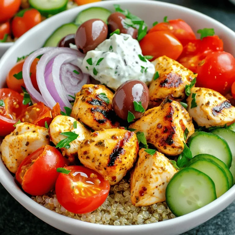 - Chicken and Marinade Ingredients - 1 lb boneless, skinless chicken breasts, cut into 1-inch cubes - 2 tablespoons extra virgin olive oil - 2 teaspoons dried oregano - 1 teaspoon garlic powder - 1 teaspoon smoked paprika - Sea salt and freshly cracked black pepper, to taste - Vegetable and Topping Ingredients - 1 cup cherry tomatoes, halved - 1 medium cucumber, diced - ½ medium red onion, thinly sliced - ½ cup Kalamata olives, pitted and halved - ½ cup tzatziki sauce (store-bought or homemade) - Fresh parsley, finely chopped (for garnish) - Base Ingredients (Quinoa or Rice) - 1 cup cooked quinoa or fluffy basmati rice A perfect Greek Chicken Souvlaki Bowl starts with great ingredients. The chicken is the star, marinated with olive oil, herbs, and spices. This mix gives the chicken a tasty kick. I use oregano for that classic Greek flavor. Garlic powder and smoked paprika add depth and warmth. Don’t forget salt and pepper. They help bring out all the flavors. Next, we have the fresh vegetables. Cherry tomatoes add sweetness, while cucumber brings a nice crunch. The red onion gives a sharp flavor, and Kalamata olives add a salty bite. Together, they create a colorful mix that brightens the bowl. Finally, the base can be cooked quinoa or fluffy basmati rice. Both options are filling and soak up the tasty juices from the chicken and veggies. For the full recipe, check the section above. How to Prepare the Marinade To start, gather a large mixing bowl. In it, whisk together two tablespoons of extra virgin olive oil, two teaspoons of dried oregano, one teaspoon of garlic powder, and one teaspoon of smoked paprika. Add sea salt and black pepper to taste. Mix until the marinade is well combined. This mixture will add great flavor to the chicken. Marinating the Chicken Next, take one pound of boneless, skinless chicken breasts. Cut them into one-inch cubes. Place the chicken into the bowl with the marinade. Make sure each piece is covered well. Cover the bowl with plastic wrap or a lid. Place it in the fridge for at least 30 minutes. This step allows the chicken to soak up all those tasty flavors. Preheating the Grill While the chicken marinates, it’s time to prepare the grill. Preheat your grill or grill pan to medium-high heat. If you use wooden skewers, soak them in water for about 30 minutes. This helps prevent them from burning while you grill the chicken. Skewering and Grilling the Chicken Now, it’s time to cook! Thread the marinated chicken cubes onto the soaked skewers. Once all the chicken is skewered, place them on the hot grill. Grill the chicken for 8 to 10 minutes. Turn the skewers occasionally. Cook until the chicken is fully done and has a nice char. The internal temperature should reach 165°F (75°C). Preparing the Vegetable Mix While the chicken grills, prepare the fresh vegetable mix. In a large serving bowl, combine one cup of halved cherry tomatoes, one medium diced cucumber, half a medium thinly sliced red onion, and half a cup of halved Kalamata olives. Toss everything gently so the flavors mix well. Assembling the Bowls Once the chicken is grilled, remove it from the skewers. Begin assembling your bowls by adding cooked quinoa or fluffy basmati rice to each bowl. Distribute the grilled chicken over the grains. Then, spoon the vibrant vegetable mix on top of the chicken. For a cooling touch, drizzle tzatziki sauce over each bowl. Finally, garnish with freshly chopped parsley for added color and flavor. For the complete recipe, check the [Full Recipe]. How to Achieve Perfectly Grilled Chicken To get juicy, tender chicken, marinate it well. Use a mix of olive oil, oregano, garlic powder, and smoked paprika. Make sure each piece is coated. Grill on medium-high heat for the best char. Flip the skewers often to cook evenly. Recommended Cooking Times for Different Grills For gas grills, cook the chicken for 8-10 minutes. If using a charcoal grill, it may take a little longer, about 10-12 minutes. Always check for an internal temperature of 165°F (75°C). This ensures the chicken is safe to eat. Marinade Recommendations Feel free to play with the marinade. You can add lemon juice for tanginess or a pinch of cumin for warmth. The key is to let the chicken sit in the marinade for at least 30 minutes. Longer is even better for deeper flavor. Presentation Ideas for Greek Chicken Souvlaki Bowls When serving, arrange the chicken, veggies, and grains in colorful layers. Add lemon wedges on the side for a zesty touch. You can sprinkle fresh parsley on top for a pop of green. This not only tastes good but looks amazing too. Side Dishes to Complement the Bowl Serve with a simple Greek salad or warm pita bread. These sides balance the meal nicely. You can also add a light yogurt dip for extra creaminess. This gives your meal even more flavor and texture. {{image_4}} You can easily switch up the main protein in your Greek Chicken Souvlaki Bowls. Try using lamb for a richer taste or tofu for a plant-based option. Both alternatives will soak up the marinade just like chicken. The key is to marinate them well for flavor. Vegetable substitutions can also freshen up your dish. If you want some crunch, add bell peppers or zucchini. They pair well with the other ingredients. Use spinach or arugula for a leafy green boost. These swaps keep the meal lively and delicious. Don’t shy away from trying different sauces. While tzatziki is classic, hummus or a spicy harissa sauce can add a unique twist. You might find a new favorite that excites your taste buds! Seasonal vegetables can brighten your Greek Chicken Souvlaki Bowls. In spring, add asparagus or snap peas for a fresh crunch. In summer, grilled corn can add sweetness. In fall, try roasted butternut squash for warmth and depth. These changes let you enjoy fresh flavors all year. To adapt the recipe for every season, think about the base. Use wild rice in winter for a hearty feel. In summer, stick with fluffy basmati rice for lightness. Adjusting your ingredients makes these bowls a year-round delight! For the full experience, check out the Full Recipe. - Refrigeration Guidelines: Once you finish your meal, cool the bowls to room temperature. Transfer leftovers to airtight containers. Store them in the fridge for up to three days. This way, you keep the flavors fresh and tasty. - Freezing Chicken Souvlaki Bowls: You can freeze the chicken souvlaki bowls too. Just make sure to separate the tzatziki sauce. Freeze the bowls for up to three months. When ready to eat, thaw them overnight in the fridge. - Recommended Methods for Reheating: To reheat, use the oven or microwave. For the oven, set it to 350°F (175°C). Place the bowl in for about 15 minutes. If using a microwave, heat in short bursts, stirring between each. - Ensuring Ingredients Stay Fresh: Watch out for soggy veggies! To keep them crisp, add fresh veggies and tzatziki after reheating. This step keeps your Greek chicken souvlaki bowls vibrant and delicious. By following these storage tips, you can enjoy your meal later without losing any of its tasty charm. For the full recipe, check the earlier section! What is traditional souvlaki? Traditional souvlaki is a Greek dish made of marinated meat, often served on skewers. It usually features pork, chicken, or lamb grilled to perfection. The meat is seasoned with herbs and spices, giving it a vibrant flavor. Souvlaki is often served with pita bread, fresh vegetables, and tzatziki sauce, making it a complete meal. Can I make the tzatziki sauce at home? Yes, you can easily make tzatziki sauce at home! Mix plain yogurt with finely chopped cucumber, garlic, lemon juice, and fresh dill. This sauce adds a cool and tangy flavor that pairs perfectly with the chicken in the bowls. Making it at home allows you to customize the flavors to your taste. How do I know when the chicken is cooked through? To ensure the chicken is fully cooked, use a meat thermometer. The internal temperature should reach 165°F (75°C). The chicken should be firm to the touch and no longer pink in the center. Always check a few pieces to be safe. Is this recipe gluten-free? Yes, this recipe is gluten-free! You can enjoy the Greek Chicken Souvlaki Bowls without worrying about gluten. Just ensure that any toppings or sauces you use, like tzatziki, are also gluten-free. Can the recipe be made low-carb? Absolutely! To make this recipe low-carb, simply skip the quinoa or rice. Instead, serve the grilled chicken with a larger portion of vegetables. You will still enjoy the flavors while keeping the carbs low. Tips for paleo or keto adaptations For a paleo adaptation, focus on using fresh, whole ingredients. Avoid grains and dairy. For keto, use low-carb vegetables and increase healthy fats. Adding more olive oil or avocado can enhance the meal's richness while keeping it keto-friendly. This blog post covered everything you need to make Greek Chicken Souvlaki Bowls. We discussed key ingredients, from chicken and marinade to bases like quinoa or rice. I walked you through preparation and grilling steps. Plus, I shared tips to make the perfect dish, variations to keep it fresh, and storage info for leftovers. By following these steps, you can create a tasty meal that everyone will love. Enjoy customizing your bowls, and don’t forget to experiment with ingredients!