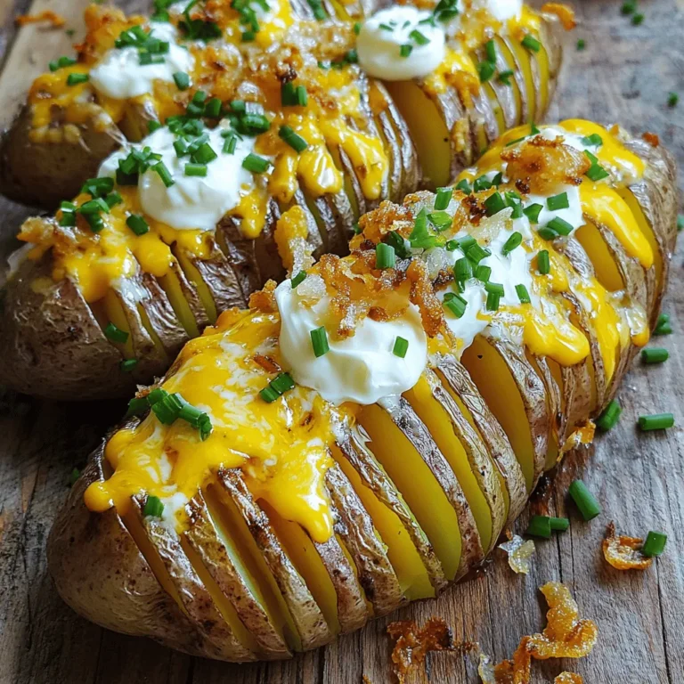 To make Cheesy Hasselback Potatoes, you will need the following ingredients: - 4 medium-sized russet potatoes - 1 cup shredded cheddar cheese - 1/2 cup cream cheese, softened - 3 tablespoons unsalted butter, melted - 2 tablespoons olive oil - 1 teaspoon garlic powder - 1 teaspoon paprika - Salt and pepper, to taste - 2 tablespoons fresh chives, chopped (for garnish) - Optional: 1/2 cup crispy fried onions (for topping) These ingredients come together to create a dish that is rich, creamy, and full of flavor. The russet potatoes serve as a perfect base, with their fluffy texture. The blend of cream cheese and cheddar cheese ensures a cheesy goodness in every bite. The olive oil and butter add a lovely richness, while garlic powder and paprika bring depth. Fresh chives not only add color but also a fresh taste. And if you want extra crunch, the crispy fried onions are a fun addition. You can find the full recipe to guide you through the steps of making this irresistible side dish. - Preheat the Oven: Start by preheating your oven to 400°F (200°C). This gets it ready for your potatoes. - Wash and Prepare the Potatoes: Rinse the russet potatoes under cool water. Scrub them to remove dirt. After that, dry them with a towel. Carefully slice slits into each potato, about 1/4 inch apart. Stop cutting about 1/2 inch from the bottom. This keeps the potato whole and creates fun fans when baked. - Make the Seasoning Mixture: In a small bowl, mix together melted butter, olive oil, garlic powder, paprika, salt, and pepper. Whisk until combined. This mixture adds great flavor to your potatoes. - Coat the Potatoes with Seasoning: Place your potatoes on a baking sheet lined with parchment paper. Use a pastry brush or spoon to coat each potato with the seasoning mix. Pour some of the mixture into the slits for extra flavor. - Initial Baking: Bake the seasoned potatoes in the oven for about 30 minutes. This will help them soften. - Add Cream Cheese and Cheese: After 30 minutes, take the potatoes out of the oven. Use a spoon to scoop some softened cream cheese into the slits. Then, sprinkle shredded cheddar cheese on top of each potato. - Final Baking: Put the potatoes back in the oven. Bake for another 15-20 minutes. Wait until the cheese is melted and bubbly. You want it to be golden brown. Check out the Full Recipe for all the details! - Over or Under Slicing the Potatoes Make sure to slice the potatoes evenly. If you cut too deep, they fall apart. If you don’t cut enough, they won’t fan out. Aim for about 1/4 inch between each cut. This balance helps them cook just right. - Skipping the Seasoning Don’t skip the seasoning step! This is key for flavor. The butter, garlic powder, and paprika mix adds a rich taste. Make sure to coat the potatoes well, especially in the slits. It makes a big difference. - Ideas for Additional Spices You can play with spices to change up the taste. Try adding cayenne for heat or Italian herbs for a fresh twist. A sprinkle of cumin can also bring warmth. Mix and match to find your favorite blend. - Using Different Cheese Variations While cheddar cheese is classic, feel free to experiment! Swiss cheese melts beautifully. Gouda adds a lovely smokiness. If you like spice, try pepper jack. Each cheese brings its own unique flavor, so have fun with it. For the complete method to make these delicious cheesy Hasselback potatoes, check out the Full Recipe. {{image_4}} You can switch up the cheese for your Cheesy Hasselback Potatoes. Try using Swiss, Gouda, or Pepper Jack cheese. Each type adds its own unique flavor. Swiss gives a nutty taste, Gouda melts beautifully, and Pepper Jack adds a kick. Experiment with different cheeses to find your favorite mix. Toppings can take your potatoes to the next level. You might sprinkle fresh herbs like parsley or thyme on top. These herbs add freshness and color. You can also use spices such as paprika or chili powder for extra flavor. For a crispy finish, add bacon bits. The crunchy texture pairs well with the soft potatoes. You can also try crispy fried onions for a delightful crunch. These toppings make the dish even more fun and delicious. Feel free to mix and match these ideas to create your perfect Cheesy Hasselback Potatoes. For the full recipe, check back to see how to make this dish shine. Refrigeration Guidelines After enjoying your cheesy Hasselback potatoes, let them cool down. Place any leftovers in an airtight container. Store them in the fridge for up to three days. If you want to enjoy them later, make sure they are well-sealed to avoid drying out. Freezing Instructions You can freeze these potatoes if you want to keep them longer. Wrap each potato tightly in plastic wrap, then place them in a freezer bag. They can last up to three months in the freezer. When you're ready to eat, let them thaw in the fridge overnight before reheating. Best Methods for Reheating The oven is the best way to reheat your cheesy Hasselback potatoes. Preheat your oven to 350°F (175°C). Place the potatoes on a baking sheet and heat them for about 15-20 minutes. This helps keep them crispy on the outside and warm inside. Maintaining Texture and Flavor Add a bit of olive oil or butter before reheating. This keeps the potatoes moist and enhances their cheesy flavor. If you like, sprinkle some extra cheese on top before heating for an added cheesy touch. Enjoy your delicious leftovers just like the first time you made them! To make Cheesy Hasselback Potatoes, follow these steps: 1. Preheat the Oven: Start by heating your oven to 400°F (200°C). 2. Prepare the Potatoes: Wash and dry 4 medium russet potatoes. Slice each potato into slits, stopping before cutting all the way through. 3. Make the Seasoning: Mix melted butter, olive oil, garlic powder, paprika, salt, and pepper in a bowl. 4. Coat the Potatoes: Brush the seasoning onto the potatoes, ensuring to get it into the slits. 5. Bake: Place the potatoes in the oven for about 30 minutes. 6. Add Cheese: After baking, spoon cream cheese into the slits. Top with shredded cheddar cheese. 7. Final Bake: Return the potatoes to the oven for another 15-20 minutes until the cheese is melted. This method creates crispy edges and creamy centers. For the full recipe, check the earlier sections. Yes, you can prep Hasselback potatoes ahead of time. Here are some tips: - Wash and Slice: Prepare the potatoes by washing and slicing them. - Store in Water: Place the sliced potatoes in cold water. This prevents browning and keeps them fresh. - Season Later: Add the seasoning mix before baking. This keeps the flavors fresh and vibrant. You can store them in the fridge for a few hours. Just drain them before baking. Cheesy Hasselback Potatoes pair well with various dishes. Here are some ideas: - Grilled Meat: Serve with grilled chicken or steak for a hearty meal. - Salads: A fresh garden salad adds a nice balance. - Vegetables: Roasted or steamed veggies complement the cheesy flavor. These sides create a complete and satisfying meal. Hasselback potatoes can be part of a healthy diet, but consider these points: - Nutrition: Russet potatoes are rich in vitamins and fiber. - Portion Control: Enjoy them in moderation, especially with cheese and butter. - Healthier Options: Use less cheese or swap for low-fat cheese. You can also reduce butter or use olive oil instead. By making small changes, you can enjoy this dish while keeping it healthier. Cheesy Hasselback potatoes offer a tasty twist on a classic favorite. We covered the key ingredients, like russet potatoes and melted cheese. I shared step-by-step instructions to help you bake the perfect dish. Remember to avoid common mistakes and experiment with flavors. Leftovers can be easily stored and reheated for later enjoyment. These potatoes are not just a side dish; they can be the star of your meal. Enjoy creating your own variations to impress your friends and family. Make sure you savor every delicious bite!
