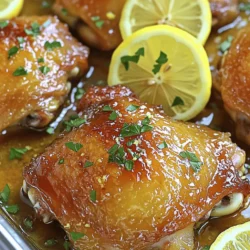 - 4 bone-in, skin-on chicken thighs - 1/4 cup honey - 1/4 cup freshly squeezed lemon juice - 2 tablespoons extra-virgin olive oil - 3 cloves garlic, minced finely - 1 teaspoon fresh rosemary (or 1/2 teaspoon dried rosemary) - 1 teaspoon coarse salt - 1/2 teaspoon freshly ground black pepper - Lemon slices (for garnishing) - Fresh parsley, finely chopped (for garnishing) For this dish, I love using bone-in, skin-on chicken thighs. They stay juicy and have great flavor. Honey adds sweetness, while lemon juice gives a nice zing. The garlic and rosemary blend perfectly in the marinade. This simple mix creates a dish you will love. Gather these ingredients before you start cooking. The freshness of the herbs and lemon juice makes a big difference. You can find these items at your local grocery store. Make sure to have everything on hand for a smooth cooking experience. If you want to explore more, check out the Full Recipe for detailed steps! In a medium bowl, I whisk together the following: - 1/4 cup honey - 1/4 cup freshly squeezed lemon juice - 2 tablespoons extra-virgin olive oil - 3 cloves garlic, minced finely - 1 teaspoon fresh rosemary, finely chopped - 1 teaspoon coarse salt - 1/2 teaspoon freshly ground black pepper This mixture is sweet and tangy. The honey adds a nice glaze, while the lemon gives a bright flavor. The garlic and rosemary enhance the taste. Next, I take 4 bone-in, skin-on chicken thighs and coat them in the marinade. I use a large resealable bag, pouring the marinade over the chicken. I make sure each piece is well-coated. Then, I seal the bag and refrigerate for at least 30 minutes. I can leave it for up to 2 hours to let the flavors blend. This step is key for juicy, flavorful chicken. While the chicken marinates, I preheat the oven to 400°F (200°C). After marinating, I take the chicken thighs out of the bag. I shake off any extra marinade and place them skin-side up in a greased baking dish. I reserve some marinade for basting later. I bake the chicken for 25 minutes. Then, I brush the reserved marinade over the chicken and return it to the oven. I continue baking for another 10 minutes. I check that the chicken reaches an internal temperature of 165°F (74°C). If I want crispy skin, I turn on the broiler for the last 2-3 minutes. I keep a close eye to avoid burning. After baking, I let the chicken rest for 5 minutes. This helps keep the meat juicy. I like to serve the chicken hot, garnished with lemon slices and fresh parsley. This recipe is both tasty and simple to make. For the full recipe, check back to the beginning! To get your chicken thighs just right, aim for an internal temperature of 165°F (74°C). Use a meat thermometer to check the temperature. After baking, let the chicken rest for 5 minutes. This step keeps the meat juicy and tasty. For the best flavor, marinate the chicken for at least 30 minutes. If you can, let it sit for 2 hours. This allows the honey and lemon to seep into the meat. The longer it marinates, the better the taste. To get crispy skin, bake the chicken thighs skin-side up. For an extra crunch, switch on the broiler for the last 2-3 minutes. Watch closely to avoid burning. If you notice browning too fast, move the chicken lower in the oven. Enjoy the amazing crunch! {{image_4}} You can swap chicken thighs for other meats. Chicken breasts are leaner and cook faster. You can also use chicken legs. They have more fat, adding great flavor. Both options work well with the honey lemon marinade. Want to change flavors? You can add spices like paprika or cayenne for heat. Fresh herbs like thyme or oregano give a new twist. Try garlic powder for extra garlic flavor without the fuss. Even a splash of soy sauce can add depth to the marinade. Pair your honey lemon chicken with rice or quinoa for a filling meal. Roasted veggies like broccoli or carrots add color and crunch. A fresh salad brightens the plate and balances the meal. Serve with crusty bread to soak up the tasty sauce. For a fun twist, try serving the chicken in tacos. Use tortillas and top with fresh salsa for a vibrant dish. Store leftover honey lemon chicken thighs in an airtight container. This keeps them fresh and tasty. Place the container in the fridge within two hours of cooking. The chicken will stay good for up to three days. When you're ready to eat, make sure to check for any signs of spoilage. To freeze the chicken, first let it cool completely. Then, wrap each thigh tightly in plastic wrap. Place the wrapped thighs in a freezer-safe bag. Remove as much air as possible before sealing. You can freeze them for up to three months. When you're ready to cook, thaw them in the fridge overnight for best results. Reheat the chicken in the oven for the best texture. Preheat your oven to 350°F (175°C). Place the chicken in a baking dish and cover it with foil. This helps keep the chicken moist. Heat for about 15-20 minutes or until warm. You can also use a microwave, but it may dry out the chicken. If you use a microwave, cover the chicken with a damp paper towel to keep it juicy. I recommend marinating chicken thighs for at least 30 minutes. This short time allows the flavors to start soaking in. For the best taste, aim for 2 hours. If you want to prepare ahead, you can even marinate them overnight. Just keep them in the fridge. The longer they sit, the more flavor they gain. Yes, you can make Honey Lemon Chicken Thighs in advance. Prepare the chicken and marinade ahead of time. Store the marinated chicken in the fridge for up to 2 days. This way, you save time on busy days. You can also cook extra chicken and store leftovers. Keep them in an airtight container in the fridge for up to 3 days. Reheat them gently to keep them juicy. If you need an alternative to honey, you have a few good options. Maple syrup is a great choice. It adds sweetness and works well with lemon. You can also use agave nectar or brown sugar. Each option will change the flavor a bit, but they will still taste great in the marinade. Just use the same amount as honey for best results. This blog post gave you a simple guide to a tasty chicken recipe. You learned about the key ingredients, step-by-step instructions, and useful tips for perfect results. I shared ways to adapt flavors and store leftovers. Remember, marinating is key for great taste, and the right cooking techniques keep chicken juicy. Try different herbs and spices to make this dish your own. Enjoy your cooking adventure!