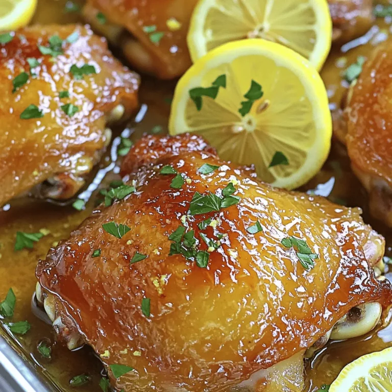 - 4 bone-in, skin-on chicken thighs - 1/4 cup honey - 1/4 cup freshly squeezed lemon juice - 2 tablespoons extra-virgin olive oil - 3 cloves garlic, minced finely - 1 teaspoon fresh rosemary (or 1/2 teaspoon dried rosemary) - 1 teaspoon coarse salt - 1/2 teaspoon freshly ground black pepper - Lemon slices (for garnishing) - Fresh parsley, finely chopped (for garnishing) For this dish, I love using bone-in, skin-on chicken thighs. They stay juicy and have great flavor. Honey adds sweetness, while lemon juice gives a nice zing. The garlic and rosemary blend perfectly in the marinade. This simple mix creates a dish you will love. Gather these ingredients before you start cooking. The freshness of the herbs and lemon juice makes a big difference. You can find these items at your local grocery store. Make sure to have everything on hand for a smooth cooking experience. If you want to explore more, check out the Full Recipe for detailed steps! In a medium bowl, I whisk together the following: - 1/4 cup honey - 1/4 cup freshly squeezed lemon juice - 2 tablespoons extra-virgin olive oil - 3 cloves garlic, minced finely - 1 teaspoon fresh rosemary, finely chopped - 1 teaspoon coarse salt - 1/2 teaspoon freshly ground black pepper This mixture is sweet and tangy. The honey adds a nice glaze, while the lemon gives a bright flavor. The garlic and rosemary enhance the taste. Next, I take 4 bone-in, skin-on chicken thighs and coat them in the marinade. I use a large resealable bag, pouring the marinade over the chicken. I make sure each piece is well-coated. Then, I seal the bag and refrigerate for at least 30 minutes. I can leave it for up to 2 hours to let the flavors blend. This step is key for juicy, flavorful chicken. While the chicken marinates, I preheat the oven to 400°F (200°C). After marinating, I take the chicken thighs out of the bag. I shake off any extra marinade and place them skin-side up in a greased baking dish. I reserve some marinade for basting later. I bake the chicken for 25 minutes. Then, I brush the reserved marinade over the chicken and return it to the oven. I continue baking for another 10 minutes. I check that the chicken reaches an internal temperature of 165°F (74°C). If I want crispy skin, I turn on the broiler for the last 2-3 minutes. I keep a close eye to avoid burning. After baking, I let the chicken rest for 5 minutes. This helps keep the meat juicy. I like to serve the chicken hot, garnished with lemon slices and fresh parsley. This recipe is both tasty and simple to make. For the full recipe, check back to the beginning! To get your chicken thighs just right, aim for an internal temperature of 165°F (74°C). Use a meat thermometer to check the temperature. After baking, let the chicken rest for 5 minutes. This step keeps the meat juicy and tasty. For the best flavor, marinate the chicken for at least 30 minutes. If you can, let it sit for 2 hours. This allows the honey and lemon to seep into the meat. The longer it marinates, the better the taste. To get crispy skin, bake the chicken thighs skin-side up. For an extra crunch, switch on the broiler for the last 2-3 minutes. Watch closely to avoid burning. If you notice browning too fast, move the chicken lower in the oven. Enjoy the amazing crunch! {{image_4}} You can swap chicken thighs for other meats. Chicken breasts are leaner and cook faster. You can also use chicken legs. They have more fat, adding great flavor. Both options work well with the honey lemon marinade. Want to change flavors? You can add spices like paprika or cayenne for heat. Fresh herbs like thyme or oregano give a new twist. Try garlic powder for extra garlic flavor without the fuss. Even a splash of soy sauce can add depth to the marinade. Pair your honey lemon chicken with rice or quinoa for a filling meal. Roasted veggies like broccoli or carrots add color and crunch. A fresh salad brightens the plate and balances the meal. Serve with crusty bread to soak up the tasty sauce. For a fun twist, try serving the chicken in tacos. Use tortillas and top with fresh salsa for a vibrant dish. Store leftover honey lemon chicken thighs in an airtight container. This keeps them fresh and tasty. Place the container in the fridge within two hours of cooking. The chicken will stay good for up to three days. When you're ready to eat, make sure to check for any signs of spoilage. To freeze the chicken, first let it cool completely. Then, wrap each thigh tightly in plastic wrap. Place the wrapped thighs in a freezer-safe bag. Remove as much air as possible before sealing. You can freeze them for up to three months. When you're ready to cook, thaw them in the fridge overnight for best results. Reheat the chicken in the oven for the best texture. Preheat your oven to 350°F (175°C). Place the chicken in a baking dish and cover it with foil. This helps keep the chicken moist. Heat for about 15-20 minutes or until warm. You can also use a microwave, but it may dry out the chicken. If you use a microwave, cover the chicken with a damp paper towel to keep it juicy. I recommend marinating chicken thighs for at least 30 minutes. This short time allows the flavors to start soaking in. For the best taste, aim for 2 hours. If you want to prepare ahead, you can even marinate them overnight. Just keep them in the fridge. The longer they sit, the more flavor they gain. Yes, you can make Honey Lemon Chicken Thighs in advance. Prepare the chicken and marinade ahead of time. Store the marinated chicken in the fridge for up to 2 days. This way, you save time on busy days. You can also cook extra chicken and store leftovers. Keep them in an airtight container in the fridge for up to 3 days. Reheat them gently to keep them juicy. If you need an alternative to honey, you have a few good options. Maple syrup is a great choice. It adds sweetness and works well with lemon. You can also use agave nectar or brown sugar. Each option will change the flavor a bit, but they will still taste great in the marinade. Just use the same amount as honey for best results. This blog post gave you a simple guide to a tasty chicken recipe. You learned about the key ingredients, step-by-step instructions, and useful tips for perfect results. I shared ways to adapt flavors and store leftovers. Remember, marinating is key for great taste, and the right cooking techniques keep chicken juicy. Try different herbs and spices to make this dish your own. Enjoy your cooking adventure!