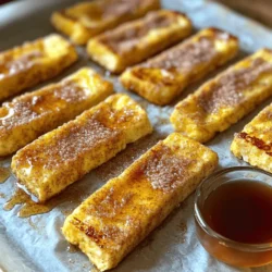 To make delicious oven baked French toast sticks, you'll need a few simple ingredients. These will help create a sweet and satisfying breakfast treat that everyone loves. - 6 thick slices of bread (brioche or challah recommended) - 3 large eggs - 1 cup milk (whole or preferred for creaminess) - 1 tablespoon pure vanilla extract - 1 teaspoon ground cinnamon (plus more for topping) - 2 tablespoons granulated sugar - 1/4 teaspoon salt - 1/4 cup unsalted butter, melted - 1/4 cup granulated sugar mixed with 1 teaspoon ground cinnamon for topping - Maple syrup for serving (optional) Each ingredient plays a role in making these sticks tasty. The bread gives a soft base, while eggs and milk create a rich flavor. Vanilla and cinnamon add warmth and sweetness. The sugar topping gives a nice crunch, and butter helps them bake to perfection. With these ingredients, you can create a fun breakfast that feels special. For the full recipe, check out the link provided. Enjoy your cooking! 1. Preheat the oven to 400°F (200°C). This step warms up your kitchen and gets things cooking. 2. Prepare a baking sheet by lining it with parchment paper. This keeps the sticks from sticking. 3. In a large bowl, whisk together the eggs, milk, vanilla, cinnamon, sugar, and salt. Mix until smooth. 1. Take each slice of bread and cut it into 4 strips. This gives you nice, easy-to-eat sticks. 2. Dip each strip into the egg mixture. Make sure all sides are coated well. Shake off any extra liquid. 1. Arrange the dipped bread sticks on the baking sheet. Space them out for even cooking. 2. Brush the tops with melted butter. This adds a nice crispiness while baking. 3. Sprinkle the cinnamon-sugar mixture on top. This enhances the flavor and gives a sweet touch. 4. Bake for 12-15 minutes. Flip the sticks halfway through to ensure they brown evenly. Look for a golden color and a slight crisp. 5. After baking, let them cool for a few minutes before serving. Enjoy them warm with maple syrup for dipping. For a special touch, dust with powdered sugar. This is the Full Recipe for a delightful breakfast treat. For the best flavor and texture, use brioche or challah bread. These breads are soft and soak up the egg mixture well. They create a nice balance between chewy and crispy. To avoid sogginess, dip each bread strip quickly. Make sure to shake off any extra egg mixture. This will keep your French toast sticks from getting too wet. You can swap out regular sugar for brown sugar for a richer taste. Try adding nutmeg or vanilla bean for more depth. For toppings, think beyond maple syrup. Fresh berries, whipped cream, or even a drizzle of chocolate sauce can elevate your dish. You can also sprinkle some chopped nuts on top for crunch. For a complete guide, check out the Full Recipe. {{image_4}} You can make your oven baked French toast sticks even more fun by adding flavors. Fruits like blueberries or bananas make a tasty addition. Just toss them in the egg mixture before dipping the bread. The warm fruit will taste amazing. You can also add chocolate chips or nuts. They bring a nice crunch and sweetness. Just sprinkle them on top of the bread sticks before baking. This way, every bite will be full of flavor. If you need to make some changes for diet reasons, no worries! You can use gluten-free bread. Many brands offer great options that still taste good. Just pick your favorite gluten-free loaf and follow the recipe. For milk and butter, try dairy-free alternatives. Almond milk or coconut milk works great in this dish. You can also use vegan butter for a dairy-free version. These small swaps will help you enjoy this treat without missing out. To keep your French toast sticks fresh, store them in an airtight container in the fridge. Aim to eat them within three days for the best taste. When you want to reheat, simply place them in a toaster oven or regular oven at 350°F (175°C) for about 5-7 minutes. This will help restore their crispy texture. You can also microwave them for about 30 seconds, but they may lose some crunch. If you want to save some for later, freezing is a great choice. Lay the cooled French toast sticks in a single layer on a baking sheet. Freeze them for about 1-2 hours until firm. Then, transfer them to a freezer-safe bag or container. They can last up to two months in the freezer. When you’re ready to eat, reheat them straight from the freezer. Bake at 375°F (190°C) for about 10-12 minutes, flipping halfway. This will ensure they heat through and become crispy again. I often use brioche or challah. They are thick and soft, which makes them perfect. They soak up the egg mixture well without falling apart. You can also try sourdough or whole wheat if you prefer. Just make sure it’s thick enough, so it holds its shape when baked. Yes, you can prepare the egg mixture a day before. Just mix the eggs, milk, vanilla, cinnamon, sugar, and salt in a bowl. Cover it and keep it in the fridge. When you're ready to bake, simply stir it again. This saves time on busy mornings. Look for a golden-brown color on the outside. The sticks should feel firm to the touch. If they are crispy on the edges, they are likely done. You can also check the bottom; it should be lightly browned. Baking them for 12-15 minutes usually works well. Absolutely! You can try honey, yogurt, or fruit compote. Nutella or peanut butter are great too. For a fun twist, use chocolate sauce or whipped cream. You can even sprinkle them with powdered sugar for extra sweetness. You now have a clear guide to create tasty oven-baked French toast sticks. Remember to use brioche or challah for the best flavor. Follow the step-by-step instructions and tips to avoid sogginess. Feel free to customize with fruits or nuts to suit your taste. Store leftovers properly and enjoy them later with ease. This dish is simple and fun for everyone. You can now impress family and friends with your delicious creations!