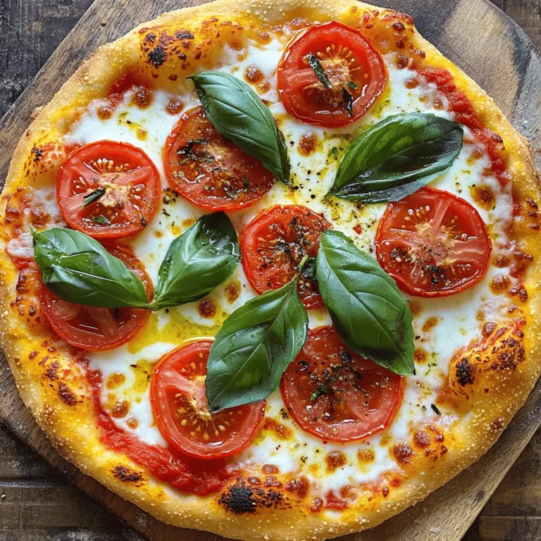 To make a tasty Margherita pizza, you need a few simple items. Here’s what you will need: - 1 pre-made pizza dough: You can use store-bought or homemade dough. This saves time and effort. - 1 cup marinara sauce: A nice layer of this sauce gives flavor and moisture. - 8 oz fresh mozzarella cheese: Slice it into rounds. This cheese melts beautifully. - 1 large ripe tomato: Slice it into thin rounds. Fresh tomatoes add sweetness. - A handful of fresh basil leaves: Tear these if they are large. They add a fresh taste. - 2 tablespoons extra virgin olive oil: This adds richness and helps flavor the crust. - 1 teaspoon garlic powder: This gives a nice hint of garlic without being too strong. - Sea salt and freshly cracked black pepper: Use these to taste. They enhance all the flavors. - A pinch of red pepper flakes: This is optional for a hint of heat. Use these ingredients to create your easy Margherita pizza delight. For detailed steps, check the Full Recipe. How do I preheat the oven and pizza stone? Set your oven to 475°F (245°C). If you have a pizza stone, place it inside now. This helps make a crispy crust. How do I prepare the pizza dough? On a floured surface, stretch or roll out the dough. Aim for a 12-inch circle. Make sure it’s even in thickness. Move the dough to a baking sheet or a pizza peel dusted with flour. How do I spread the marinara sauce? Use a spoon to spread an even layer of marinara sauce. Leave a 1-inch border around the edges for the crust. How do I layer cheese and tomatoes? Place fresh mozzarella slices evenly on the sauce. Then, add the fresh tomato slices on top. This creates a beautiful, colorful pizza. What is the baking time and temperature? Slide the pizza into the oven or onto the preheated stone. Bake for about 10 to 15 minutes. Keep an eye on it. You want the crust to be golden brown and the cheese to be bubbly. How do I add fresh basil after baking? Once your pizza is out of the oven, sprinkle fresh basil over the top. Let it cool for a minute before slicing. This step adds a fresh touch to your pizza. For the complete guide, check out the Full Recipe. Enjoy making your Easy Margherita Pizza! To get a great crust, focus on your oven temperature. Set your oven to 475°F (245°C). This high heat helps make the crust crispy. If you have a pizza stone, put it in the oven while it preheats. The stone holds heat well and gives your pizza a nice base. This helps create a restaurant-quality crust at home. Want to take your pizza to the next level? Consider adding toppings like olives, mushrooms, or arugula. Each of these adds a new flavor that pairs well with the classic ingredients. For extra flavor, sprinkle your pizza with herbs like oregano or thyme before baking. Use fresh garlic instead of garlic powder for a more robust taste. Pair your Margherita pizza with a light drink like sparkling water or a crisp white wine. These drinks balance the richness of the cheese. For serving, slice your pizza into wedges and lay them on a wooden board. Add a few extra basil leaves on top for color and aroma. A drizzle of olive oil on the finished pizza will impress your guests and make it look gourmet. {{image_4}} You can make your Margherita pizza special by trying different cheeses. Burrata adds a creamy touch. Goat cheese gives a tangy flavor. Both choices will change the taste and fun of your pizza. For the sauce, you don’t have to stick only to marinara. You can use pesto for a fresh twist. A white garlic sauce can also add a nice flavor. Experiment with these options to find your favorite. If you need a gluten-free pizza, many stores sell gluten-free crusts. You can also make your own using almond flour or cauliflower. This way, everyone can enjoy pizza night. For a vegan version, swap the mozzarella for vegan cheese. You can use cashew cheese or store-bought vegan options. If you like sausage, try a plant-based sausage. These changes keep the taste great while meeting dietary needs. To keep your leftover pizza fresh, wrap it well. Use plastic wrap or foil to cover each slice. Place the wrapped slices in the fridge. They will stay good for about three days. When you’re ready to eat, you can reheat it. The best way to reheat pizza is in the oven. Set the oven to 375°F (190°C). Place the slices on a baking sheet for about 10 minutes. This method keeps the crust crispy and the cheese melty. You can also use a skillet. Heat the skillet over medium heat, add the slice, and cover it. Heat for about 5 minutes until warm. Freezing Margherita pizza is a great way to save it for later. Start by letting the pizza cool. Once cool, slice it into portions. Wrap each slice tightly in plastic wrap. Then, place the wrapped slices in a freezer bag. Squeeze out the air before sealing. This way, the pizza stays fresh for up to two months. When you want to enjoy your frozen pizza, take it out of the freezer. Let it thaw in the fridge overnight. If you're in a hurry, you can thaw it in the microwave for a minute or two. After thawing, reheat it in the oven at 375°F (190°C) for 10 minutes. This method ensures your pizza tastes fresh and delicious. For more details on making this pizza, check out the Full Recipe. How long does it take to make Margherita pizza? It takes about 25 minutes to make Margherita pizza from start to finish. This includes 15 minutes for prep and 10 to 15 minutes for baking. You’ll spend just a few minutes getting all your ingredients ready. Then, the baking will give you that crispy crust and melted cheese. Can I use store-bought dough for the best results? Yes, using store-bought dough works great! It saves time and still gives you a tasty pizza. Just follow the baking instructions on the package. This way, you can focus on adding your favorite toppings and sauce. What’s the origin of Margherita pizza? Margherita pizza comes from Italy. It was named after Queen Margherita of Savoy in the late 1800s. A chef made it to honor her visit. The colors in the pizza—red, white, and green—represent the Italian flag. Can I customize toppings without losing the essence of a Margherita? You can add toppings, but keep it simple. Fresh basil and mozzarella are key. You might try adding sliced olives or a sprinkle of arugula after baking. This way, the classic flavor stays while you add your touch. For a full recipe, check out the [Full Recipe]. Enjoy making your pizza! Making a Margherita pizza is simple and fun. You learned about the key ingredients, like dough, sauce, and cheese. We covered step-by-step instructions for perfect pizza. I shared tips on achieving a great crust and enhancing flavor. You can also explore variations for dietary needs or personal taste. Finally, I guided you on storing leftovers for future enjoyment. Enjoy making your pizza, and remember, practice makes perfect!