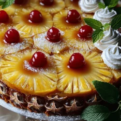 To make your Pineapple Upside Down Cake, gather these items: - 1 can (20 oz) pineapple slices in juice, drained (reserve the juice) - 1/2 cup unsalted butter (1 stick), softened - 1 cup packed brown sugar - 1/2 cup granulated sugar - 2 large eggs, at room temperature - 1 teaspoon pure vanilla extract - 1 1/2 cups all-purpose flour - 1 1/2 teaspoons baking powder - 1/2 teaspoon salt - 1/2 cup reserved pineapple juice - 1/2 teaspoon ground cinnamon (optional) - Maraschino cherries (optional, for garnish) - Softening Butter: To soften butter, leave it out at room temp for about 30 minutes. If you're in a hurry, cut it into small pieces and microwave it for 10-15 seconds. - Eggs at Room Temperature: Take eggs out of the fridge one hour before use. They mix better when warm. - Measuring Flour: Spoon the flour into a measuring cup and level it off with a knife. This keeps the cake from being too dense. - Fresh Pineapple: You can use fresh pineapple instead of canned. Cut it into slices and follow the same steps. - Butter Alternatives: For a dairy-free option, use coconut oil or vegan butter. - Sugar Alternatives: If you want a healthier choice, try using coconut sugar or a sugar substitute like stevia. - Gluten-Free Option: Swap all-purpose flour for a gluten-free blend. Just ensure it has a good binding agent. This complete list and handy tips will help you create a delightful Pineapple Upside Down Cake. Enjoy making this sweet treat! For the full recipe, check out the Tropical Pineapple Paradise Upside Down Cake . Start by preheating your oven to 350°F (175°C). While it heats, grab a 9-inch round cake pan. Place 1/2 cup of softened butter in the pan and melt it in the oven for about 5 minutes. Once melted, take it out and sprinkle 1 cup of packed brown sugar evenly over the butter. Stir gently until mixed. This step creates a sweet base for the cake. Now it’s time to arrange the pineapple. Take the 20 oz can of drained pineapple slices and place them on top of the butter and sugar mixture. You can create a pretty pattern. For a fun touch, add a maraschino cherry in the center of each pineapple slice. This adds color and charm to your cake. In a large bowl, cream together 1/2 cup of granulated sugar and the remaining softened butter. Use an electric mixer on medium speed until fluffy. Add 2 large eggs one at a time, mixing well after each. Then, stir in 1 teaspoon of pure vanilla extract. In another bowl, whisk together 1 1/2 cups of all-purpose flour, 1 1/2 teaspoons of baking powder, 1/2 teaspoon of salt, and 1/2 teaspoon of ground cinnamon if you want warmth. Gradually mix the dry ingredients into the butter mixture, alternating with 1/2 cup of the reserved pineapple juice. Make sure not to overmix. Carefully pour the cake batter over the arranged pineapple in the pan. Use a spatula to spread it evenly. Place it in your preheated oven and bake for 35-40 minutes. Check if it's done by inserting a toothpick in the center; it should come out clean. Once baked, let the cake cool in the pan for about 10 minutes. To invert, place a serving plate upside down on the pan, then flip it over. Lift off the pan to see the lovely pineapple topping. Enjoy this delightful cake warm or at room temperature! You can even serve it with whipped cream or vanilla ice cream for a special treat. To bake a great pineapple upside-down cake, you need some key tips. First, use room-temperature eggs. This helps the batter mix well. Second, don’t skip the butter melting step. It gives the cake a rich flavor. Make sure to spread the brown sugar evenly over the butter. This creates a sweet base for your cake. Use a toothpick to check for doneness. It should come out clean when the cake is ready. Sometimes, cakes can be tricky. If your cake sticks to the pan, try greasing it better next time. You can also line the bottom with parchment paper. If the cake is too dense, check that you didn’t overmix the batter. Overmixing can make it heavy. If it’s dry, you might have baked it too long. Keep an eye on the time and check a bit earlier. Serving this cake can be fun! You can dust the top with powdered sugar for a nice look. Add fresh mint leaves for color. Serve it warm with whipped cream or vanilla ice cream. You can also drizzle some caramel sauce on top. This adds a sweet touch that pairs well with the pineapple. For a twist, try adding toasted coconut flakes for a tropical vibe. For the full recipe, check out my Tropical Pineapple Paradise Upside Down Cake. {{image_4}} You can have fun with this cake! Try adding coconut for a tropical vibe. Flaked coconut pairs well with the pineapple. You can also mix in other fruits. Consider using sliced bananas or cherries. These fruits add flavor and color. You can create your own twist on the classic. Need to make it gluten-free? It’s easy! Use a gluten-free flour blend instead of all-purpose flour. This swap keeps the cake light and fluffy. You can also make it dairy-free. Substitute the butter with coconut oil or vegan butter. These changes allow everyone to enjoy this treat. While the cake is great as is, toppings can enhance it. A cream cheese frosting adds richness. Simply mix cream cheese, powdered sugar, and vanilla. You can also try a light glaze. Mix powdered sugar with pineapple juice for a sweet finish. For a fun crunch, sprinkle chopped nuts on top. Each option gives the cake a new flavor. To keep your leftover pineapple upside down cake fresh, cover it tightly. Use plastic wrap or foil to seal the cake. You can also store it in an airtight container. Place the cake in the fridge if you plan to eat it within a few days. This keeps it moist and tasty. When you are ready to enjoy your cake again, reheating it is simple. Preheat your oven to 350°F (175°C). Place the cake in an oven-safe dish. Heat it for about 10 to 15 minutes. This warms the cake and brings back its soft texture. You can also use the microwave. Heat a slice for about 15 to 20 seconds. If you want to save your cake for later, freezing is a great option. First, let the cake cool completely. Then, slice it into pieces. Wrap each piece tightly in plastic wrap. For extra protection, place wrapped slices in a freezer-safe bag. Label the bag with the date. Frozen cake can last up to three months. To thaw, let it sit in the fridge overnight. Enjoy your cake as if it were fresh! This delightful treat is easy to store and reheat, making it perfect for any occasion. For the full recipe, check out the Tropical Pineapple Paradise Upside Down Cake. Pineapple Upside Down Cake first appeared in the U.S. in the 1920s. It gained fame during the Great Depression. Canned pineapple was cheap and easy to find. People loved the sweet, tropical flavor. The cake became a popular dessert for dinner parties. Its fun presentation also caught many eyes. This cake reflects American creativity and resourcefulness in baking. Yes, you can make Pineapple Upside Down Cake ahead of time. Bake the cake and let it cool completely. Once cool, cover it with plastic wrap. Store it in the fridge for up to three days. This allows the flavors to meld together. Just remember to reheat it before serving. Warm cake tastes even better! To make a smaller cake, use a 6-inch round pan. Cut the ingredient amounts in half for a perfect fit. For a larger cake, use a 12-inch round pan. Double the ingredients for a crowd-pleasing dessert. Adjust the baking time as needed. Check with a toothpick to ensure it's done. Serve Pineapple Upside Down Cake warm for the best taste. A scoop of vanilla ice cream adds creaminess. Whipped cream also enhances the flavors. You can dust the top with powdered sugar. This adds a lovely touch. For a fresh look, garnish with mint leaves. This way, your guests will be impressed! You can find the Full Recipe for this delightful cake to start baking today! You learned how to make the perfect Pineapple Upside Down Cake. We covered ingredients, step-by-step instructions, and helpful tips to ensure success. You discovered fun variations and easy storage methods for leftovers. Remember, baking is fun and creative. Don't be afraid to try new flavors or adjust the recipe to fit your needs. Enjoy every bite of your tasty creation and impress your friends with your skills. Happy baking!