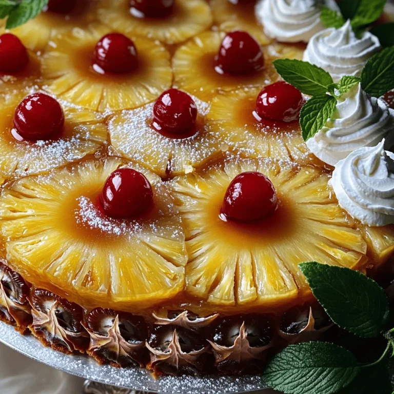 To make your Pineapple Upside Down Cake, gather these items: - 1 can (20 oz) pineapple slices in juice, drained (reserve the juice) - 1/2 cup unsalted butter (1 stick), softened - 1 cup packed brown sugar - 1/2 cup granulated sugar - 2 large eggs, at room temperature - 1 teaspoon pure vanilla extract - 1 1/2 cups all-purpose flour - 1 1/2 teaspoons baking powder - 1/2 teaspoon salt - 1/2 cup reserved pineapple juice - 1/2 teaspoon ground cinnamon (optional) - Maraschino cherries (optional, for garnish) - Softening Butter: To soften butter, leave it out at room temp for about 30 minutes. If you're in a hurry, cut it into small pieces and microwave it for 10-15 seconds. - Eggs at Room Temperature: Take eggs out of the fridge one hour before use. They mix better when warm. - Measuring Flour: Spoon the flour into a measuring cup and level it off with a knife. This keeps the cake from being too dense. - Fresh Pineapple: You can use fresh pineapple instead of canned. Cut it into slices and follow the same steps. - Butter Alternatives: For a dairy-free option, use coconut oil or vegan butter. - Sugar Alternatives: If you want a healthier choice, try using coconut sugar or a sugar substitute like stevia. - Gluten-Free Option: Swap all-purpose flour for a gluten-free blend. Just ensure it has a good binding agent. This complete list and handy tips will help you create a delightful Pineapple Upside Down Cake. Enjoy making this sweet treat! For the full recipe, check out the Tropical Pineapple Paradise Upside Down Cake . Start by preheating your oven to 350°F (175°C). While it heats, grab a 9-inch round cake pan. Place 1/2 cup of softened butter in the pan and melt it in the oven for about 5 minutes. Once melted, take it out and sprinkle 1 cup of packed brown sugar evenly over the butter. Stir gently until mixed. This step creates a sweet base for the cake. Now it’s time to arrange the pineapple. Take the 20 oz can of drained pineapple slices and place them on top of the butter and sugar mixture. You can create a pretty pattern. For a fun touch, add a maraschino cherry in the center of each pineapple slice. This adds color and charm to your cake. In a large bowl, cream together 1/2 cup of granulated sugar and the remaining softened butter. Use an electric mixer on medium speed until fluffy. Add 2 large eggs one at a time, mixing well after each. Then, stir in 1 teaspoon of pure vanilla extract. In another bowl, whisk together 1 1/2 cups of all-purpose flour, 1 1/2 teaspoons of baking powder, 1/2 teaspoon of salt, and 1/2 teaspoon of ground cinnamon if you want warmth. Gradually mix the dry ingredients into the butter mixture, alternating with 1/2 cup of the reserved pineapple juice. Make sure not to overmix. Carefully pour the cake batter over the arranged pineapple in the pan. Use a spatula to spread it evenly. Place it in your preheated oven and bake for 35-40 minutes. Check if it's done by inserting a toothpick in the center; it should come out clean. Once baked, let the cake cool in the pan for about 10 minutes. To invert, place a serving plate upside down on the pan, then flip it over. Lift off the pan to see the lovely pineapple topping. Enjoy this delightful cake warm or at room temperature! You can even serve it with whipped cream or vanilla ice cream for a special treat. To bake a great pineapple upside-down cake, you need some key tips. First, use room-temperature eggs. This helps the batter mix well. Second, don’t skip the butter melting step. It gives the cake a rich flavor. Make sure to spread the brown sugar evenly over the butter. This creates a sweet base for your cake. Use a toothpick to check for doneness. It should come out clean when the cake is ready. Sometimes, cakes can be tricky. If your cake sticks to the pan, try greasing it better next time. You can also line the bottom with parchment paper. If the cake is too dense, check that you didn’t overmix the batter. Overmixing can make it heavy. If it’s dry, you might have baked it too long. Keep an eye on the time and check a bit earlier. Serving this cake can be fun! You can dust the top with powdered sugar for a nice look. Add fresh mint leaves for color. Serve it warm with whipped cream or vanilla ice cream. You can also drizzle some caramel sauce on top. This adds a sweet touch that pairs well with the pineapple. For a twist, try adding toasted coconut flakes for a tropical vibe. For the full recipe, check out my Tropical Pineapple Paradise Upside Down Cake. {{image_4}} You can have fun with this cake! Try adding coconut for a tropical vibe. Flaked coconut pairs well with the pineapple. You can also mix in other fruits. Consider using sliced bananas or cherries. These fruits add flavor and color. You can create your own twist on the classic. Need to make it gluten-free? It’s easy! Use a gluten-free flour blend instead of all-purpose flour. This swap keeps the cake light and fluffy. You can also make it dairy-free. Substitute the butter with coconut oil or vegan butter. These changes allow everyone to enjoy this treat. While the cake is great as is, toppings can enhance it. A cream cheese frosting adds richness. Simply mix cream cheese, powdered sugar, and vanilla. You can also try a light glaze. Mix powdered sugar with pineapple juice for a sweet finish. For a fun crunch, sprinkle chopped nuts on top. Each option gives the cake a new flavor. To keep your leftover pineapple upside down cake fresh, cover it tightly. Use plastic wrap or foil to seal the cake. You can also store it in an airtight container. Place the cake in the fridge if you plan to eat it within a few days. This keeps it moist and tasty. When you are ready to enjoy your cake again, reheating it is simple. Preheat your oven to 350°F (175°C). Place the cake in an oven-safe dish. Heat it for about 10 to 15 minutes. This warms the cake and brings back its soft texture. You can also use the microwave. Heat a slice for about 15 to 20 seconds. If you want to save your cake for later, freezing is a great option. First, let the cake cool completely. Then, slice it into pieces. Wrap each piece tightly in plastic wrap. For extra protection, place wrapped slices in a freezer-safe bag. Label the bag with the date. Frozen cake can last up to three months. To thaw, let it sit in the fridge overnight. Enjoy your cake as if it were fresh! This delightful treat is easy to store and reheat, making it perfect for any occasion. For the full recipe, check out the Tropical Pineapple Paradise Upside Down Cake. Pineapple Upside Down Cake first appeared in the U.S. in the 1920s. It gained fame during the Great Depression. Canned pineapple was cheap and easy to find. People loved the sweet, tropical flavor. The cake became a popular dessert for dinner parties. Its fun presentation also caught many eyes. This cake reflects American creativity and resourcefulness in baking. Yes, you can make Pineapple Upside Down Cake ahead of time. Bake the cake and let it cool completely. Once cool, cover it with plastic wrap. Store it in the fridge for up to three days. This allows the flavors to meld together. Just remember to reheat it before serving. Warm cake tastes even better! To make a smaller cake, use a 6-inch round pan. Cut the ingredient amounts in half for a perfect fit. For a larger cake, use a 12-inch round pan. Double the ingredients for a crowd-pleasing dessert. Adjust the baking time as needed. Check with a toothpick to ensure it's done. Serve Pineapple Upside Down Cake warm for the best taste. A scoop of vanilla ice cream adds creaminess. Whipped cream also enhances the flavors. You can dust the top with powdered sugar. This adds a lovely touch. For a fresh look, garnish with mint leaves. This way, your guests will be impressed! You can find the Full Recipe for this delightful cake to start baking today! You learned how to make the perfect Pineapple Upside Down Cake. We covered ingredients, step-by-step instructions, and helpful tips to ensure success. You discovered fun variations and easy storage methods for leftovers. Remember, baking is fun and creative. Don't be afraid to try new flavors or adjust the recipe to fit your needs. Enjoy every bite of your tasty creation and impress your friends with your skills. Happy baking!