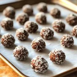 - 1 cup pitted Medjool dates - 1 cup rolled oats - 1/2 cup unsweetened shredded coconut - 1/3 cup almond or nut butter - 1/4 cup unsweetened cocoa powder - 1 tablespoon maple syrup (optional for added sweetness) - 1/4 teaspoon sea salt - 1/2 teaspoon vanilla extract - 1/4 cup dark chocolate chips For these Chocolate Coconut Energy Bites, I pick fresh Medjool dates. They add natural sweetness and stickiness. Rolled oats give a nice texture and fiber. I choose unsweetened shredded coconut for a rich coconut flavor without extra sugar. A scoop of almond butter adds creaminess and healthy fats. Unsweetened cocoa powder gives the chocolate kick we crave. You can add maple syrup if you like it sweeter. I use just a pinch of sea salt to balance the flavors. A bit of vanilla extract enhances the taste. Finally, dark chocolate chips make each bite even more delightful. - Calories per bite: About 80 calories - Macronutrient breakdown: - Carbohydrates: 10g - Protein: 2g - Fat: 4g These bites pack a punch of energy. Each bite has about 80 calories, making them a great snack. They are rich in healthy fats, thanks to the nut butter and coconut. The oats provide fiber, helping you feel full longer. You can enjoy these bites as a quick energy boost any time of the day. For the complete recipe, check out the Full Recipe section! 1. Soak the Medjool dates: Place the pitted Medjool dates in warm water. Let them soak for about 10 minutes. This step makes them soft and easy to blend. After soaking, drain the dates and set them aside. 2. Measure and prepare other ingredients: Gather all your ingredients. You will need rolled oats, unsweetened shredded coconut, almond butter, cocoa powder, sea salt, vanilla extract, and dark chocolate chips. Having everything ready will make the process smooth. 1. Instructions for using a food processor: In a food processor, add the soaked dates, rolled oats, shredded coconut, almond butter, cocoa powder, sea salt, vanilla extract, and maple syrup if you want extra sweetness. 2. Achieving the right consistency: Pulse the mixture until it combines well. You want it to clump together. If it feels too dry, add a tablespoon of water at a time while pulsing. Keep mixing until you achieve a sticky texture. 1. How to form the energy bites: Use clean hands to scoop out about a tablespoon of the mixture. Roll it into a ball, about one inch in size. Repeat this until all the mixture is shaped into bites. 2. Setting time in the refrigerator: Place the energy bites on a baking sheet lined with parchment paper. Chill them in the refrigerator for at least 30 minutes. This helps them firm up. You can enjoy them as a healthy snack or dessert. For the full recipe, check the complete instructions above. To get the right sweetness, taste the mixture before rolling them into bites. If you want it sweeter, add a little maple syrup. You can also try adding honey or agave syrup. For toppings, consider rolling the bites in shredded coconut or cocoa powder. You can also use crushed nuts for a crunchy finish. For the best texture, make sure to soak the Medjool dates well. They should be soft and easy to blend. If the mixture feels too dry, add a little water until it sticks together. Avoid over-blending, as this can make it too smooth. You want to see some bits of oats and coconut. These energy bites pair well with a glass of almond milk or coconut water. They also make a great snack with fresh fruit. For a fun presentation, arrange the bites on a colorful plate. Sprinkle some extra coconut or cocoa on top for flair. You can even place them in mini cupcake liners for a party vibe! {{image_4}} You can easily change the taste of your energy bites. Try using different nut butters, like cashew or peanut butter. Each nut butter adds its unique flavor and texture. You can also add extracts, such as almond or coconut, for extra warmth. Another fun option is to mix in superfoods. Chia seeds or flaxseeds boost nutrients and add a nice crunch. You can even chop up some nuts for added texture. These changes help keep your energy bites exciting! If you have dietary needs, you can still enjoy these bites. For gluten-free options, use certified gluten-free oats. This swap keeps the recipe safe for those with gluten sensitivities. If you want a vegan-friendly version, stick with maple syrup instead of honey. Also, make sure your chocolate chips are dairy-free. These small adjustments let everyone enjoy these tasty bites without worry. You can adapt the energy bites based on the seasons. In fall, consider adding pumpkin spice or dried cranberries. For summer, you can mix in fresh berries or citrus zest for a bright flavor. You can also make themed energy bites for special occasions. Try adding peppermint extract for winter holidays or a dash of cinnamon for cozy gatherings. This way, your energy bites can match any celebration or season! To keep your Chocolate Coconut Energy Bites fresh, store them in an airtight container. This helps prevent air from drying them out. You can line the container with parchment paper to avoid sticking. Always keep them in the fridge unless you plan to eat them soon. Storing them properly keeps the flavors vibrant and the texture chewy. These energy bites last up to a week in the fridge. To enjoy them longer, freeze them! Place the bites in a single layer on a baking sheet to freeze them first. After they freeze, transfer them to a freezer-safe container. They can last for about three months in the freezer. When you want to eat one, just take it out and let it thaw a bit. This way, you can enjoy a healthy snack whenever you want! For the full recipe, check out the steps on how to make these delicious bites. Chocolate Coconut Energy Bites are small snacks made from whole food ingredients. They blend dates, oats, coconut, and cocoa into tasty bites. These snacks are perfect for a quick energy boost. They also satisfy sweet cravings without guilt. I created this recipe to provide a healthy option for busy days. You can find the full recipe above. Yes, you can customize these bites! If you want a different flavor, try using peanut butter instead of almond butter. You can swap out shredded coconut for chopped nuts or seeds. If you prefer less sweetness, skip the maple syrup. You can also add spices like cinnamon or nutmeg for extra flavor. The recipe is very flexible to fit your taste. These energy bites offer a quick energy boost. The healthy fats and fiber from the nuts and oats help keep you full. You can feel energized for a few hours after eating them. They make a great snack before workouts or during busy days. I often grab one when I need a pick-me-up. Absolutely! You can make these energy bites ahead of time. Just store them in an airtight container in the fridge. They stay fresh for up to a week. You can also freeze them for longer storage. Just thaw them when you want a quick snack. Meal prep makes it easy to have healthy snacks ready to go. These chocolate coconut energy bites offer great nutrition and taste. We covered ingredients, making, and storage tips. You can easily customize the recipe based on your diet or favorite flavors. With a few simple steps, you can create a tasty snack that fuels your day. Remember to experiment and have fun! Enjoy your energy bites fresh, and share them with others. They’re perfect for any time!