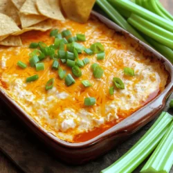 - Shredded chicken options - 2 cups shredded cooked chicken (rotisserie chicken is ideal) - You can use leftover chicken or canned chicken. - Cheese varieties - 8 oz cream cheese, softened - 1 cup shredded cheddar cheese, divided - 1 cup crumbled blue cheese (optional for extra flavor) - Condiments and spices - ½ cup sour cream - ½ cup mayonnaise - ¾ cup Buffalo sauce (adjust according to your spice preference) - Dipping suggestions - Tortilla chips - Celery sticks - Assorted veggies These ingredients come together to create a creamy, spicy dip that everyone loves. You can switch out the chicken type or cheese based on your taste. I always recommend using fresh ingredients for the best flavor. For a twist, try different dipping options like pita chips or crunchy carrots. Check out the Full Recipe for every detail on how to make this crowd-pleasing dish! 1. Preheating the oven: Start by setting your oven to 350°F (175°C). This step helps the dip cook evenly. 2. Mixing the creamy base: In a large bowl, add 8 oz of softened cream cheese, ½ cup of sour cream, and ½ cup of mayonnaise. Blend these together until the mix is smooth. No lumps should remain. 3. Incorporating chicken and sauce: Next, fold in 2 cups of shredded cooked chicken. Make sure the chicken gets coated well with the creamy base. Pour in ¾ cup of Buffalo sauce. If you like more heat, feel free to add more sauce. Mix in ½ cup of shredded cheddar cheese. For extra flavor, add 1 cup of crumbled blue cheese if you want. 4. Baking instructions: Transfer the mixture into a greased baking dish. An 8x8-inch dish works well. Spread the dip evenly. Sprinkle the remaining cheddar cheese on top. Bake in the preheated oven for 20-25 minutes. Look for bubbly edges and a golden top. 1. Cooling time: Once baked, remove the dish from the oven. Let it cool for about 5 minutes. This helps with serving. 2. Garnishing tips: Before serving, sprinkle 2 finely chopped green onions on top. This adds a nice color and fresh flavor. 3. Perfect serving suggestions: Serve the dip warm. It pairs great with tortilla chips, crunchy celery sticks, or colorful veggies. Enjoy every bite of this creamy spicy buffalo chicken dip! You can find the full recipe in the article. - Ingredient substitutions: You can swap rotisserie chicken for canned chicken. If you want less fat, use Greek yogurt instead of sour cream and mayo. You can also use low-fat cream cheese. For a twist, try using pepper jack cheese for a spicy kick. - Achieving the right consistency: The key is to mix well. Make sure your cream cheese is soft. This helps create a smooth base. If the dip feels too thick, add a bit more sour cream or mayo until it's just right. - Enhancing flavor profiles: To boost flavor, consider adding garlic powder or onion powder. You can also mix in a splash of ranch dressing for a different taste. Fresh herbs like cilantro or parsley can add brightness too. - Mixing methods: I like to use an electric mixer for the creamy base. It makes everything smooth and easy. When you add the chicken and sauce, use a spatula to fold them in gently. This keeps the chicken pieces intact. - Baking alternatives: If you don’t want to bake, you can use a slow cooker. Just mix the ingredients and let them heat on low for a few hours. It’s a great way to keep the dip warm at parties. - Serving temperature considerations: Always serve this dip warm for the best taste. If it cools down, it can become thick. If you need to reheat, do it gently in the microwave or oven. This keeps the flavors fresh and delicious. For the full recipe, check out the detailed instructions included above. {{image_4}} If you want more heat, you can adjust the hot sauce. Start with the usual amount, then add more to taste. This way, you control the spice level. Another way to spice things up is by adding jalapeños or other peppers. Chop them finely, and mix them in with the chicken. This gives your dip a nice crunch and extra flavor. For a healthier dip, consider low-fat swaps. Use low-fat cream cheese, sour cream, and mayonnaise. These changes cut calories but keep taste. You can also make a vegan version. Substitute chicken with shredded jackfruit and cream cheese with a plant-based option. This way, everyone can enjoy the dip. To take your dip to the next level, try different cheese types. Use Monterey Jack or Pepper Jack for a twist. You can also add unique spices or herbs. A pinch of garlic powder or smoked paprika can elevate the flavor. These enhancements make each bite exciting and new. For the full recipe, check out the detailed instructions above. To keep your Buffalo Chicken Dip fresh, store it in an airtight container. This helps prevent any strong odors from affecting its taste. Place the container in the fridge right after serving. Your dip will stay good for about 3 to 4 days. If you want to enjoy it later, consider freezing it. Just make sure to use a freezer-safe container. Frozen dip can last up to three months. When it's time to enjoy your leftovers, you can reheat them in two ways: the microwave or the oven. - Microwave: Place the dip in a microwave-safe bowl. Heat it in short bursts of 30 seconds. Stir well after each burst. This helps the dip heat evenly. - Oven: Preheat your oven to 350°F (175°C). Transfer the dip to an oven-safe dish. Cover it with aluminum foil to keep it moist. Bake for about 15-20 minutes, or until it's hot throughout. No matter how you reheat it, aim to keep the dip creamy and tasty. Enjoy it warm with your favorite dippers! Can I make this dip ahead of time? Yes, you can! Prepare the dip, then cover it and chill. Bake it when you're ready to serve. This saves time and keeps the flavors fresh. What can I serve with Buffalo Chicken Dip? I love serving this dip with tortilla chips, celery sticks, or veggie sticks. You can also try crackers or bread for a fun twist. How can I make it less spicy? To reduce the heat, use less Buffalo sauce or choose a milder brand. Mixing in some cream cheese can also help tone down the spice. Calorie count per serving Each serving has about 300 calories. This is a tasty treat, so enjoy it in moderation. Breakdown of key ingredients - Shredded chicken: great protein source - Cream cheese: adds creaminess and richness - Buffalo sauce: gives that iconic spicy kick - Cheddar cheese: adds flavor and melts beautifully Allergen information This dip contains dairy products and chicken, which may not be suitable for everyone. Always check for allergies before serving. Can I use canned chicken instead of cooked? Yes, canned chicken works well. Just drain it and mix it in. It saves time and still tastes great. How do I adjust the recipe for larger gatherings? Double or triple the ingredients. Use a bigger baking dish to hold all that goodness. Just bake it a bit longer to ensure it's hot throughout. Buffalo chicken dip is simple to make and packed with flavor. You learned about key ingredients, preparation steps, and various tips for success. Don't shy away from customizing your dip with spicy or healthier options. Proper storage ensures your leftovers stay fresh. With this guide, you have everything to make a crowd-pleaser. Dive in, enjoy the cooking process, and savor every bite with friends and family.