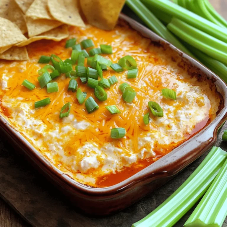 - Shredded chicken options - 2 cups shredded cooked chicken (rotisserie chicken is ideal) - You can use leftover chicken or canned chicken. - Cheese varieties - 8 oz cream cheese, softened - 1 cup shredded cheddar cheese, divided - 1 cup crumbled blue cheese (optional for extra flavor) - Condiments and spices - ½ cup sour cream - ½ cup mayonnaise - ¾ cup Buffalo sauce (adjust according to your spice preference) - Dipping suggestions - Tortilla chips - Celery sticks - Assorted veggies These ingredients come together to create a creamy, spicy dip that everyone loves. You can switch out the chicken type or cheese based on your taste. I always recommend using fresh ingredients for the best flavor. For a twist, try different dipping options like pita chips or crunchy carrots. Check out the Full Recipe for every detail on how to make this crowd-pleasing dish! 1. Preheating the oven: Start by setting your oven to 350°F (175°C). This step helps the dip cook evenly. 2. Mixing the creamy base: In a large bowl, add 8 oz of softened cream cheese, ½ cup of sour cream, and ½ cup of mayonnaise. Blend these together until the mix is smooth. No lumps should remain. 3. Incorporating chicken and sauce: Next, fold in 2 cups of shredded cooked chicken. Make sure the chicken gets coated well with the creamy base. Pour in ¾ cup of Buffalo sauce. If you like more heat, feel free to add more sauce. Mix in ½ cup of shredded cheddar cheese. For extra flavor, add 1 cup of crumbled blue cheese if you want. 4. Baking instructions: Transfer the mixture into a greased baking dish. An 8x8-inch dish works well. Spread the dip evenly. Sprinkle the remaining cheddar cheese on top. Bake in the preheated oven for 20-25 minutes. Look for bubbly edges and a golden top. 1. Cooling time: Once baked, remove the dish from the oven. Let it cool for about 5 minutes. This helps with serving. 2. Garnishing tips: Before serving, sprinkle 2 finely chopped green onions on top. This adds a nice color and fresh flavor. 3. Perfect serving suggestions: Serve the dip warm. It pairs great with tortilla chips, crunchy celery sticks, or colorful veggies. Enjoy every bite of this creamy spicy buffalo chicken dip! You can find the full recipe in the article. - Ingredient substitutions: You can swap rotisserie chicken for canned chicken. If you want less fat, use Greek yogurt instead of sour cream and mayo. You can also use low-fat cream cheese. For a twist, try using pepper jack cheese for a spicy kick. - Achieving the right consistency: The key is to mix well. Make sure your cream cheese is soft. This helps create a smooth base. If the dip feels too thick, add a bit more sour cream or mayo until it's just right. - Enhancing flavor profiles: To boost flavor, consider adding garlic powder or onion powder. You can also mix in a splash of ranch dressing for a different taste. Fresh herbs like cilantro or parsley can add brightness too. - Mixing methods: I like to use an electric mixer for the creamy base. It makes everything smooth and easy. When you add the chicken and sauce, use a spatula to fold them in gently. This keeps the chicken pieces intact. - Baking alternatives: If you don’t want to bake, you can use a slow cooker. Just mix the ingredients and let them heat on low for a few hours. It’s a great way to keep the dip warm at parties. - Serving temperature considerations: Always serve this dip warm for the best taste. If it cools down, it can become thick. If you need to reheat, do it gently in the microwave or oven. This keeps the flavors fresh and delicious. For the full recipe, check out the detailed instructions included above. {{image_4}} If you want more heat, you can adjust the hot sauce. Start with the usual amount, then add more to taste. This way, you control the spice level. Another way to spice things up is by adding jalapeños or other peppers. Chop them finely, and mix them in with the chicken. This gives your dip a nice crunch and extra flavor. For a healthier dip, consider low-fat swaps. Use low-fat cream cheese, sour cream, and mayonnaise. These changes cut calories but keep taste. You can also make a vegan version. Substitute chicken with shredded jackfruit and cream cheese with a plant-based option. This way, everyone can enjoy the dip. To take your dip to the next level, try different cheese types. Use Monterey Jack or Pepper Jack for a twist. You can also add unique spices or herbs. A pinch of garlic powder or smoked paprika can elevate the flavor. These enhancements make each bite exciting and new. For the full recipe, check out the detailed instructions above. To keep your Buffalo Chicken Dip fresh, store it in an airtight container. This helps prevent any strong odors from affecting its taste. Place the container in the fridge right after serving. Your dip will stay good for about 3 to 4 days. If you want to enjoy it later, consider freezing it. Just make sure to use a freezer-safe container. Frozen dip can last up to three months. When it's time to enjoy your leftovers, you can reheat them in two ways: the microwave or the oven. - Microwave: Place the dip in a microwave-safe bowl. Heat it in short bursts of 30 seconds. Stir well after each burst. This helps the dip heat evenly. - Oven: Preheat your oven to 350°F (175°C). Transfer the dip to an oven-safe dish. Cover it with aluminum foil to keep it moist. Bake for about 15-20 minutes, or until it's hot throughout. No matter how you reheat it, aim to keep the dip creamy and tasty. Enjoy it warm with your favorite dippers! Can I make this dip ahead of time? Yes, you can! Prepare the dip, then cover it and chill. Bake it when you're ready to serve. This saves time and keeps the flavors fresh. What can I serve with Buffalo Chicken Dip? I love serving this dip with tortilla chips, celery sticks, or veggie sticks. You can also try crackers or bread for a fun twist. How can I make it less spicy? To reduce the heat, use less Buffalo sauce or choose a milder brand. Mixing in some cream cheese can also help tone down the spice. Calorie count per serving Each serving has about 300 calories. This is a tasty treat, so enjoy it in moderation. Breakdown of key ingredients - Shredded chicken: great protein source - Cream cheese: adds creaminess and richness - Buffalo sauce: gives that iconic spicy kick - Cheddar cheese: adds flavor and melts beautifully Allergen information This dip contains dairy products and chicken, which may not be suitable for everyone. Always check for allergies before serving. Can I use canned chicken instead of cooked? Yes, canned chicken works well. Just drain it and mix it in. It saves time and still tastes great. How do I adjust the recipe for larger gatherings? Double or triple the ingredients. Use a bigger baking dish to hold all that goodness. Just bake it a bit longer to ensure it's hot throughout. Buffalo chicken dip is simple to make and packed with flavor. You learned about key ingredients, preparation steps, and various tips for success. Don't shy away from customizing your dip with spicy or healthier options. Proper storage ensures your leftovers stay fresh. With this guide, you have everything to make a crowd-pleaser. Dive in, enjoy the cooking process, and savor every bite with friends and family.