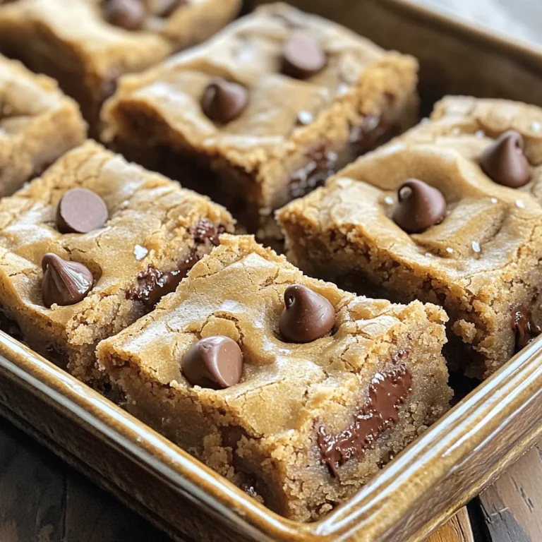 - 2 1/4 cups all-purpose flour - 1 cup unsalted butter, softened - 3/4 cup brown sugar - 3/4 cup granulated sugar - 2 large eggs - 2 cups semi-sweet chocolate chips - 1/2 cup chopped nuts (walnuts or pecans) - Sea salt for sprinkling You may want to try gluten-free flour options if you need a gluten-free treat. For a vegan version, use vegan butter and egg substitutes like flaxseed or applesauce. These swaps work well and still give you a yummy result. First, preheat your oven to 350°F (175°C). Grab a 9x13 inch baking pan. You can grease it lightly or line it with parchment paper. This helps with easy removal later. In a medium bowl, whisk together the flour, baking soda, and salt. Blend them well until you see no dry spots. Set this bowl aside for now. Take a large bowl and beat the softened butter with both sugars. Use an electric mixer on medium speed for about 2-3 minutes. You want it creamy and smooth. Next, add the pure vanilla extract and mix. Then, add the eggs one at a time. Mix well after each egg. Now, slowly add the dry mixture to the wet ingredients. Mix until just combined. Be careful not to overmix; it can change the bars' texture. Finally, gently fold in the chocolate chips and nuts, if you choose to use them. Scoop the cookie dough into your prepared baking pan. Spread it out evenly with a spatula to make a smooth top. For extra flavor, sprinkle a small pinch of sea salt on top. Bake for 25-30 minutes. Check for doneness by inserting a toothpick in the center. It should come out with a few moist crumbs. Let the cookie bars cool in the pan for about 10-15 minutes. After that, move them to a wire rack to cool completely. When cooled, cut them into squares or rectangles. Enjoy your delicious chocolate chip cookie bars! For the complete recipe, check the Full Recipe section. - Avoiding overmixing: When you mix the dough, stop as soon as you see no dry flour. Overmixing makes the bars tough. - Checking for perfect doneness: Bake until the edges are golden brown. Use a toothpick inserted in the center. It should have a few moist crumbs, not wet batter. - Serving suggestions: Place the cookie bars on a colorful platter. They look great cut into squares or rectangles for easy serving. - Garnishing ideas for an appealing look: A sprinkle of sea salt on top adds flair. You can also add a few chocolate chips on top before baking for a nice touch. - Adding spices or extracts: A dash of cinnamon or a splash of almond extract can elevate the flavor. Experiment to find your favorite twist. - Experimenting with different chocolate types: Try dark chocolate chips or white chocolate for a unique taste. You can even mix different types for a flavor boost. For the Full Recipe, refer to the beginning of the article. {{image_4}} You can change the flavor of your cookie bars to make them your own. Here are two ideas: - Peanut butter chocolate chip cookie bars: Swap half the butter for peanut butter. This adds a rich, nutty taste. It also gives the bars a lovely chew. - Mint chocolate chip cookie bars: Add a teaspoon of peppermint extract to the dough. This gives your bars a cool minty flavor that pairs well with chocolate. Need to make these bars fit your diet? Here are two great options: - Vegan chocolate chip cookie bars: Use vegan butter and flax eggs instead of regular eggs. Just mix one tablespoon of ground flaxseed with three tablespoons of water. Let it sit until it gets thick. This works great in the recipe. - Gluten-free chocolate chip cookie bars: Substitute the all-purpose flour with a gluten-free flour blend. Make sure it has xanthan gum for the best texture. Want to add even more flavors? Consider these options: - Dried fruits: Raisins or cranberries can add a sweet and chewy texture. - Coconut: Shredded coconut adds a nice chew and tropical taste. - Candy pieces: Mix in your favorite candies for a fun twist. Think M&Ms or chocolate-covered toffee bits. Feel free to get creative! Each variation can make your cookie bars truly special. For the full recipe, check out the instructions above. To keep your cookie bars fresh, store them at room temperature. Use an airtight container. This helps keep them soft and chewy. If you want to add extra freshness, place a slice of bread in the container. The bread will absorb moisture and keep the bars from drying out. If you live in a warm area, you might want to refrigerate your cookie bars. Wrap them in plastic wrap or store them in a sealed container. This will help maintain their quality. Just remember, they might get a bit firmer in the fridge. To freeze cookie bars, first let them cool completely. Cut them into squares or rectangles. Then, wrap each piece in plastic wrap. Place the wrapped bars in a freezer-safe bag or container. This helps prevent freezer burn. When you want to enjoy them again, simply remove a piece. Let it thaw at room temperature for about 30 minutes. For a quick fix, you can warm it in the microwave for a few seconds. When stored properly, chocolate chip cookie bars last about a week at room temperature. If you refrigerate them, they can last up to two weeks. In the freezer, they stay fresh for about three months. Just make sure to check for any odd smells or changes in texture before eating. Always prioritize your safety and enjoyment! Chocolate chip cookie bars bake for about 25 to 30 minutes. The time may vary based on your oven. You want the edges to turn golden brown. A toothpick test is key. Insert it into the center; it should come out with some moist crumbs. Yes, you can make the dough ahead of time. Simply prepare it and store it in the fridge. Cover it well with plastic wrap. This keeps it fresh for up to 2 days. When ready, let it sit at room temperature for about 15 minutes before baking. Some great egg substitutes are applesauce, mashed banana, or yogurt. Use 1/4 cup of any of these per egg. These options work well and keep your bars moist. They also add a slight sweetness, enhancing the flavor of your cookie bars. To get chewy cookie bars, adjust the ingredients. Use more brown sugar than granulated sugar. This adds moisture and chewiness. You can also underbake them slightly, taking them out when the center is still soft. This keeps them tender and chewy. You can make these bars healthier with a few swaps. Use whole wheat flour instead of all-purpose. This adds fiber. You can also reduce the sugar by 1/4 cup. For healthier fats, substitute half the butter with applesauce. These changes keep the taste yummy! For the full recipe, check [Full Recipe]. In this blog post, we explored how to make delicious chocolate chip cookie bars. We detailed the key ingredients, step-by-step instructions, and helpful tips. You can adjust the recipe to fit your taste or dietary needs. Don’t forget to store your bars properly to keep them fresh. With these easy steps, you can enjoy tasty treats any time. I hope you feel confident to bake these cookie bars and share them with others! Happy baking!