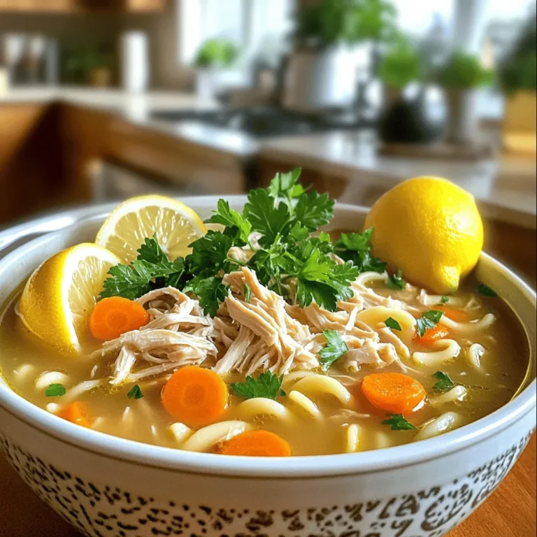 - 1 lb boneless, skinless chicken breasts - 4 cups chicken broth (homemade or store-bought) - 2 cups water - 1 cup carrots, diced - 1 cup celery, diced - 1 small onion, chopped - 4 cloves garlic, minced - 1 teaspoon dried thyme - 1 teaspoon dried parsley - Juice of 1 fresh lemon - Fresh parsley for garnish - Salt and pepper to taste - 2 tablespoons olive oil For this Instant Pot Chicken Noodle Soup, I love using fresh ingredients. The chicken gives a nice base of flavor. You can use either homemade or store-bought broth. Both work well in this recipe. I usually choose whole grain or egg noodles for extra texture. I add carrots and celery for sweetness and crunch. Diced onions and minced garlic enhance the soup's depth. The herbs, thyme, and parsley add a warm, earthy note. The lemon juice brightens the soup and cuts through the richness. I like to add salt and pepper to taste, adjusting it based on how I feel that day. The olive oil is great for sautéing the veggies, making them soft and fragrant. This combination of ingredients creates a cozy and comforting soup. You can find the full recipe for all the steps to make this delightful dish. Set your Instant Pot to the Sauté function. Heat two tablespoons of olive oil. After about one minute, the oil should shimmer. Add one small chopped onion and four minced garlic cloves. Sauté for 3-4 minutes. Stir often until the onion is soft and fragrant. Next, place one pound of boneless, skinless chicken breasts in the pot. Pour in four cups of chicken broth and two cups of water. Add one teaspoon of dried thyme and one teaspoon of dried parsley for flavor. Season with salt and pepper to taste. Secure the lid tightly, making sure the valve is sealing. Set the Instant Pot to Manual or Pressure Cook for 10 minutes. After cooking, let the pressure release naturally for five minutes. Then, switch the valve to venting to release any leftover steam. Carefully open the lid and use tongs to remove the chicken breasts. Shred the chicken into bite-sized pieces using two forks. Return the shredded chicken to the pot. Stir in two cups of egg noodles. Allow them to cook in the soup for about 5-7 minutes until they are tender. Squeeze in the juice of one fresh lemon for brightness. Taste and adjust seasoning if needed. Serve hot, garnished with fresh parsley. Enjoy! Sautéing the vegetables is key. When you sauté onions, garlic, carrots, and celery, they release flavors. This makes your soup taste richer. Just heat the olive oil in the Instant Pot and add your veggies. Stir them for about 3-4 minutes. You want them tender and fragrant. Shredding chicken can be tricky, but I have a simple tip. After cooking, use two forks to shred the chicken. Hold the chicken with one fork and pull it apart with the other. This way, you get perfect shreds in no time. To enhance the soup's taste, consider adding a few extra seasonings. A pinch of cayenne pepper can add a nice kick. You might also try adding fresh herbs like thyme or dill for extra flavor. For a healthier twist, swap out regular noodles for whole grain noodles. You can also add more veggies like spinach or kale. This boosts nutrition and adds color to the dish. After cooking, always taste your soup. This is the best way to know if it needs more seasoning. If it tastes a bit bland, add more salt and pepper. You can also squeeze in extra lemon juice for brightness. Garnishes can elevate your soup. Try topping each bowl with fresh parsley or a sprinkle of black pepper. You can even add a dollop of sour cream for creaminess. Serve it hot, and enjoy your delicious creation! {{image_4}} You can easily switch proteins in this soup. Try using turkey instead of chicken. Rotisserie chicken also works great. It saves time and adds flavor. For a vegetarian or vegan version, use chickpeas or lentils. Swap the chicken broth for vegetable broth to keep it tasty. Want to spice things up? Add a pinch of cayenne for some heat. You can also toss in greens like spinach or kale. They add color and nutrients. These small changes can really boost the flavor of your soup. Not in the mood for the Instant Pot? You can use a slow cooker instead. Just set it on low for 6-8 hours. For stovetop cooking, simmer the soup for about 30-40 minutes. Both methods will yield a warm, tasty dish. Check out the Full Recipe for detailed instructions! Store your leftover soup in an airtight container. This keeps it fresh and tasty. Make sure to let it cool down before sealing. In the fridge, your soup stays good for about 3 to 4 days. To freeze, let the soup cool completely. Then, pour it into freezer-safe bags or containers. Leave some space at the top for expansion. You can freeze it for up to 3 months. When you’re ready to eat, thaw it overnight in the fridge. Reheat on the stove or in the microwave until hot. For easy meals, portion the soup into single-serving containers. This makes lunch or dinner quick. Use glass or BPA-free plastic containers for best results. These options keep your soup fresh and are safe for the microwave. If your soup is too salty, don't worry. You can fix it easily. Here are some steps: - Add more liquid: Pour in extra chicken broth or water. This dilutes the salt. - Include potatoes: Add a few raw potato slices. They absorb excess salt. - Use cream: Stir in a bit of cream or milk. This can soften saltiness. - Add sugar: A small pinch of sugar can balance the salt flavor. These steps can help you enjoy a better flavor. Yes, you can use frozen chicken in this recipe. Just remember to adjust the time. Use these tips: - Increase cooking time: Set the Instant Pot for 12-15 minutes instead of 10 minutes. - Check for doneness: Ensure the chicken reaches 165°F for safe eating. Using frozen chicken is a great time-saver! This soup pairs well with many sides. Here are some tasty options: - Crusty bread: A warm slice of sourdough or baguette is perfect. - Salad: A fresh green salad adds color and crunch. - Crackers: Serve with whole grain or butter crackers for a nice crunch. These sides can enhance your meal. Yes, you can make this soup gluten-free. Here are some easy swaps: - Noodles: Use gluten-free egg noodles or rice noodles instead. - Broth: Choose gluten-free chicken broth. Check labels to be safe. These changes keep your soup delicious and gluten-free! This blog post detailed how to make chicken noodle soup in an Instant Pot. We covered required ingredients, cooking steps, and tips for perfecting the dish. Customizations and variations let you tailor the soup to your taste. Proper storage extends freshness, and we answered common FAQs to help you succeed. Experiment with flavors and ingredients to find your perfect bowl. Enjoy the comfort of homemade soup, easy to make and delicious!