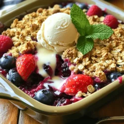 - 1 cup strawberries, hulled and quartered - 1 cup blueberries - 1 cup raspberries For this crisp, I love using fresh berries. They add a burst of flavor. Strawberries bring sweetness, while blueberries and raspberries add a slight tartness. Combine them for a balanced taste that excites your palate. - 1/2 cup granulated sugar (divided) - 1 tablespoon freshly squeezed lemon juice - 1 tablespoon cornstarch - 1 teaspoon pure vanilla extract The sweeteners enhance the berries' natural flavors. I use lemon juice for brightness. Cornstarch helps thicken the berry juices. The vanilla extract adds a warm, inviting aroma that makes this dessert special. - 1 cup rolled oats - 1/2 cup all-purpose flour - 1/2 teaspoon ground cinnamon - 1/4 cup packed brown sugar - 1/4 cup unsalted butter, melted and slightly cooled - Pinch of salt The crisp topping adds texture to the dessert. Rolled oats give it a chewy bite, while flour binds everything together. Ground cinnamon brings warmth. Brown sugar adds depth, and butter makes it rich and delicious. For the full recipe, check out the section on how to prepare everything step-by-step! First, set your oven to 350°F (175°C). This temperature is perfect for crisping the topping and baking the berries. Take a big bowl and add your berries: strawberries, blueberries, and raspberries. Pour in 1 tablespoon of lemon juice. This adds a nice zing. Next, sprinkle 1/4 cup of sugar and 1 tablespoon of cornstarch over the berries. Toss them gently until they are fully coated. This ensures the berries release their juices while baking. Pour the berry mixture into a greased 9-inch baking dish and spread it out evenly. In another bowl, mix together 1 cup of rolled oats, 1/2 cup of flour, 1/2 teaspoon of cinnamon, and 1/4 cup of brown sugar. Add a pinch of salt for flavor. Stir these dry ingredients well. Now, drizzle 1/4 cup of melted butter over the dry mix. Stir it until you see crumbly bits form. This should look like wet sand. Evenly spread the crisp topping over the berry layer in the baking dish. Make sure to cover all the berries. This way, every bite will taste great. Put the dish in the preheated oven and bake for 30-35 minutes. You’ll know it’s done when the berry juices are bubbling and the top is golden brown. After baking, take it out and let it cool for about 10 minutes. This cooling time helps the juices thicken. Serve the warm crisp in bowls. Top it with ice cream for a sweet treat. Feel free to check the Full Recipe for all the steps! When making a triple berry crisp, the type of berries you choose matters. Select ripe and seasonal berries for the best taste. Look for strawberries that are bright red and firm. Blueberries should be plump and deep in color, while raspberries must be soft yet intact. Fresh berries have the most flavor, so visit local farms or markets. This small step can make your dessert shine. You can adjust the crisp topping to fit your taste. If you prefer a sweeter crisp, add a bit more sugar. Want extra crunch? Toss in some chopped nuts like almonds or walnuts. You can also mix in spices like nutmeg for a unique twist. Don't be afraid to get creative! This topping is your canvas. To achieve a perfect crunch, bake the crisp until the topping is golden brown. If the topping browns too fast, cover it with foil. This prevents burning while the berries cook. Keep an eye on the baking time; about 30-35 minutes is ideal. A bubbly filling shows it's ready! Make your triple berry crisp look as good as it tastes. Serve it in individual bowls for a fun touch. Add a scoop of vanilla ice cream on top; it melts beautifully into the warm crisp. Garnish with fresh mint leaves for color and flavor. A little extra effort in presentation can impress your guests! For the complete recipe, check out the Full Recipe section. {{image_4}} You can mix and match your berries! If you want a fun twist, try using blackberries, cranberries, or even cherries. Each berry brings a new flavor. You can also adjust the sugar based on the berries’ sweetness. For example, if using tart cranberries, add a bit more sugar. This lets you create a crisp that suits your taste. If you need a gluten-free dessert, I have great news! You can swap regular flour for almond flour or coconut flour. For oats, use gluten-free oats to keep the recipe safe for all. These changes do not compromise taste and still give you that crunchy topping. You can enjoy this treat without worry! Want to enhance the texture? Adding nuts or seeds is a great idea! Chopped pecans or walnuts give a nice crunch. You can also sprinkle in chia seeds or flaxseeds for some healthy benefits. Mix them into your crisp topping before baking. This extra layer adds flavor and makes your dessert even more delightful. For the complete recipe, check out the Full Recipe. After you enjoy your Triple Berry Crisp, store leftovers in the fridge. First, let the crisp cool down. Then, cover it tightly with plastic wrap or aluminum foil. This helps keep the moisture in. You can also use an airtight container for storage. The crisp will stay fresh for about 3 to 4 days. If you want to enjoy your crisp later, freezing is a great option. Let it cool completely before freezing. Cut it into serving sizes. Wrap each piece in plastic wrap, then in foil. This double layer protects it from freezer burn. You can freeze it for up to 3 months. When you're ready to eat, just thaw it in the fridge overnight. To enjoy your leftover Triple Berry Crisp, preheat your oven to 350°F (175°C). Place the crisp in an oven-safe dish. Cover it with foil to keep it moist. Heat for about 15 to 20 minutes, or until it's warm throughout. For a crispy topping, remove the foil for the last 5 minutes. This way, you’ll get that delightful crunch back! Yes, you can use frozen berries. Just make sure to thaw them first. Thawing helps them mix well with the other ingredients. However, frozen berries may release more juice. If you want to avoid a watery crisp, add a bit more cornstarch. This will help thicken the mixture. The Triple Berry Crisp will last about 3 to 4 days in the fridge. Store it in an airtight container to keep it fresh. If you notice any excess moisture, try to drain it before serving. This will help maintain its crunchy topping. Yes, you can prepare the berry mixture and topping ahead of time. Just store them separately in the fridge. When you're ready to bake, layer them in the dish and cook as directed. This makes it easy for last-minute gatherings. I love serving Triple Berry Crisp with vanilla ice cream. The warm crisp pairs perfectly with the cold ice cream. You can also add whipped cream for a lighter option. Fresh mint leaves can add a nice touch, too. The prep time for this recipe is about 15 minutes. The cook time is around 30 to 35 minutes. In total, you can have this delicious dessert ready in about 50 minutes. For the Full Recipe, check the details above. This article shows you how to make a delicious Triple Berry Crisp. You learned the perfect mix of fresh berries, sweeteners, and a crunchy topping. Each step helps you bake it to crispy perfection. I shared tips on picking ripe berries and customizing the topping to your taste. You can even explore variations with different berries or gluten-free options. With the right storage and reheating methods, you can enjoy this dessert for days. Now it’s time to gather your ingredients and impress everyone with your homemade crisp!