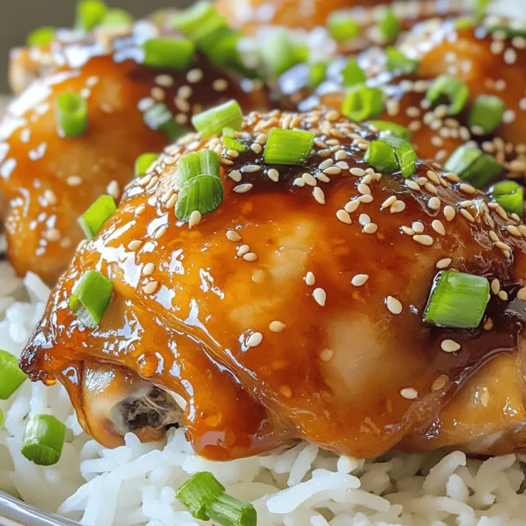 To make Baked Teriyaki Chicken, you need simple ingredients. Here’s what you'll need: - 4 skinless, boneless chicken thighs - 1/2 cup low-sodium soy sauce - 1/4 cup honey - 2 tablespoons rice vinegar - 2 tablespoons freshly grated ginger - 2 cloves garlic, minced - 1 tablespoon sesame oil - 1 tablespoon cornstarch mixed with 2 tablespoons water (slurry for thickening) - 1/4 cup sliced green onions (for garnish) - Sesame seeds (for garnish) Each ingredient plays a role in creating a savory and flavorful dish. The chicken thighs stay juicy and tender. Low-sodium soy sauce gives umami without too much salt. Honey adds sweetness, while rice vinegar balances the flavors. Ginger and garlic bring warmth and depth. Sesame oil adds a nutty aroma, making every bite special. The cornstarch slurry helps thicken the sauce, making it sticky and rich. Using fresh ingredients makes a big difference. They enhance the taste and make the dish shine. You can find these ingredients at most grocery stores. For the full recipe, check out the complete guide for step-by-step instructions on how to bring this dish to life. Preparing the Oven and Ingredients - Preheat the oven to 400°F (200°C). - In a bowl, mix low-sodium soy sauce, honey, rice vinegar, ginger, garlic, and sesame oil. This makes your teriyaki sauce. Marinating the Chicken - Take skinless, boneless chicken thighs and place them in a baking dish. - Pour the teriyaki sauce over the chicken. Make sure each piece is well-coated. - Cover the dish and let it marinate for at least 30 minutes. This step enhances the flavor. Baking the Chicken - After marinating, cover the dish with aluminum foil. - Bake for 25 minutes to keep the chicken moist. - Remove the foil and bake for an extra 15 minutes. This helps caramelize the sauce. Finishing the Sauce - While the chicken bakes, pour the leftover sauce into a small pot. - Heat it over medium heat until it simmers. - Stir in the cornstarch mixed with water. Cook for 2-3 minutes to thicken. Adjust the thickness to your liking. Serving the Dish - Once done, take the chicken out and let it rest for a few minutes. - Slice the chicken thighs and arrange them on a platter. - Drizzle the thickened teriyaki sauce on top. - Garnish with sliced green onions and sesame seeds for extra flavor and crunch. For more detailed steps, check the Full Recipe. - Use low-sodium soy sauce for a healthier option - Allow sauce to simmer longer for richer flavor When making teriyaki sauce, start with low-sodium soy sauce. This choice helps reduce salt intake while keeping the dish tasty. I often let the sauce simmer for at least 10 minutes. This process deepens the flavors and adds a rich taste. - Substitute chicken thighs with breasts - Experiment with added vegetables like bell peppers or broccoli You can easily switch chicken thighs for breasts. Chicken breasts cook faster, so adjust the time. Also, feel free to add veggies. Bell peppers or broccoli add great colors and flavors. You can toss them in during the last 15 minutes of baking for a lovely crunch. - Serve over rice or noodles - Pair with fresh steamed vegetables Serving your teriyaki chicken over rice or noodles is a must. The sauce seeps into the grains, making every bite amazing. Fresh steamed veggies, like green beans or snap peas, make a great side. They add color and nutrition to your meal. For the full recipe, check the details above. {{image_4}} After enjoying your baked teriyaki chicken, store any leftovers in an airtight container. Refrigeration helps keep the chicken fresh. You should eat it within 3-4 days for the best taste and safety. If you want to save some for later, freezing is a great choice. Freeze the chicken in individual portions for easy meals. When you are ready to eat, thaw it in the refrigerator before reheating. This keeps the meat moist and tasty. When it’s time to enjoy your leftovers, you can reheat the chicken in the oven or microwave. For the oven, heat it at 350°F (175°C) until warmed through. If using a microwave, make sure to heat it evenly to keep it juicy. Baked teriyaki chicken is a tasty dish that packs a punch in flavor. Each serving has about 300 calories. You get around 25 grams of protein, which helps build muscles. The dish also has about 20 grams of carbs and 15 grams of fat. This balance makes it a great meal for both energy and satisfaction. Using ginger and garlic in this recipe adds more than just flavor. Ginger can help with digestion and reduce inflammation. Garlic is known for boosting the immune system and lowering blood pressure. Choosing low-sodium soy sauce makes this dish healthier. It helps keep the salt level lower, which is good for heart health. For a balanced meal, I suggest serving one chicken thigh per person. You can pair it with a cup of rice or veggies. This way, you control portions while enjoying a filling meal. If you have leftovers, they can be stored well for future meals. Yes, but cooking time may vary. Chicken breasts cook faster than thighs. Keep an eye on them and check for doneness early. Maple syrup or agave syrup are good alternatives. These options add sweetness without losing flavor. Use a meat thermometer to check for 165°F (75°C). This ensures the chicken is safe and juicy. Yes, substitute chicken with tofu or tempeh. Both options soak up teriyaki sauce well. For best results, marinate for at least 30 minutes, or up to overnight. This enhances flavor and tenderness. This blog post shared a simple recipe for teriyaki chicken using basic ingredients. You learned how to prepare, marinate, bake, and serve chicken thighs for great flavor. Also, we discussed tips for perfecting your sauce and variations to keep it fresh. Storing leftovers and reheating them properly can help with meal prep too. I hope you feel ready to make this dish and enjoy a tasty meal. Happy cooking!