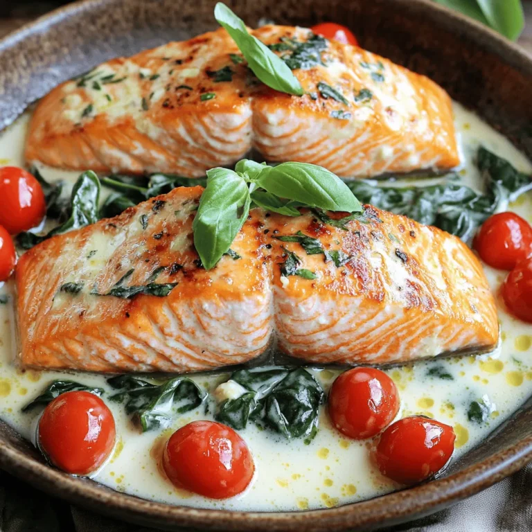 - Salmon fillets - Olive oil - Garlic - Cherry tomatoes - Spinach - Heavy cream - Parmesan cheese - Italian seasoning - Salt and pepper - Fresh basil To make creamy Tuscan salmon, gather these fresh ingredients. Use salmon fillets for the best taste. The olive oil helps to sear the fish and adds flavor. Garlic gives a nice aroma and taste. Cherry tomatoes bring sweetness and color. Fresh spinach adds nutrition and a pop of green. Heavy cream is key for that rich sauce. The Parmesan cheese melts into the cream, making it smooth. Italian seasoning gives you that classic Tuscan flavor. Salt and pepper are important for seasoning to taste. Finally, fresh basil adds a lovely finish on top. Having these ingredients ready makes cooking easier. For the full recipe, check out the detailed instructions. You'll love how each part comes together for a delicious meal! To get crispy skin, heat olive oil in a skillet over medium-high heat. Season the salmon with salt and pepper. Once the oil shimmers, place the salmon skin-side down. Sear for 4-5 minutes until the skin is golden. Flip and cook for another 3-4 minutes. The salmon should be cooked through but still moist. Timing is key when sautéing garlic. Add minced garlic to the skillet and cook for 30 seconds. You want it fragrant, not burnt. Then, toss in halved cherry tomatoes. Cook for 3-4 minutes until they soften and burst. This adds great flavor to your dish. To make the sauce creamy, stir in the chopped spinach after the tomatoes. Cook for 1-2 minutes until the spinach wilts. Then, pour in the heavy cream and let it simmer. You want a smooth, thick sauce, so keep stirring. Add grated Parmesan cheese and Italian seasoning. Taste your sauce and adjust it with more salt or pepper if needed. Now you can find the complete recipe in the [Full Recipe]. To cook perfect salmon, start with the right temperature. Aim for medium-high heat to get a nice sear. You want the salmon to cook evenly. Cook the salmon until it reaches an internal temperature of 145°F. This ensures it is safe to eat and still moist. Choosing fresh salmon is key. Look for fillets with bright color and a moist surface. The scent should be fresh and mild, not fishy. If the salmon has clear eyes and shiny skin, it is a good sign. Always buy from a trusted source to ensure quality. To boost flavor, consider adding fresh herbs like dill or parsley. They add a nice touch to the dish. You can also try spices like paprika or red pepper flakes for a bit of heat. Pairing these with the creamy sauce can create rich layers of taste. For extra creaminess, consider adding a splash of cream cheese or mascarpone. They melt well and blend nicely into the sauce. You can also mix in a bit of sour cream for a tangy twist. These small additions can elevate the dish even further. For the full recipe, check out the section above! {{image_4}} If you want to change the dish, try these swaps: - Heavy cream: Use half-and-half or coconut milk for a lighter sauce. - Cheeses: Swap Parmesan for feta or goat cheese for a tangy twist. These substitutions keep the creamy texture while offering new flavors. Want to spice things up? Here are some ideas: - Add spice: A pinch of red pepper flakes can bring heat. Fresh herbs like dill or parsley enhance the flavor too. - Vegetarian options: Swap salmon for firm tofu or mushrooms. Follow the same cooking steps for a rich flavor. These variations let you enjoy Creamy Tuscan Salmon in many ways. For the full recipe, check the earlier section. To keep your creamy Tuscan salmon fresh, store it in the fridge. Use an airtight container to protect the flavors. The salmon lasts up to three days when stored properly. If you want to enjoy it later, consider freezing it. Frozen salmon can last up to three months. Just make sure to use a freezer-safe container. When reheating creamy salmon, avoid drying it out. The best method is to use low heat. You can reheat it on the stove or in the microwave. If using the microwave, cover the dish with a damp paper towel to keep it moist. For the stove, add a splash of cream or broth to help revive the sauce. For storage, I recommend using glass containers. They keep the salmon fresh and reheat evenly. Enjoy your meal again without losing that creamy goodness! You can pair Creamy Tuscan Salmon with several tasty sides. Here are some ideas: - Fluffy rice: White or brown rice soaks up the sauce well. - Pasta: Fettuccine or penne goes great with the creamy sauce. - Crusty bread: Use it to dip in the sauce for extra flavor. - Steamed vegetables: Broccoli or asparagus add color and nutrition. For drinks, I recommend serving a crisp white wine. A Sauvignon Blanc or Pinot Grigio complements the salmon's richness. Yes, you can freeze Creamy Tuscan Salmon. Follow these tips for best results: - Cool completely: Let it cool before you freeze it. - Use airtight containers: This helps prevent freezer burn. - Label: Write the date on the container for future reference. When you thaw it, do so in the fridge. This helps keep the texture intact. The cream may not be as thick after freezing but will still taste good. To check if salmon is done, look for these signs: - Color: It should be opaque and flake easily with a fork. - Temperature: The ideal internal temperature is 145°F (63°C). Using a digital thermometer is the best way to check. Insert it into the thickest part of the fillet. If it reads 145°F, your salmon is cooked and ready to enjoy! This post covered how to make Creamy Tuscan Salmon from start to finish. You learned about the ingredients, cooking techniques, and tips for great flavor. We discussed how to store and reheat leftovers, as well as answered common questions about serving and freezing salmon. Cooking can be fun and rewarding. With these steps, you can enjoy a tasty dish anytime. So, gather your ingredients and get started. Happy cooking!