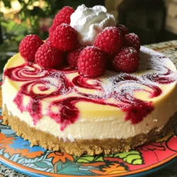 To make the raspberry swirl cheesecake, gather these key ingredients: - 1 ½ cups graham cracker crumbs - ½ cup unsalted butter, melted - 2 tablespoons granulated sugar - 16 oz cream cheese, softened to room temperature - ¾ cup granulated sugar - 3 large eggs, at room temperature - 1 teaspoon pure vanilla extract - 1 cup sour cream, at room temperature - 1 cup fresh raspberries, plus extra for garnish - 2 tablespoons raspberry jam You can add these ingredients for a fun twist: - Zest of one lemon for a citrus kick - A pinch of salt to enhance sweetness - A splash of almond extract for depth If you need to swap for allergies, consider these options: - Use gluten-free graham crackers for a gluten-free crust. - Replace cream cheese with a dairy-free cream cheese alternative. - Use flax eggs instead of real eggs for a vegan option. Using these ingredients and substitutions makes this cheesecake delightfully flexible for all! For the full recipe, check out the detailed instructions. To make the Raspberry Swirl Cheesecake, start by gathering your ingredients. This makes the process smooth and fun. First, preheat your oven to 325°F (160°C). Grease a 9-inch springform pan to stop the cheesecake from sticking. You will soon see how easy it is to create a lovely dessert. 1. Make the Crust: Combine 1 ½ cups of graham cracker crumbs, ½ cup of melted butter, and 2 tablespoons of sugar in a bowl. Mix until it looks like wet sand. Press this mixture into the bottom of the springform pan. Bake it for about 10 minutes, then take it out to cool. 2. Prepare the Filling: In a large bowl, use an electric mixer to beat 16 oz of softened cream cheese with ¾ cup of sugar. Mix until creamy, about 3-4 minutes. Add 3 large eggs one at a time, mixing well after each. Next, add 1 teaspoon of vanilla extract and 1 cup of sour cream. Mix until smooth. 3. Create Raspberry Swirl: To make the swirl, heat 1 cup of fresh raspberries and 2 tablespoons of raspberry jam in a small saucepan. Stir it gently for about 3-4 minutes until it thickens. Let it cool slightly. 4. Assemble the Cheesecake: Pour half of the cheesecake filling into the crust. Spoon the raspberry mixture on top, then add the rest of the cheesecake batter. Use a knife to swirl the raspberry sauce into the batter for a pretty design. 5. Bake the Cheesecake: Place the cheesecake in the oven. Bake it for 55-60 minutes. The center should be set but still jiggles a bit. Turn off the oven and crack the door open for about 1 hour to cool it down. After the cheesecake cools, move it to the fridge. Chill it for at least 4 hours, but overnight is best. This helps the flavors blend. When ready to serve, take it out of the springform pan. Slice it up and enjoy! The fresh raspberries on top add a nice touch. For the full recipe, refer to the earlier sections. When making raspberry swirl cheesecake, avoid a few key mistakes: - Overmixing the batter: This can lead to cracks. Mix just until smooth. - Not preheating the oven: Preheat to 325°F for even baking. - Skipping the cooling step: Let the cheesecake cool in the oven. This prevents cracks. - Using cold ingredients: Make sure all ingredients are at room temperature. This helps mix better. To create the perfect swirl in your cheesecake: - Make your raspberry sauce first: This allows it to cool before adding. - Use a light hand: Drop spoonfuls of the sauce onto the batter. Then, gently swirl with a knife. - Don't overdo it: A few swirls are enough to keep the pattern visible. Serving your raspberry swirl cheesecake can be fun and simple: - Chill before serving: It tastes best cold, so chill for at least four hours. - Garnish for flair: Top with fresh raspberries and a dusting of powdered sugar. - Pair with cream: A dollop of whipped cream adds a nice touch. - Serve on colorful plates: This makes your cheesecake look even more inviting. For the full recipe, check out the details above. {{image_4}} You can make a vegan version of this cheesecake. To do this, use plant-based cream cheese. Replace sour cream with coconut cream. For the eggs, try using flaxseed meal mixed with water. This will help bind the mixture. 1. Mix 1 tablespoon of flaxseed meal with 2.5 tablespoons of water. 2. Let it sit for about five minutes until it thickens. 3. Use this in place of each egg in the recipe. Your vegan raspberry swirl cheesecake will taste just as good! To make a gluten-free crust, swap regular graham crackers for gluten-free ones. You can find these in most stores. If you prefer, use crushed almonds or oats as a base. 1. Combine 1 ½ cups of gluten-free crumbs with ½ cup melted coconut oil. 2. Mix in the sugar and press it into the pan. This way, everyone can enjoy the delight of this cheesecake! While raspberries are fantastic, you can try other fruits. Strawberries, blueberries, or blackberries work well too. Simply use the same method to create the swirl. 1. For strawberries, mash fresh ones with a little sugar. 2. If you want a tropical twist, use mango puree or passion fruit. These options add variety and fun to your cheesecake. Check out the Full Recipe for more details! To keep your raspberry swirl cheesecake fresh, store it in the fridge. Use an airtight container or cover it with plastic wrap. This helps prevent it from absorbing any strange smells or flavors. Always let it cool completely before storing. Avoid cutting into it until you're ready to serve. This keeps the edges from drying out. You can freeze raspberry swirl cheesecake for later enjoyment. First, let it cool completely in the fridge. Then, wrap it well in plastic wrap and aluminum foil. This protects it from freezer burn. When ready to eat, thaw it overnight in the fridge. Enjoy it cold for the best taste! Your cheesecake will last about 5 to 7 days in the fridge. Make sure to check for any signs of spoilage. If it looks or smells off, it’s best to toss it. The sweet, tangy flavors will be at their peak during this time. For the best taste, enjoy it sooner rather than later. For the full recipe, check out the details above! To slice cheesecake, use a sharp knife. Dip the knife in warm water first. This helps the knife glide through the creamy layers. Wipe the knife with a clean cloth after each cut. This keeps the slices neat and pretty. You can also use a cheese wire for a clean cut. Make sure to slice the cheesecake when it's cold. Cold cheesecake holds its shape better. Yes, you can make this cheesecake ahead of time. In fact, it tastes better the next day! After you bake and cool it, chill the cheesecake in the fridge. Cover it with plastic wrap to keep it fresh. You can make it up to three days in advance. This gives the flavors time to meld together. Just remember to garnish right before serving for the best look. To check if your cheesecake is done, look for a slight jiggle in the center. It should not be liquid but still move a bit. This means it will set perfectly as it cools. You can also gently tap the pan. If the edges are firm and the middle jiggles, it’s ready. Always turn off the oven and let it cool slowly with the door ajar. This helps prevent cracks on the surface. We covered all the key steps to make a delicious raspberry swirl cheesecake. You now know the ingredients needed, how to bake, and tips to avoid common errors. Remember, you can try vegan or gluten-free versions too. Proper storage will keep your cheesecake fresh longer. Follow these tips, and enjoy a dessert that impresses! With practice, you'll master this tasty recipe and make it your own. Happy baking!