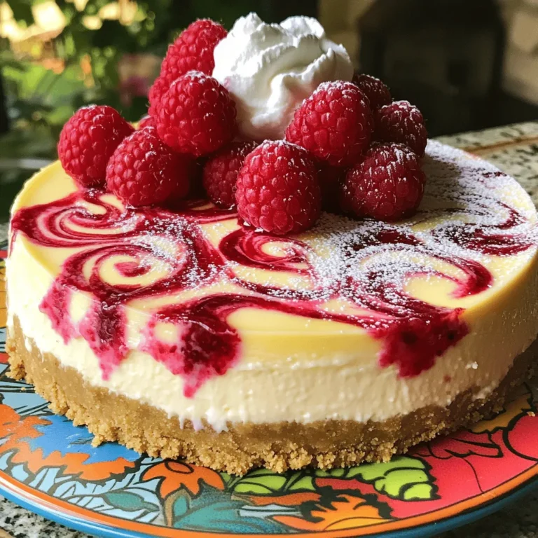 To make the raspberry swirl cheesecake, gather these key ingredients: - 1 ½ cups graham cracker crumbs - ½ cup unsalted butter, melted - 2 tablespoons granulated sugar - 16 oz cream cheese, softened to room temperature - ¾ cup granulated sugar - 3 large eggs, at room temperature - 1 teaspoon pure vanilla extract - 1 cup sour cream, at room temperature - 1 cup fresh raspberries, plus extra for garnish - 2 tablespoons raspberry jam You can add these ingredients for a fun twist: - Zest of one lemon for a citrus kick - A pinch of salt to enhance sweetness - A splash of almond extract for depth If you need to swap for allergies, consider these options: - Use gluten-free graham crackers for a gluten-free crust. - Replace cream cheese with a dairy-free cream cheese alternative. - Use flax eggs instead of real eggs for a vegan option. Using these ingredients and substitutions makes this cheesecake delightfully flexible for all! For the full recipe, check out the detailed instructions. To make the Raspberry Swirl Cheesecake, start by gathering your ingredients. This makes the process smooth and fun. First, preheat your oven to 325°F (160°C). Grease a 9-inch springform pan to stop the cheesecake from sticking. You will soon see how easy it is to create a lovely dessert. 1. Make the Crust: Combine 1 ½ cups of graham cracker crumbs, ½ cup of melted butter, and 2 tablespoons of sugar in a bowl. Mix until it looks like wet sand. Press this mixture into the bottom of the springform pan. Bake it for about 10 minutes, then take it out to cool. 2. Prepare the Filling: In a large bowl, use an electric mixer to beat 16 oz of softened cream cheese with ¾ cup of sugar. Mix until creamy, about 3-4 minutes. Add 3 large eggs one at a time, mixing well after each. Next, add 1 teaspoon of vanilla extract and 1 cup of sour cream. Mix until smooth. 3. Create Raspberry Swirl: To make the swirl, heat 1 cup of fresh raspberries and 2 tablespoons of raspberry jam in a small saucepan. Stir it gently for about 3-4 minutes until it thickens. Let it cool slightly. 4. Assemble the Cheesecake: Pour half of the cheesecake filling into the crust. Spoon the raspberry mixture on top, then add the rest of the cheesecake batter. Use a knife to swirl the raspberry sauce into the batter for a pretty design. 5. Bake the Cheesecake: Place the cheesecake in the oven. Bake it for 55-60 minutes. The center should be set but still jiggles a bit. Turn off the oven and crack the door open for about 1 hour to cool it down. After the cheesecake cools, move it to the fridge. Chill it for at least 4 hours, but overnight is best. This helps the flavors blend. When ready to serve, take it out of the springform pan. Slice it up and enjoy! The fresh raspberries on top add a nice touch. For the full recipe, refer to the earlier sections. When making raspberry swirl cheesecake, avoid a few key mistakes: - Overmixing the batter: This can lead to cracks. Mix just until smooth. - Not preheating the oven: Preheat to 325°F for even baking. - Skipping the cooling step: Let the cheesecake cool in the oven. This prevents cracks. - Using cold ingredients: Make sure all ingredients are at room temperature. This helps mix better. To create the perfect swirl in your cheesecake: - Make your raspberry sauce first: This allows it to cool before adding. - Use a light hand: Drop spoonfuls of the sauce onto the batter. Then, gently swirl with a knife. - Don't overdo it: A few swirls are enough to keep the pattern visible. Serving your raspberry swirl cheesecake can be fun and simple: - Chill before serving: It tastes best cold, so chill for at least four hours. - Garnish for flair: Top with fresh raspberries and a dusting of powdered sugar. - Pair with cream: A dollop of whipped cream adds a nice touch. - Serve on colorful plates: This makes your cheesecake look even more inviting. For the full recipe, check out the details above. {{image_4}} You can make a vegan version of this cheesecake. To do this, use plant-based cream cheese. Replace sour cream with coconut cream. For the eggs, try using flaxseed meal mixed with water. This will help bind the mixture. 1. Mix 1 tablespoon of flaxseed meal with 2.5 tablespoons of water. 2. Let it sit for about five minutes until it thickens. 3. Use this in place of each egg in the recipe. Your vegan raspberry swirl cheesecake will taste just as good! To make a gluten-free crust, swap regular graham crackers for gluten-free ones. You can find these in most stores. If you prefer, use crushed almonds or oats as a base. 1. Combine 1 ½ cups of gluten-free crumbs with ½ cup melted coconut oil. 2. Mix in the sugar and press it into the pan. This way, everyone can enjoy the delight of this cheesecake! While raspberries are fantastic, you can try other fruits. Strawberries, blueberries, or blackberries work well too. Simply use the same method to create the swirl. 1. For strawberries, mash fresh ones with a little sugar. 2. If you want a tropical twist, use mango puree or passion fruit. These options add variety and fun to your cheesecake. Check out the Full Recipe for more details! To keep your raspberry swirl cheesecake fresh, store it in the fridge. Use an airtight container or cover it with plastic wrap. This helps prevent it from absorbing any strange smells or flavors. Always let it cool completely before storing. Avoid cutting into it until you're ready to serve. This keeps the edges from drying out. You can freeze raspberry swirl cheesecake for later enjoyment. First, let it cool completely in the fridge. Then, wrap it well in plastic wrap and aluminum foil. This protects it from freezer burn. When ready to eat, thaw it overnight in the fridge. Enjoy it cold for the best taste! Your cheesecake will last about 5 to 7 days in the fridge. Make sure to check for any signs of spoilage. If it looks or smells off, it’s best to toss it. The sweet, tangy flavors will be at their peak during this time. For the best taste, enjoy it sooner rather than later. For the full recipe, check out the details above! To slice cheesecake, use a sharp knife. Dip the knife in warm water first. This helps the knife glide through the creamy layers. Wipe the knife with a clean cloth after each cut. This keeps the slices neat and pretty. You can also use a cheese wire for a clean cut. Make sure to slice the cheesecake when it's cold. Cold cheesecake holds its shape better. Yes, you can make this cheesecake ahead of time. In fact, it tastes better the next day! After you bake and cool it, chill the cheesecake in the fridge. Cover it with plastic wrap to keep it fresh. You can make it up to three days in advance. This gives the flavors time to meld together. Just remember to garnish right before serving for the best look. To check if your cheesecake is done, look for a slight jiggle in the center. It should not be liquid but still move a bit. This means it will set perfectly as it cools. You can also gently tap the pan. If the edges are firm and the middle jiggles, it’s ready. Always turn off the oven and let it cool slowly with the door ajar. This helps prevent cracks on the surface. We covered all the key steps to make a delicious raspberry swirl cheesecake. You now know the ingredients needed, how to bake, and tips to avoid common errors. Remember, you can try vegan or gluten-free versions too. Proper storage will keep your cheesecake fresh longer. Follow these tips, and enjoy a dessert that impresses! With practice, you'll master this tasty recipe and make it your own. Happy baking!