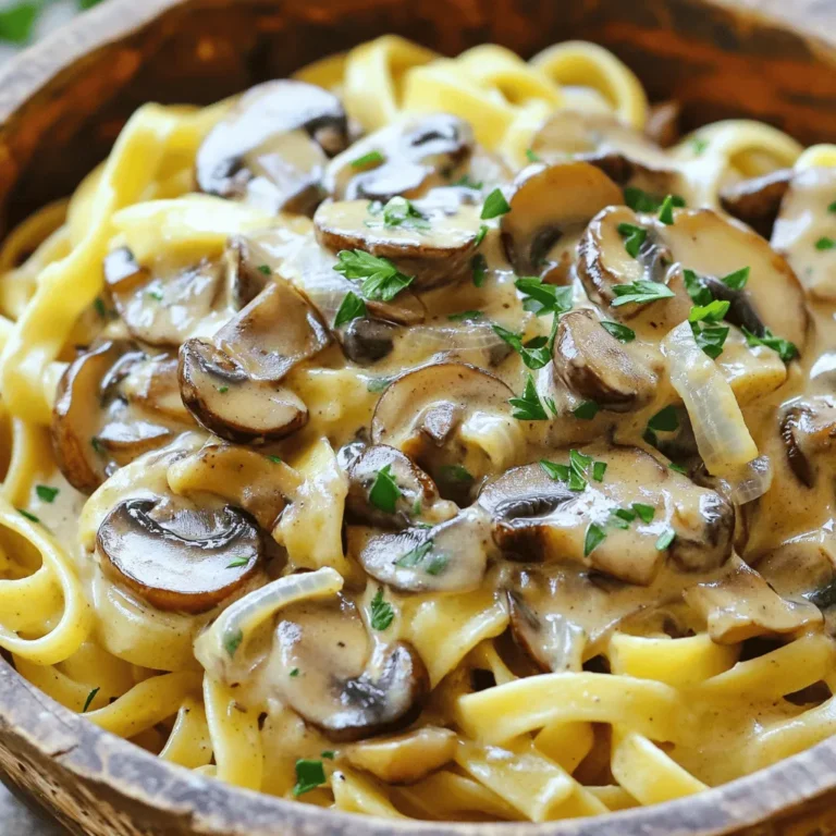 - 500g mixed mushrooms (cremini, shiitake, button) - 1 medium onion, finely chopped - 3 cloves garlic, minced - 1 cup vegetable broth - 1 cup creamy coconut milk - 2 tablespoons soy sauce or tamari - 250g pasta (fettuccine or egg noodles) - 1 tablespoon Dijon mustard - 2 teaspoons dried thyme - Salt and freshly cracked black pepper When I create Mushroom Stroganoff, I start with fresh, mixed mushrooms. Using cremini, shiitake, and button mushrooms gives depth to the dish. I finely chop one medium onion and mince three cloves of garlic for a strong base flavor. Next, I gather my additional ingredients. I use one cup of vegetable broth for richness and one cup of creamy coconut milk for a smooth texture. Adding two tablespoons of soy sauce or tamari enhances the umami taste. For the pasta, I prefer 250g of fettuccine or egg noodles. They hold the sauce well. I also use one tablespoon of Dijon mustard and two teaspoons of dried thyme to add layers of flavor. Finally, I season with salt and freshly cracked black pepper to taste. This recipe is simple, yet it brings so much joy. If you want to explore cooking this dish, check out the Full Recipe for all the steps! - Bring salted water to a boil. - Cook pasta until al dente, about 8-10 minutes. - Drain and reserve a cup of pasta water. - Heat olive oil in a skillet over medium heat. - Add onions and garlic, sauté until they are soft. - Incorporate mushrooms, cooking until golden-brown, about 5-7 minutes. - Add vegetable broth, coconut milk, soy sauce, and mustard to the skillet. - Bring to a gentle simmer, allowing flavors to mix well. - Let the sauce thicken for 5-8 minutes, then season to taste. - Mix cooked pasta with the sauce in the skillet. - Adjust the consistency with reserved pasta water if needed. - Garnish with fresh parsley before serving. Follow these steps closely for a delicious outcome. For a full recipe, check the detailed instructions above. To thicken your sauce, simmer it longer. The heat will help it reduce. If you want it creamier, add a splash more coconut milk. Always keep stirring to avoid sticking. Cooking pasta al dente is key. This means it should be firm to the bite. It will soak up the sauce without getting mushy. If you follow these steps, your dish will have the perfect texture. Adding herbs can boost flavor. Try fresh thyme or parsley for bright notes. A pinch of smoked paprika can add depth too. Adjust the salt and pepper to your taste. Start with a little, then add more as needed. Taste as you go; this is important. Each ingredient brings its unique flavor. Make sure they all shine in the dish. Serving in deep bowls works best for this dish. It keeps the sauce around the pasta. You can drizzle a bit of olive oil on top before serving. For garnishing, sprinkle fresh parsley on each plate. You can also add a few extra sautéed mushrooms for a pop. A touch of color adds appeal and makes it look gourmet. For the full recipe with detailed steps, refer to the [Full Recipe]. {{image_4}} You can make this dish vegan with easy swaps. Use different plant-based cream options like cashew cream or almond milk. These options add a nice touch. If you want a savory flavor, substitute soy sauce with coconut aminos. This change keeps the dish gluten-free and adds a hint of sweetness. Want to boost the protein? Mix in tofu or tempeh. Both options soak up flavors well. You can also add cooked lentils. They add texture and a hearty feel. It’s an easy way to make your meal more filling. If you need gluten-free options, choose gluten-free pasta. Many brands offer great choices. You can also thicken the sauce with cornstarch or arrowroot powder. Just mix it with cold water first. This way, you avoid using flour while keeping the sauce creamy. For the full recipe, check out the [Full Recipe]. Store leftover Mushroom Stroganoff in an airtight container. It keeps well in the fridge for up to three days. When you want to eat it, just take it out and let it sit for a few minutes. This helps it warm up faster. Always check for any signs of spoilage before enjoying. To freeze Mushroom Stroganoff, let it cool completely. Then, place it in a freezer-safe container. You can freeze it for up to three months. When you’re ready to eat, take it out of the freezer and put it in the fridge overnight to thaw. For a quick thaw, place the container in cold water for a few hours. Reheat Mushroom Stroganoff on the stove for the best texture. Use low heat and stir often. If it seems too thick, add a splash of vegetable broth or water. You may want to taste it again and adjust the seasoning after reheating. This ensures all flavors shine through. You can use almond milk or soy milk. These options offer a lighter taste. If you want creaminess, try cashew cream. Each choice brings a unique flavor. Almond milk adds a nutty touch, while soy milk is more neutral. Cashew cream gives a rich, thick texture. For a closer match, blend soaked cashews with water. This creates a cream that mimics coconut milk well. Yes, you can prepare Mushroom Stroganoff in advance. Cook the pasta and sauce separately. Keep them in separate containers in the fridge. When you’re ready to eat, combine them in a skillet. Heat gently on low heat. You may need to add a splash of water or broth to loosen the sauce. This keeps the pasta from getting too dry. Traditional Mushroom Stroganoff uses egg noodles or wheat pasta. This means it’s not gluten-free. To make it gluten-free, use rice noodles or gluten-free pasta. Many brands offer great options that taste good. Always check labels to avoid gluten. This way, everyone can enjoy a tasty meal without worry. In this article, we explored a delicious Mushroom Stroganoff recipe. We discussed key ingredients, cooking steps, and tips for perfect texture and flavor. You learned about variations for vegan, protein-rich, and gluten-free options. Proper storage methods were also shared to keep your dish fresh. Overall, this recipe offers a warm, comforting meal full of flavor. With these steps, you can enjoy a home-cooked dish that’s easy to make and satisfying. Dive in and start cooking!
